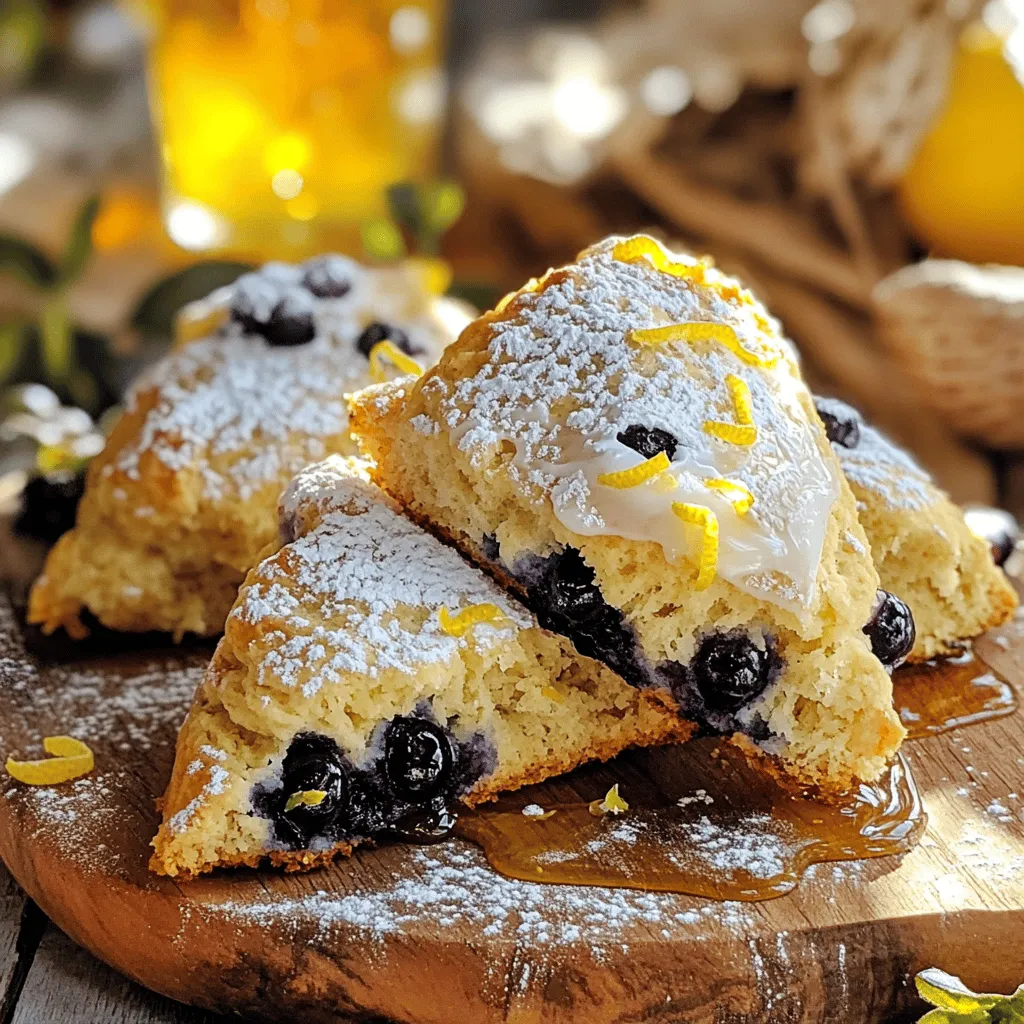 - 2 cups all-purpose flour - 1/3 cup granulated sugar - 1 tablespoon baking powder - 1/2 teaspoon salt - 1/2 cup unsalted butter, cold and cubed - 1 cup fresh blueberries - Zest of 1 lemon - 1 tablespoon lemon juice - 1/2 cup heavy cream - 1 large egg - Additional heavy cream for brushing - Turbinado sugar for topping Using fresh ingredients is key for great scones. Fresh blueberries burst with flavor and moisture. They keep your scones juicy and delicious. Fresh lemon zest adds a bright taste. The zest gives a strong lemon flavor without extra liquid. If fresh blueberries are out of season, you can use frozen ones. Just make sure to thaw and drain them first. For a twist, try using raspberries or blackberries. They pair well with lemon, too. You can substitute heavy cream with whole milk if needed. The scones may be a bit less rich but still tasty. For a dairy-free option, use almond milk or coconut cream instead. Remember, using cold butter keeps the scones light and flaky. These tips help you make the best lemon blueberry scones. You can find the Full Recipe to get started! 1. Preheating the Oven and Preparing the Baking Sheet First, preheat your oven to 400°F (200°C). This step ensures your scones bake evenly. Next, line a baking sheet with parchment paper. This will help prevent sticking and make cleanup easy. 2. Mixing Dry Ingredients In a large mixing bowl, combine 2 cups of all-purpose flour, 1/3 cup of granulated sugar, 1 tablespoon of baking powder, and 1/2 teaspoon of salt. Whisk these dry ingredients well. This step mixes everything for a smooth dough. 3. Incorporating Butter into the Mixture Now, add 1/2 cup of cold, cubed unsalted butter to your flour mix. Use a pastry cutter or your fingertips to blend the butter. You want the mixture to resemble coarse crumbs. Leave some pea-sized bits of butter. This will add flakiness to your scones. 4. Folding in Blueberries and Lemon Zest Gently fold in 1 cup of fresh blueberries and the zest of 1 lemon. Be careful not to crush the blueberries. This keeps their shape and adds juicy bursts of flavor. 5. Preparing the Liquid Mixture In a separate bowl, whisk together 1/2 cup of heavy cream, 1 large egg, and 1 tablespoon of lemon juice. Mix until it is fully blended and frothy. This mixture will help bind your dough. 6. Combining Dry and Wet Ingredients Slowly pour the liquid mixture into your bowl of dry ingredients. Stir gently until just combined. Be cautious to avoid overmixing. The dough should feel slightly sticky, which helps keep your scones light and fluffy. 7. Kneading the Dough Lightly flour a clean surface. Turn the dough out onto it. With gentle hands, knead the dough a couple of times. Aim to form it into a ball. Do not overwork it, as this can make the scones tough. 8. Slicing and Placing on the Baking Sheet Flatten the dough into a circle about 1 inch thick. Use a sharp knife or pizza cutter to slice it into 8 wedges. Carefully place these scones on the prepared baking sheet, spacing them apart. 9. Baking Time and Techniques Brush the tops of each scone with a little extra heavy cream. This helps them brown nicely. Sprinkle turbinado sugar on top for sweetness. Bake the scones for 15-20 minutes. They are done when the edges are golden brown and a toothpick comes out clean. 10. Cooling Once baked, let the scones cool on the baking sheet for a few minutes. Then, transfer them to a wire rack to cool completely. Enjoy the delightful flavors of lemon and blueberry! - Avoiding Overmixing: When you mix the dough, gentle is key. Stir until just combined. Overmixing makes scones tough. You want a soft, tender bite. - Ensuring Cold Ingredients are Used: Keep your butter and cream cold. Cold butter creates steam during baking. This steam makes your scones light and fluffy. - Variations in Mixing Techniques: Try using a fork to mix in the butter. This method breaks it into smaller bits. You can also use a food processor for quick mixing. Just pulse a few times to avoid overmixing. - Incorporating Additional Flavorings: Want more zing? Add more lemon zest or a splash of vanilla. You could also mix in herbs like thyme for a unique taste. - Ideal Accompaniments: These scones shine with clotted cream or honey. You can also serve them with fresh jam for a sweet twist. - Presentation Tips for Keeping Scones Fresh: Store scones in an airtight container. When serving, arrange them on a pretty plate. Garnish with whole blueberries and a dusting of powdered sugar for a beautiful touch. For the complete recipe, check out the Full Recipe for Lemon Blueberry Bliss Scones. {{image_4}} Ingredient Substitutions To make gluten-free lemon blueberry scones, swap all-purpose flour for a gluten-free blend. Look for blends that include xanthan gum. This will help mimic the texture of regular flour. Adjusting Baking Time Gluten-free scones may bake faster or slower. Check them at the 12-minute mark. If they’re not golden, give them a few more minutes. Always use a toothpick to test for doneness. Key Ingredient Changes For vegan lemon blueberry scones, replace butter with coconut oil or vegan butter. Use almond milk or oat milk in place of heavy cream. A flax egg can replace the large egg. Ensuring Texture and Flavor Vegan scones can end up dense if not mixed right. Mix wet and dry ingredients gently. This keeps the scones light. Also, adding a bit of apple cider vinegar can enhance the flavor and texture. Incorporating Nuts or Spices You can add chopped nuts like walnuts or pecans to the dough for extra crunch. A pinch of cinnamon or nutmeg will add warmth and depth to the flavor. Alternative Fruit Combinations If you want to switch things up, try raspberries or strawberries instead of blueberries. Each fruit will give a unique twist while keeping the refreshing lemon flavor. To keep your lemon blueberry scones fresh, focus on moisture control. Moisture can make them soggy and stale. Wrap each scone in plastic wrap or aluminum foil. Then, place them in an airtight container. This method helps preserve their fluffiness. Recommended containers include: - Airtight plastic containers - Zip-top bags - Glass jars with tight seals Freezing your scones is a great way to enjoy them later. Start by letting them cool completely after baking. Then, wrap each scone in plastic wrap. Place them in a freezer-safe bag or container. This prevents freezer burn. For the best taste, use your frozen scones within three months. Reheating instructions are simple. Preheat your oven to 350°F (175°C). Place the scones on a baking sheet and bake for 10 to 15 minutes. They will taste fresh as if they were just baked! Lemon blueberry scones can last for about three days at room temperature. If you store them in the fridge, they can last up to a week. Signs of spoilage include: - A dry or hard texture - Unpleasant odors - Mold growth If you notice any of these signs, it's best to discard the scones. Enjoy your lemon blueberry treats while they are fresh! For the Full Recipe, refer to the previous section. Yes, you can make these scones ahead of time. I suggest preparing the dough, then chill it for about 30 minutes. Wrap the unbaked scones in plastic wrap. Place them in the fridge for up to 24 hours. When you’re ready to bake, just take them out and bake them as directed. This keeps them fresh and tasty. Dense scones often result from a few common mistakes. First, overmixing the dough can lead to toughness. Mix just until combined. Second, using too much flour can weigh them down. Measure accurately. Lastly, make sure your baking powder is fresh. Old baking powder won’t rise well. Absolutely! You can use raspberries, strawberries, or cherries instead of blueberries. Each fruit adds a unique flavor. Just make sure to adjust the quantity if the fruit is larger or smaller than blueberries. This way, your scones will still turn out delicious. To reheat scones, preheat your oven to 350°F (175°C). Place the scones on a baking sheet. Cover them loosely with foil to keep them moist. Heat for about 10 minutes. This method keeps the scones fluffy and fresh, just like when they were first baked. You can find the Full Recipe for Lemon Blueberry Bliss Scones 🫐 [here](#). This detailed guide will help you create these tasty treats easily. In this post, we explored how to make delicious lemon blueberry scones. We highlighted the importance of fresh ingredients and shared tips for preparing, shaping, and baking your scones perfectly. I offered advice on variations for gluten-free and vegan options, as well as storage tips to keep them fresh. Remember, using cold ingredients and avoiding overmixing are key for fluffy scones. With these ideas and tricks, enjoy creating and sharing your tasty treats!