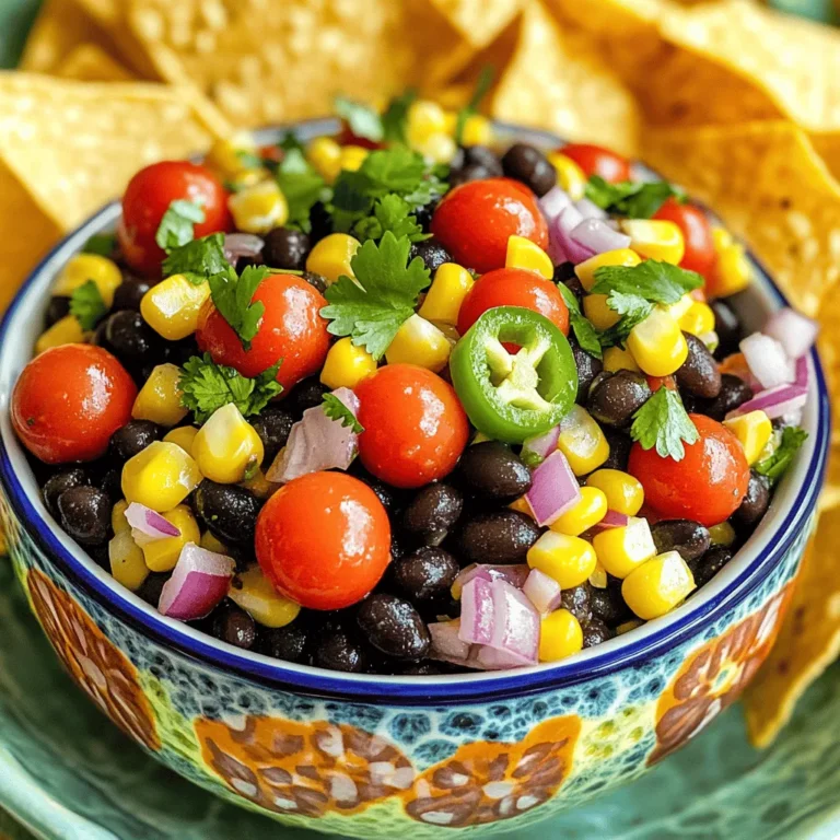 - 1 can (15 oz) black beans, thoroughly drained and rinsed - 1 cup sweet corn (can be frozen, fresh off the cob, or canned) - 1 cup cherry tomatoes, quartered for maximum flavor - 1 small red onion, finely diced for a delightful crunch - 1 bell pepper (choose red or yellow for sweetness), diced - 1 jalapeño, seeds removed and minced for a spicy kick - 1/4 cup fresh cilantro, generously chopped - 2 tablespoons lime juice, freshly squeezed for brightness - 1 teaspoon ground cumin for an earthy depth - Salt and pepper to taste, adjusted to enhance flavor Black beans are high in protein and fiber. They help keep you full. Sweet corn adds natural sweetness and crunch. It also provides vitamins and minerals. Cherry tomatoes bring a burst of juicy flavor and antioxidants. Red onion adds a crisp bite and enhances the salsa's color. Bell peppers offer sweetness and are rich in vitamins A and C. Jalapeños give a spicy kick, boosting metabolism. Fresh cilantro adds a bright flavor and may help with digestion. Lime juice brightens the dish and adds vitamin C. Ground cumin brings warmth and depth to the salsa. If you want different beans, try pinto or kidney beans. You can use grilled corn for a smoky flavor. Roma tomatoes work instead of cherry tomatoes if you prefer. For a milder salsa, use green bell peppers instead of red or yellow. If you can’t find jalapeños, try banana peppers or omit them for less heat. You can use parsley instead of cilantro if you dislike its flavor. Lemon juice can replace lime juice in a pinch. Lastly, skip cumin if you want a lighter taste, or use taco seasoning for a different twist. To start, gather all your ingredients. You will need black beans, corn, cherry tomatoes, red onion, bell pepper, jalapeño, cilantro, lime juice, cumin, salt, and pepper. First, drain and rinse the black beans. This helps remove excess sodium and ensures a clean taste. Next, measure out one cup of sweet corn. You can use frozen, fresh, or canned corn. All options work well! Cut the cherry tomatoes into quarters. This helps release their juices and adds more flavor. Finely dice the red onion and bell pepper. The red onion adds crunch, while the bell pepper brings sweetness. For some heat, remove the seeds from the jalapeño and mince it. Always remember to wash your hands after handling spicy peppers! This salsa does not require cooking, which keeps it fresh and vibrant. Instead, you mix everything in a bowl. Once you have prepped all your ingredients, place the black beans and corn in a large mixing bowl. This bowl needs to be big enough to hold everything without spilling. Now, add the quartered cherry tomatoes, diced onion, bell pepper, and minced jalapeño. Use a spatula or large spoon to gently fold the ingredients together. This keeps everything intact and helps maintain texture. Be careful not to mash the beans! For the best salsa, focus on texture. When mixing, fold the ingredients gently. This keeps the beans whole and the tomatoes juicy. After combining, chop the cilantro and add it last. This herb adds freshness and complements the other flavors. In a small bowl, whisk together the lime juice, cumin, and a pinch of salt and pepper. Pour this dressing over your salsa. Toss everything gently once more to coat the ingredients. Taste your salsa and adjust the seasoning. Add more lime juice or salt if needed. Let your salsa sit for at least 15 minutes. This resting time allows the flavors to meld beautifully. Serve it in a colorful bowl with tortilla chips for a fun appetizer. Enjoy your fresh and zesty black bean corn salsa! For the full recipe, check the earlier section. To boost the flavor of your salsa, use fresh ingredients. Fresh lime juice adds brightness. Try adding a dash of hot sauce for extra heat. You can also mix in some mango for a sweet twist. If you like garlic, a pinch of garlic powder works well too. Taste as you go, and adjust spices to your liking. Always choose ripe tomatoes for the best taste. If you use frozen corn, let it thaw first. A bright, colorful bell pepper adds sweetness and crunch. When picking cilantro, look for vibrant green leaves. Avoid yellow or wilted ones. Fresh herbs elevate the dish. Make sure everything is clean and dry before chopping. Wash your hands before handling food. Keep raw ingredients separate from cooked ones. Use a clean cutting board for veggies. If you’re using a jalapeño, wear gloves. The oils can irritate your skin. Store your salsa in a sealed container in the fridge. Consume it within three days for the best taste. {{image_4}} If you crave heat, try adding more jalapeños or even a chopped serrano pepper. You can also mix in diced chipotle in adobo sauce. This will give your salsa a smoky, spicy twist. Another idea is to use a dash of hot sauce. Just remember to taste as you go, so it fits your spice level. You can make this salsa work for different diets. For a vegan option, all ingredients are already plant-based. If you need a low-sodium version, rinse the beans well to cut salt. You can use fresh corn instead of canned for a sweeter taste. If you want a bit of creaminess, try adding diced avocado. This will make it rich and smooth. Fresh produce can change the game. In summer, add diced peaches or mango for a sweet twist. In fall, consider chopped bell peppers and diced apples for a crunchy, sweet mix. Using seasonal items keeps your salsa fresh and fun. The key is to play with what you have on hand. Enjoy the process and make it your own! To keep your salsa fresh, place it in an airtight container. This helps prevent air from getting in and spoiling the flavors. Make sure to cover it tightly. You can store it in the fridge for up to three days. If you notice any changes in smell or color, it's best to toss it out. If you want to save your salsa for later, freezing is a great option. Use a freezer-safe container or a zip-top bag. Leave some space at the top to allow for expansion. You can freeze it for up to three months. When you're ready to enjoy it, thaw it in the fridge overnight. Choose glass or plastic containers that seal well. These materials help keep your salsa fresh. Avoid using metal containers, as they can react with the ingredients. For smaller portions, ice cube trays work well. Just fill them with salsa, freeze, and then pop them into a bag for easy use later. You can serve Zesty Black Bean Corn Salsa with many dishes. It goes well with tortilla chips, tacos, or grilled meats. You can also use it as a topping for nachos or salads. This salsa adds color and flavor to any meal. Zesty Black Bean Corn Salsa stays fresh for about three to five days. Store it in the fridge in a sealed container. After this time, the flavors may fade, and the salsa may become watery. Yes, you can make this salsa ahead of time. It tastes even better after sitting for a while. Prepare it a few hours before serving or even the night before. Just remember to keep it in the fridge. Yes, Zesty Black Bean Corn Salsa is naturally gluten-free. All the ingredients, like beans and corn, do not contain gluten. So, it’s a safe option for those with gluten sensitivities. To make Zesty Black Bean Corn Salsa, gather these ingredients: - 1 can (15 oz) black beans, thoroughly drained and rinsed - 1 cup sweet corn (can be frozen, fresh off the cob, or canned) - 1 cup cherry tomatoes, quartered for maximum flavor - 1 small red onion, finely diced for a delightful crunch - 1 bell pepper (choose red or yellow for sweetness), diced - 1 jalapeño, seeds removed and minced for a spicy kick - 1/4 cup fresh cilantro, generously chopped - 2 tablespoons lime juice, freshly squeezed for brightness - 1 teaspoon ground cumin for an earthy depth - Salt and pepper to taste, adjusted to enhance flavor You can find the complete instructions in the Full Recipe section. This salsa is quick to make and full of flavor! In this blog post, we covered how to make Zesty Black Bean Corn Salsa. I shared ingredients, their benefits, and some swaps. The step-by-step guide included prep, cooking, and assembly tips. We also discussed ways to enhance flavor and safe food handling. Variations cater to spice lovers and dietary needs. Lastly, I provided storage tips to keep your salsa fresh. With these details, you can now create your own perfect salsa. Enjoy the process and the tasty results!