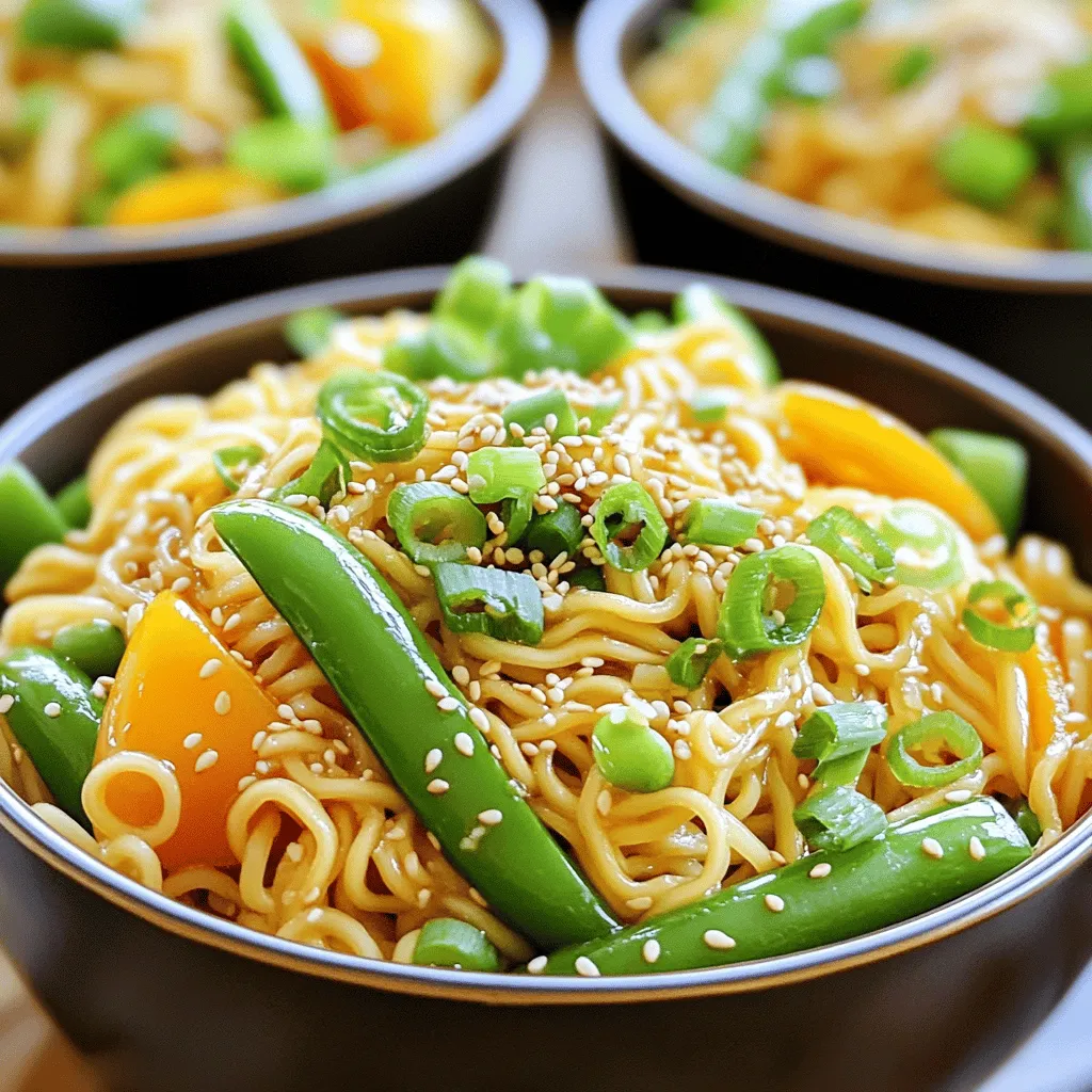 - 2 packs of instant ramen noodles (discard the seasoning packets) - 3 tablespoons sesame oil - 4 cloves garlic, finely minced - 1 inch fresh ginger, finely grated - 1/2 cup green onions, finely sliced - 1/2 cup snap peas, trimmed and halved - 1/2 cup bell peppers, cut into thin strips - 3 tablespoons soy sauce - 1 tablespoon rice vinegar - 1 tablespoon brown sugar - Toasted sesame seeds for garnish - Sriracha sauce for added heat The main ingredients here are instant ramen noodles, garlic, and ginger. They create a rich base. The sesame oil adds a nice nutty flavor. Green onions and vegetables like snap peas and bell peppers bring freshness. For the sauce, soy sauce, rice vinegar, and brown sugar balance salty and sweet notes. Optional add-ins like toasted sesame seeds and Sriracha give a tasty finish and heat. You can mix and match these ingredients based on what you have. This recipe is flexible, making it fun to try new flavors! To start, fill a large pot with water. Bring it to a full boil. Add the instant ramen noodles and cook them as the package says. You want them al dente, so check them often. Once cooked, drain the noodles. Make sure they do not stick together. Set them aside for later. Next, grab a small mixing bowl. In it, mix together the soy sauce, rice vinegar, and brown sugar. Use a whisk to blend these items well. Make sure the brown sugar dissolves fully. This sauce adds a tasty kick to your noodles. Now, heat the sesame oil in a large skillet or wok on medium heat. When it’s hot, add the minced garlic and grated ginger. Sauté them for about one minute. Stir them often so they smell great but do not turn brown. Browning can make them taste bitter. After the garlic and ginger smell good, add the snap peas and bell peppers to the skillet. Stir-fry for two to three minutes. You want them to stay bright and crunchy. Then, add the drained ramen noodles to the skillet. Pour the sauce over everything. Gently toss all the ingredients to coat the noodles evenly. Cook for another two to three minutes until everything is hot. Finally, stir in the sliced green onions. If you want a spicy kick, add some Sriracha sauce. Mix everything well. Now, portion the sesame garlic ramen noodles into bowls. Top each bowl with toasted sesame seeds for a nice finish. Enjoy your delicious meal! To elevate your sesame garlic ramen, focus on fresh aromatics. I use garlic and ginger for a strong base. Mince the garlic finely and grate the ginger well. This ensures they release their flavor quickly. Sauté them gently in sesame oil to unlock their fragrance. Avoid browning them as it can turn bitter. The key is to stir often and enjoy that savory aroma. For the best noodle texture, cook the ramen until al dente. This means they should be firm when bitten. Follow the package instructions closely for timing. After cooking, drain the noodles and rinse them briefly in cold water. This helps stop the cooking process and keeps them from sticking. Toss them gently with a bit of sesame oil for added richness. Presentation matters! Serve the noodles in deep bowls for a cozy look. Scatter toasted sesame seeds on top for crunch. Add extra green onions for vibrant color. For a glossy finish, drizzle a little sesame oil just before serving. You can also arrange some snap peas neatly for a pop of green. It’s all about making your dish as inviting as it is delicious! {{image_4}} You can boost this dish by adding proteins. Chicken, tofu, or shrimp work well. If you choose chicken, use cooked and shredded pieces. For tofu, press it to remove water, then cut it into cubes. Sauté the protein before adding the veggies. Shrimp cooks quickly, so add it to the pan last. Cook until pink and firm. This adds flavor and makes the meal heartier. Feel free to swap in your favorite veggies. Broccoli, carrots, or mushrooms are great options. You can also use bok choy for a nice crunch. Just chop them into small pieces. Add them to the skillet with the other veggies. This way, they cook evenly and blend nicely. The colors will make your dish pop and taste fresh. If you like heat, add Sriracha or chili flakes. Start with a small amount and taste as you go. This lets you control the spice level. You can also use spicy sesame oil for extra flavor. Another option is to add fresh chopped chili peppers. They add a nice kick and look great on the plate. Enjoy experimenting with the heat to find your perfect balance! After enjoying your ramen, let it cool. Place any leftovers in an airtight container. Store them in the fridge for up to three days. Keeping the noodles and veggies together maintains flavor. If you can, separate the noodles from the sauce to keep them from getting soggy. When you're ready to eat, reheat the noodles on the stove. Add a splash of water to keep them moist. Heat over low to medium heat, stirring often. If you prefer the microwave, place the noodles in a bowl, cover with a damp paper towel, and heat in short bursts. Stir in between to ensure even heat. If you want to freeze your ramen, do so without the veggies. Cooked noodles can freeze well for up to a month. Place them in a freezer-safe bag. When ready to enjoy, thaw them in the fridge overnight. Reheat and add fresh veggies for the best taste. This method saves time and keeps your meals fresh! Yes, you can use other noodles. Try udon, soba, or rice noodles. Just cook them as directed. Each type gives a new taste and texture. To make this dish vegan, skip the brown sugar if it’s not vegan. Use maple syrup instead. Replace the soy sauce with tamari for a gluten-free option. If you don’t have sesame oil, use olive oil or canola oil. These oils will work well, but you may miss the nutty flavor. Toasted sesame oil gives the best taste. Sriracha has a medium spice level. If you want less heat, use less. You can also add more sugar to balance the spice. For more heat, add more Sriracha. You can add more vegetables easily! Try carrots, broccoli, or zucchini. Just chop them small and stir-fry them with the other veggies. This makes your dish colorful and healthy. This blog post covered the essential ingredients and steps for making ramen. You learned about key ingredients, sauces, and optional add-ins that pack flavor. The step-by-step guide helps you cook noodles, prepare sauces, and combine everything for a delicious bowl. I shared tips for perfect texture and creative presentations. Variations allow you to customize with proteins and veggies. Plus, I included storage and reheating tips. Enjoy making ramen your way! Experiment and find your favorite mix. Happy cooking!