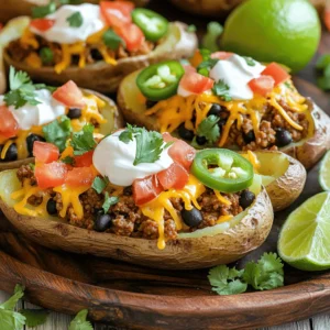 - 4 large russet potatoes - 1 pound ground beef or turkey (or vegetarian alternative) - 1 cup shredded cheddar cheese - 1 cup canned black beans - 1 cup diced tomatoes - 1/2 cup sour cream - 1/4 cup sliced green onions - 1/2 cup sliced jalapeños - Fresh cilantro for garnish Loaded Taco Potato Skins start with simple yet hearty ingredients. You need four large russet potatoes. They have a great texture for baking. Next, choose one pound of ground beef or turkey. If you want a meat-free option, lentils work well too. Don’t forget the cheese! You’ll need one cup of shredded cheddar cheese. This cheese melts beautifully and adds rich flavor. For the extra kick, get one cup of canned black beans. Rinse and drain them first. Add one cup of diced tomatoes for freshness. You’ll also want half a cup of sour cream. This creamy touch balances the spices. If you like toppings, consider optional ingredients. Sliced green onions add a nice crunch. Jalapeños give heat, so use them if you want spice. Finally, fresh cilantro brightens the dish and adds color. With these ingredients, you can create a delicious and fun meal. Get ready for the tasty flavors of Loaded Taco Potato Skins! Preheat your oven to 400°F (200°C). Scrub the russet potatoes well under running water. This step clears away dirt and makes them clean. Pierce each potato several times with a fork. This allows steam to escape while they bake. Rub each potato with olive oil and sprinkle it with salt. This gives them flavor and helps them crisp up nicely in the oven. Next, heat a skillet over medium heat. Add your ground beef or turkey into the pan. Cook it while stirring often until it turns brown. This takes about 5-7 minutes. Once browned, drain any extra fat. Sprinkle the taco seasoning over the meat. Add water as the packet says, and let it simmer for about 5 minutes. Stir occasionally to mix the flavors. After the potatoes cool a bit, cut each one in half lengthwise. Use a spoon to scoop out the middle, but leave a bit of flesh for strength. Brush the empty potato skins with olive oil. Season them with salt and pepper. Place the skins cut side up on a baking sheet and bake them for about 10 minutes. This step makes them crispy. Once crispy, fill each potato skin with the taco meat mixture. Layer in black beans and diced tomatoes next. Top everything with shredded cheddar cheese. Return the loaded skins to the oven for 5-7 minutes. Watch for the cheese to melt and bubble. When done, take them out carefully. Top each skin with sour cream, sliced green onions, jalapeños if you like heat, and fresh cilantro for a burst of color. Enjoy this tasty dish! To ensure crispy potato skins, follow these steps: - Choose large russet potatoes. They have the right starch content. - Scrub the potatoes well. This removes dirt and helps with skin crispiness. - Pierce each potato with a fork. This allows steam to escape while baking. - Rub the skins with olive oil. This adds flavor and helps them crisp up. - Bake the potatoes directly on the oven rack. This promotes even cooking. For cooking ground meat, here’s what I recommend: - Use medium heat to brown the meat. This keeps it juicy and flavorful. - Stir often to avoid burning. You want even cooking. - Drain excess fat after cooking. This keeps the filling light and tasty. Here are some great ideas for additional toppings: - Fresh avocado slices add creaminess. - Salsa brings a fresh, zesty flavor. - Corn adds sweetness and crunch. - Guacamole pairs well with the taco theme. For spice adjustments, consider these ideas: - Add chili powder for more heat. - Try a sprinkle of cayenne pepper if you love spice. - Use diced bell peppers for a mild kick. - Adjust taco seasoning based on your taste. Experiment with these tips to make your loaded taco potato skins even more delicious! {{image_4}} For a tasty vegetarian version, try substituting meat with lentils or mushrooms. Lentils pack a protein punch and add a nice texture. Cook lentils until soft, and mix them with taco seasoning for flavor. If you choose mushrooms, sauté them until they are tender and mix in the seasoning as well. Using plant-based cheese alternatives can make this dish even better for vegetarians. Look for cheeses made from nuts or soy. They melt well and can give you that creamy topping you crave. Want to change things up? Adding different spices can elevate your loaded taco potato skins. Try cumin, chili powder, or smoked paprika for extra depth. A splash of hot sauce can also bring a fun kick. Incorporating other vegetables can add color and flavor. Diced bell peppers, corn, or even roasted zucchini work well. Just sauté them first to bring out their flavors. The more veggies, the better! To keep your loaded taco potato skins fresh, store them properly. First, let them cool completely. Then, place the skins in an airtight container. If you have leftovers, put them in the refrigerator. They will stay good for about three days. If you want to store them longer, consider freezing. Wrap each potato skin tightly in plastic wrap. Then, place them in a freezer-safe bag. They can last for up to three months in the freezer. When you're ready to eat, just thaw them in the fridge overnight. To enjoy your loaded taco potato skins again, reheating properly is key. I recommend using the oven for the best texture. Preheat your oven to 350°F (175°C). Place the skins on a baking sheet and heat for about 10-15 minutes. This keeps them crispy. If you're short on time, you can use the microwave. Place the skins on a microwave-safe plate. Heat them for about 1-2 minutes. The skin may not be as crispy, but they will still taste great. You can use different types of potatoes. Here are some good options: - Yukon Gold potatoes: They are creamy and rich in flavor. - Red potatoes: They hold their shape well and have a nice texture. - Sweet potatoes: These add a sweet twist to your skins. These alternatives can change the taste and texture. Choose what you like best! Yes! You can make them ahead. Here’s how: - Bake the potatoes and scoop them out. Store them in the fridge. - Prepare the taco filling and keep it separate. - When ready, fill the skins and bake them. This way, you save time. Just heat and serve for a fun meal! Dipping sauces can make your potato skins even better. Here are some tasty ideas: - Sour cream: A classic choice that cools the heat. - Salsa: Fresh and zesty, it adds great flavor. - Guacamole: Creamy and rich, it pairs well with tacos. - Cheese sauce: For extra cheese lovers, this is a hit. Try different sauces to find your favorite combo! You learned how to make loaded taco potato skins. We covered the main and additional ingredients, step-by-step prep, and cooking tips. I shared variations for vegetarians and flavor twists. Plus, I provided storage methods and answers to common questions. These tasty snacks are easy to make and fun to share. Enjoy trying new toppings and spices. Your kitchen will be the best place for delicious meals!