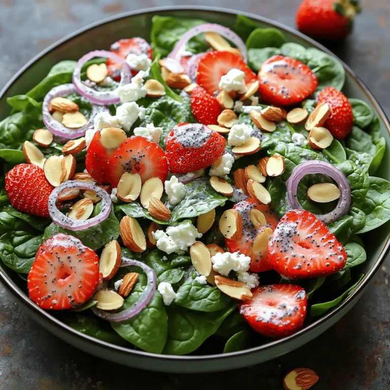 - 4 cups fresh baby spinach - 2 cups ripe strawberries - 1/2 cup sliced almonds - 1/4 cup creamy feta cheese - 1/4 cup red onion - 1/4 cup poppy seeds - 1/2 cup olive oil - 1/4 cup honey - 2 tablespoons apple cider vinegar - Salt and pepper to taste When making this Strawberry Spinach Poppyseed Salad, fresh ingredients are key. First, I always choose 4 cups of fresh baby spinach. This adds a lovely green base. Next, I select 2 cups of ripe strawberries. Their bright color and sweet flavor make the salad pop. Then I add 1/2 cup of sliced almonds for crunch. Lightly toasting them boosts their flavor. I also include 1/4 cup of creamy feta cheese for a rich taste. This cheese pairs well with the sweetness of strawberries. Thinly sliced red onion adds a sharp flavor. I use 1/4 cup for a nice bite without overpowering the other tastes. For the dressing, I combine 1/4 cup of poppy seeds for a fun texture. I use 1/2 cup of olive oil as a base. It gives a smooth mouthfeel. I mix in 1/4 cup of honey for sweetness. The honey balances the tang of 2 tablespoons of apple cider vinegar. Finally, I season with salt and pepper to taste. This simple mix of ingredients creates a fresh and tasty dish that anyone can enjoy. First, grab a large mixing bowl. Add 4 cups of fresh baby spinach. Then, slice 2 cups of ripe strawberries and toss them in. Next, add 1/2 cup of sliced almonds. These should be lightly toasted for a nice crunch. Crumble in 1/4 cup of creamy feta cheese. Finally, thinly slice 1/4 cup of red onion and mix it all together. Use a gentle motion to avoid bruising the spinach. In a small bowl or jar, whisk together 1/2 cup of high-quality olive oil, 1/4 cup of natural honey, and 2 tablespoons of apple cider vinegar. Add 1/4 cup of poppy seeds for a delightful crunch. Keep whisking until the dressing is well mixed. Season it with salt and freshly cracked pepper to taste. Drizzle the poppyseed dressing over the salad. Gently toss everything to coat all the ingredients evenly. Let the salad sit for about 10 minutes. This resting time helps the flavors blend well. Enjoy the fresh taste! - Gently toss ingredients to avoid bruising spinach. - Allow flavors to meld before serving. When you mix your salad, be kind to the spinach. Use a soft touch. This helps the leaves stay fresh and bright. If you mix too hard, they can tear. Next, let the salad rest for about 10 minutes. This helps the flavors blend. The strawberries will release some juice, making it even tastier. - Serve in a shallow bowl for a visual appeal. - Garnish with extra almonds and strawberry slices. To make your salad look great, use a shallow bowl. This way, all the colors pop. Finish it off by adding extra toasted almonds and a few strawberry slices on top. It makes your dish look fancy and inviting. You can even drizzle some dressing over the top for flair. {{image_4}} You can make this salad even better. Adding grilled chicken or shrimp gives it protein. This change makes the salad hearty and filling. If you want a different cheese, try goat cheese instead of feta. If you prefer a vegan option, just leave out the cheese. You still get great taste without it. The dressing is key to this salad's flavor. You can change it up by trying different vinegars. Balsamic vinegar adds a sweet touch. Adding citrus juice gives a nice zing. A splash of lemon or lime juice brightens the taste. Feel free to mix and match until you find your favorite! To keep your salad fresh, store the salad and dressing separately. This way, the spinach stays crisp, and the strawberries do not get mushy. Place the salad in one container and the dressing in another. You can use a jar for the dressing, which makes it easy to pour later. You can store the leftovers in an airtight container in the fridge for up to 2 days. After this time, the salad may lose its taste and texture. So, try to enjoy it within two days for the best flavor. Yes, but add the dressing right before serving. This keeps the spinach fresh and crisp. If you mix it too early, the leaves may wilt. Toss the salad with the dressing just before you eat. Try sunflower seeds or chia seeds as alternatives. These seeds add a different crunch and flavor. You can also skip seeds if you want a simpler salad. Yes, all ingredients used are gluten-free. You can enjoy this salad without any worries. It’s safe for anyone who avoids gluten in their diet. This salad blends fresh spinach, crunchy almonds, and sweet strawberries for a tasty dish. The creamy feta and poppyseed dressing add depth to each bite. Remember to toss gently to keep the spinach fresh. You can adjust the recipe based on what you like, adding proteins or trying new dressings. Store leftovers correctly to keep them crisp. Enjoy making this salad again and again!