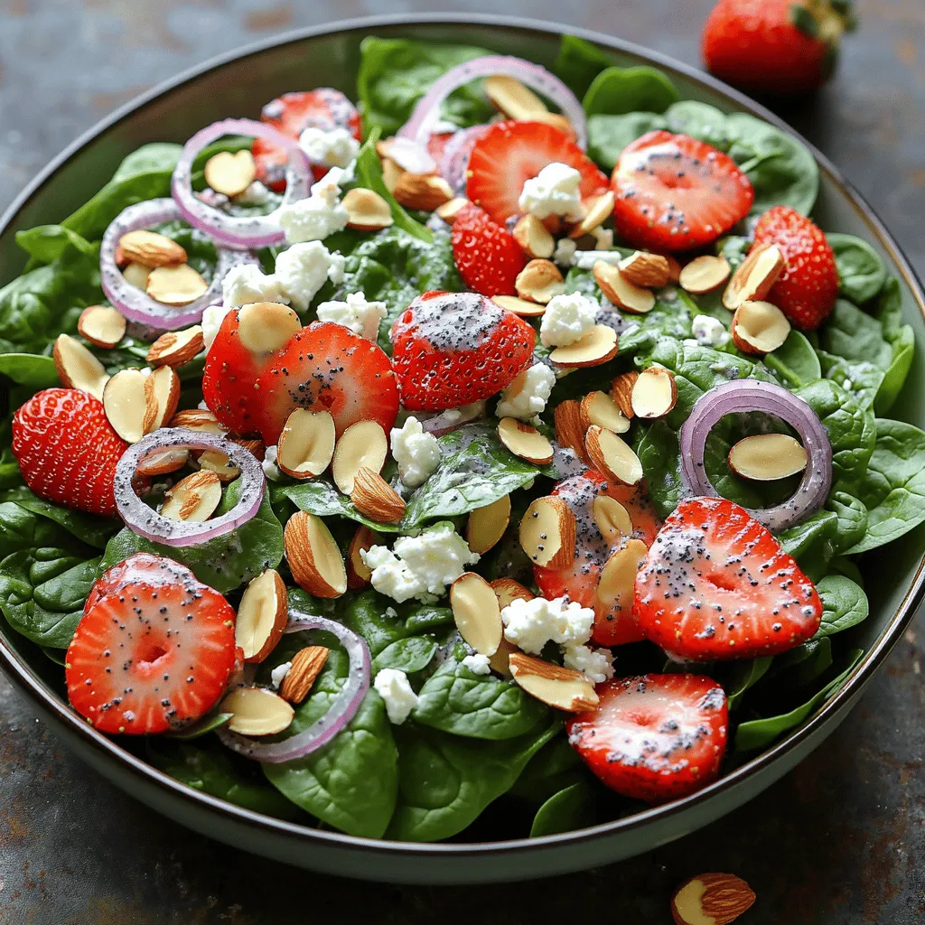 - 4 cups fresh baby spinach - 2 cups ripe strawberries - 1/2 cup sliced almonds - 1/4 cup creamy feta cheese - 1/4 cup red onion - 1/4 cup poppy seeds - 1/2 cup olive oil - 1/4 cup honey - 2 tablespoons apple cider vinegar - Salt and pepper to taste When making this Strawberry Spinach Poppyseed Salad, fresh ingredients are key. First, I always choose 4 cups of fresh baby spinach. This adds a lovely green base. Next, I select 2 cups of ripe strawberries. Their bright color and sweet flavor make the salad pop. Then I add 1/2 cup of sliced almonds for crunch. Lightly toasting them boosts their flavor. I also include 1/4 cup of creamy feta cheese for a rich taste. This cheese pairs well with the sweetness of strawberries. Thinly sliced red onion adds a sharp flavor. I use 1/4 cup for a nice bite without overpowering the other tastes. For the dressing, I combine 1/4 cup of poppy seeds for a fun texture. I use 1/2 cup of olive oil as a base. It gives a smooth mouthfeel. I mix in 1/4 cup of honey for sweetness. The honey balances the tang of 2 tablespoons of apple cider vinegar. Finally, I season with salt and pepper to taste. This simple mix of ingredients creates a fresh and tasty dish that anyone can enjoy. First, grab a large mixing bowl. Add 4 cups of fresh baby spinach. Then, slice 2 cups of ripe strawberries and toss them in. Next, add 1/2 cup of sliced almonds. These should be lightly toasted for a nice crunch. Crumble in 1/4 cup of creamy feta cheese. Finally, thinly slice 1/4 cup of red onion and mix it all together. Use a gentle motion to avoid bruising the spinach. In a small bowl or jar, whisk together 1/2 cup of high-quality olive oil, 1/4 cup of natural honey, and 2 tablespoons of apple cider vinegar. Add 1/4 cup of poppy seeds for a delightful crunch. Keep whisking until the dressing is well mixed. Season it with salt and freshly cracked pepper to taste. Drizzle the poppyseed dressing over the salad. Gently toss everything to coat all the ingredients evenly. Let the salad sit for about 10 minutes. This resting time helps the flavors blend well. Enjoy the fresh taste! - Gently toss ingredients to avoid bruising spinach. - Allow flavors to meld before serving. When you mix your salad, be kind to the spinach. Use a soft touch. This helps the leaves stay fresh and bright. If you mix too hard, they can tear. Next, let the salad rest for about 10 minutes. This helps the flavors blend. The strawberries will release some juice, making it even tastier. - Serve in a shallow bowl for a visual appeal. - Garnish with extra almonds and strawberry slices. To make your salad look great, use a shallow bowl. This way, all the colors pop. Finish it off by adding extra toasted almonds and a few strawberry slices on top. It makes your dish look fancy and inviting. You can even drizzle some dressing over the top for flair. {{image_4}} You can make this salad even better. Adding grilled chicken or shrimp gives it protein. This change makes the salad hearty and filling. If you want a different cheese, try goat cheese instead of feta. If you prefer a vegan option, just leave out the cheese. You still get great taste without it. The dressing is key to this salad's flavor. You can change it up by trying different vinegars. Balsamic vinegar adds a sweet touch. Adding citrus juice gives a nice zing. A splash of lemon or lime juice brightens the taste. Feel free to mix and match until you find your favorite! To keep your salad fresh, store the salad and dressing separately. This way, the spinach stays crisp, and the strawberries do not get mushy. Place the salad in one container and the dressing in another. You can use a jar for the dressing, which makes it easy to pour later. You can store the leftovers in an airtight container in the fridge for up to 2 days. After this time, the salad may lose its taste and texture. So, try to enjoy it within two days for the best flavor. Yes, but add the dressing right before serving. This keeps the spinach fresh and crisp. If you mix it too early, the leaves may wilt. Toss the salad with the dressing just before you eat. Try sunflower seeds or chia seeds as alternatives. These seeds add a different crunch and flavor. You can also skip seeds if you want a simpler salad. Yes, all ingredients used are gluten-free. You can enjoy this salad without any worries. It’s safe for anyone who avoids gluten in their diet. This salad blends fresh spinach, crunchy almonds, and sweet strawberries for a tasty dish. The creamy feta and poppyseed dressing add depth to each bite. Remember to toss gently to keep the spinach fresh. You can adjust the recipe based on what you like, adding proteins or trying new dressings. Store leftovers correctly to keep them crisp. Enjoy making this salad again and again!