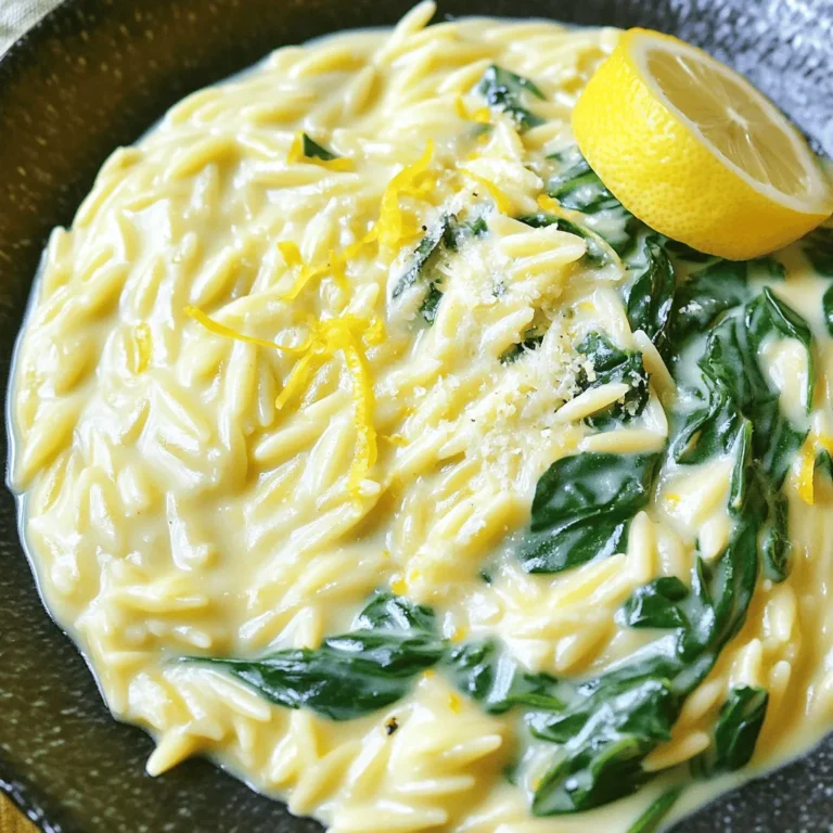 - 1 cup orzo pasta - 2 cups vegetable broth - 1 cup fresh spinach, finely chopped - 1/2 cup heavy cream - 1 lemon (zested and juiced) - 1/4 cup freshly grated Parmesan cheese - 2 tablespoons extra-virgin olive oil - 2 cloves of garlic, minced - Salt and freshly ground black pepper - Optional: pinch of red pepper flakes You can swap orzo pasta with other small pasta types like ditalini or couscous. For a dairy-free dish, use coconut cream instead of heavy cream and nutritional yeast in place of Parmesan cheese. If you need low-sodium broth, choose a homemade version or a store-bought option labeled as low-sodium. These swaps help everyone enjoy this dish! 1. First, boil 2 cups of vegetable broth in a medium saucepan. 2. Once it boils, add 1 cup of orzo pasta. Cook the orzo for 8 to 10 minutes until it is al dente. Stir it often to stop it from sticking. 3. While the orzo cooks, heat 2 tablespoons of extra-virgin olive oil in a large skillet over medium heat. 4. Add 2 cloves of minced garlic to the skillet. Sauté the garlic for about 1 minute. Make sure it doesn’t brown, as this keeps the flavor fresh. 5. After cooking, drain any broth from the orzo. Then, transfer the orzo to the skillet with the garlic. Mix them well. 1. Reduce the heat to low. Pour in 1/2 cup of heavy cream. Stir it well to combine. 2. Next, add the zest and juice of 1 lemon. Then, mix in 1/4 cup of freshly grated Parmesan cheese. 3. Stir until the cheese melts and the sauce becomes creamy. 1. Gently fold in 1 cup of finely chopped spinach. Cook for 2 to 3 minutes. This will help the spinach wilt and brighten in color. 2. Season the dish with salt and freshly ground black pepper. If you like heat, add a pinch of red pepper flakes. 3. Taste and adjust the seasoning as needed. 4. Remove the skillet from heat. Let the dish sit for a couple of minutes. This will help it thicken before serving. How to achieve al dente orzo To get the perfect al dente orzo, boil the vegetable broth first. Add the orzo and cook for 8 to 10 minutes. Stir it often to stop it from sticking. Taste it a bit before draining. It should be firm yet tender. Tips for perfect sautéing garlic Heat olive oil in your skillet on medium heat. Add minced garlic and sauté for about 1 minute. Watch closely! You want it fragrant, not browned. If it turns brown, the flavor will change and taste bitter. Best dishes to pair with creamy orzo Creamy lemon orzo shines when served with grilled chicken or fish. It also pairs well with roasted vegetables. A light salad on the side adds freshness. These options balance the rich creaminess of the dish. Garnishing ideas for enhanced presentation For a beautiful presentation, serve the orzo in elegant bowls. Top with extra grated Parmesan cheese. A sprinkle of lemon zest adds color and brightens the dish. You can also add a lemon wedge on the side for extra zing. Preparation tips for busy weeknights You can prepare the orzo and sauce ahead. Cook the orzo and store it in the fridge. Make the creamy sauce and keep it separate. When ready to eat, combine them and heat on low. Reheating techniques for optimal taste To reheat, warm the orzo and sauce gently in a pan. Add a splash of broth or cream to keep it creamy. Stir often and heat until warm. Avoid high heat to keep the flavors fresh and smooth. {{image_4}} You can easily change creamy lemon orzo with spinach. Adding protein boosts flavor and makes the dish hearty. Try these options: - Chicken: Cooked, diced chicken adds a nice touch. - Shrimp: Sauté shrimp until pink for a seafood twist. - Tofu: For a plant-based option, use firm tofu chopped into cubes. Seasonal vegetables also brighten the dish. Consider: - Asparagus: Lightly steamed asparagus brings a fresh crunch. - Peas: Sweet peas add a pop of color and flavor. You can play with herbs and spices to change the taste. Some great options are: - Basil: Fresh basil gives the dish a fragrant note. - Thyme: A hint of thyme adds warmth and depth. - Red pepper flakes: For a spicy kick, add a pinch. Another fun way to switch it up is using sauces. Try these: - Pesto: Mix in some pesto for a rich, herbal flavor. - Tomato: Add diced tomatoes for a tangy twist. These variations keep the dish exciting and allow you to explore new tastes! You can store creamy lemon orzo in the fridge. Use a tight container to keep it fresh. It will stay good for about 3 days. When you store it, let it cool first. This step helps prevent extra moisture. - Best practices for refrigerating creamy orzo: - Allow the dish to cool down. - Transfer to an airtight container. - Label with the date for easy tracking. If you want to save it for later, freezing is a great option. The creamy sauce can change a bit, but it still tastes good. - How to freeze for longer storage: - Portion the orzo into small containers. - Leave space at the top for expansion. - Use freezer-safe bags or containers. - Thawing and reheating tips: - For thawing, place it in the fridge overnight. - Reheat in a pan with a splash of broth or cream. - Stir well to bring back the creaminess. These steps will help keep your orzo tasty and ready for another meal! Can I use a different type of pasta? Yes, you can. Any small pasta, like couscous or ditalini, works well. Just adjust the cooking time as needed. How do I make this recipe vegan? To make this dish vegan, swap heavy cream for coconut milk or a plant-based cream. Use nutritional yeast instead of Parmesan cheese for a cheesy flavor. Is it possible to prepare this dish in advance? Absolutely! You can cook the orzo and make the sauce ahead of time. Store each separately in the fridge. Combine and heat before serving. What can I serve with creamy lemon orzo? This dish pairs well with grilled chicken, roasted vegetables, or a fresh salad. You can also serve it as a side dish for fish or meat. What to do if the sauce is too thick? If your sauce is too thick, add a splash of vegetable broth or water. Stir well until you reach your desired consistency. Solutions for overcooked orzo If the orzo is overcooked, try adding a bit of olive oil to help it regain some texture. Avoid cooking it too long next time by testing for doneness early. Adjustments for flavor enhancement To boost flavor, add more lemon juice or zest. Fresh herbs like basil or parsley also brighten the dish. For a kick, include a bit more red pepper flakes. This blog post detailed how to make a tasty creamy lemon orzo dish. We explored essential ingredients, easy steps, and handy tips. Remember, you can use different pasta or make it vegan. Don't hesitate to get creative with flavors. This dish is great for busy nights or special meals. With simple storage tips, you’ll keep it fresh for later. Enjoy making it your own, and share it with friends and family for a delightful meal together.