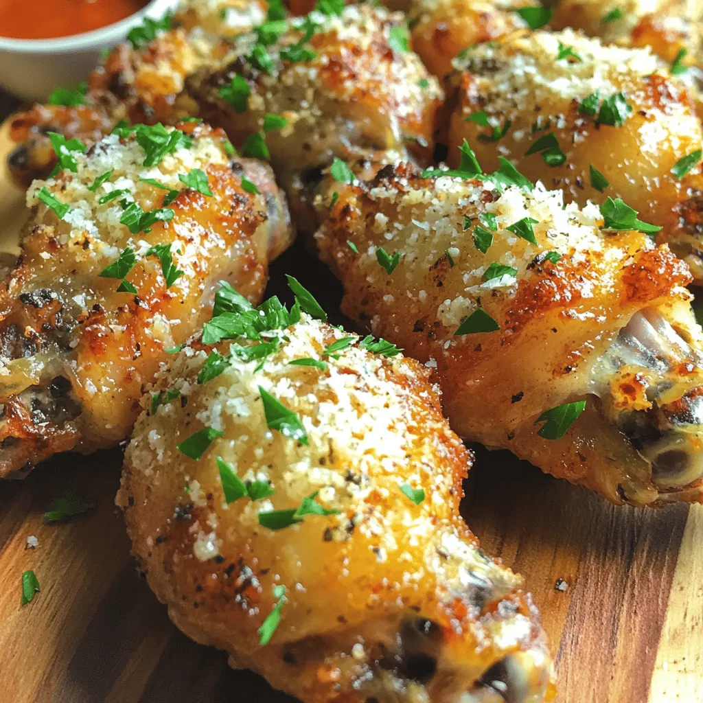 - 2 pounds chicken wings - 4 tablespoons extra virgin olive oil - 6 cloves fresh garlic, minced - 1 teaspoon onion powder - 1 teaspoon smoked paprika - 1 teaspoon fine sea salt - 1/2 teaspoon freshly ground black pepper - 1/2 cup finely grated Parmesan cheese - 2 tablespoons fresh parsley, chopped - Optional: your favorite hot sauce for serving This dish starts with juicy chicken wings. I prefer using fresh wings since they have great texture. The olive oil helps them crisp up while baking. Fresh garlic gives a strong, rich flavor that I love. You can adjust the amount if you want a milder taste. For seasoning, I use onion powder and smoked paprika. They add depth and a hint of smokiness. Sea salt enhances all the flavors, while black pepper gives a bit of heat. The star is the Parmesan cheese, which melts just right when the wings come out of the oven. Garnishing with parsley adds a pop of color. It also brings freshness to the wings. If you're a fan of spice, a hot sauce on the side adds a nice kick. This recipe is all about balance and bold flavors, making it perfect for any occasion. - Preheat oven to 425°F (220°C). - Line a baking sheet with parchment paper. Start by heating your oven. This step is key to a crispy texture. The parchment paper will help keep the wings from sticking and make cleanup easy. - Combine chicken wings with olive oil and seasonings. - Ensure wings are evenly coated. In a large bowl, mix the chicken wings with olive oil, minced garlic, onion powder, smoked paprika, salt, and pepper. Use your hands to toss the wings until every piece is coated with the mix. This stage adds great flavor! - Bake wings for 30 minutes, flip, then bake for an additional 15-20 minutes. - Monitor for golden-brown crispness. After the first 30 minutes, take the wings out to flip them. This ensures they cook evenly. Then, place them back in the oven for 15-20 more minutes. Watch them closely. You want that perfect golden-brown color to show they are crispy and ready to enjoy! To get crispy wings, bake them in a single layer. This allows hot air to flow around each wing. If they touch, they will steam instead of crisp. For the best results, follow these cooking times: - Bake wings for 30 minutes at 425°F (220°C). - After flipping, bake for another 15-20 minutes. Check for a golden-brown color. To boost flavor, try adding extra spices or herbs. Here are some great options: - Cayenne pepper for heat. - Dried oregano for a nice touch. - Italian seasoning for a blend of herbs. You can also mix in different cheeses. Parmesan is great, but consider using: - Asiago for a sharp taste. - Mozzarella for a gooey texture. Dipping sauces make wings even better. Here are some top choices: - Ranch dressing for creaminess. - Buffalo sauce for a spicy kick. - Blue cheese dressing for a rich flavor. Pair your wings with sides like: - Celery sticks for crunch. - Carrot sticks to add sweetness. - French fries for a classic combo. {{image_4}} You can add a kick to your wings by mixing in some hot sauce. This makes the dish spicy and tasty. Just blend a few tablespoons of your favorite hot sauce into the olive oil and spice mix. If you want even more heat, try adding cayenne pepper or red pepper flakes. These options will bring a nice balance to the garlic and cheese flavor. You can cook these wings either in the oven or an air fryer. If you choose the air fryer, set it to 400°F (200°C) and cook for about 25 minutes. Flip them halfway through for even cooking. Both methods can yield crispy wings, but the air fryer often cooks them faster. The oven gives a more traditional roasted flavor. While chicken wings are classic, you can also use drumsticks or boneless chicken. If you use drumsticks, the cooking time may increase by about 10 minutes due to their size. For boneless chicken, reduce the cooking time to about 20 minutes, as they cook faster. Each type offers a unique texture and flavor, so feel free to experiment! After enjoying your wings, let them cool down. This step is key. If you store them hot, they can get soggy. Once cooled, place the wings in airtight containers. This helps keep them fresh and tasty. Make sure to seal the containers well to prevent air from getting in. When it's time to eat leftovers, you want them crispy again. The oven is the best choice. Preheat your oven to 375°F (190°C). Spread the wings out on a baking sheet and heat for about 10-15 minutes. Keep an eye on them to ensure they don’t burn. The microwave is quick but can make them soft. If you use the microwave, heat in short bursts, checking often. You can freeze cooked wings for later use. First, let them cool completely. Place the wings in a freezer-safe bag or container. Remove as much air as you can before sealing. They can last up to three months in the freezer. When ready to eat, thaw them in the fridge overnight. Reheat in the oven for the best texture. Enjoy your tasty wings anytime! To make your wings crispy, bake them at 425°F (220°C). Use a baking sheet lined with parchment paper. Spread the wings in a single layer. This helps air circulate around each wing. Flip the wings halfway through baking. This step ensures even browning. For the best results, keep an eye on them late in the cooking time. Yes, you can use frozen chicken wings. Just make sure to thaw them first. To thaw, place the wings in the fridge overnight. If you’re short on time, submerge them in cold water for about an hour. After thawing, pat the wings dry. This helps them crisp up better in the oven. Several sauces go great with baked garlic Parmesan wings. Here are some popular choices: - Ranch Dressing: Creamy and cool, it balances the heat from the wings. - Blue Cheese Dressing: Strong flavor that pairs well with garlic. - Buffalo Sauce: Adds a spicy kick for those who love heat. - Honey Mustard: Sweet and tangy, it offers a nice contrast to savory wings. Each sauce brings a unique flavor to the party, so feel free to mix and match! You now have a solid recipe for baked garlic Parmesan wings. You've learned about the key ingredients, the step-by-step process, and tips for the best flavor and crispiness. Whether you choose to add spice or try different wing cuts, these wings will impress. Remember to store leftovers properly to enjoy later. I hope you feel confident trying this recipe and making it your own. Enjoy your cooking!