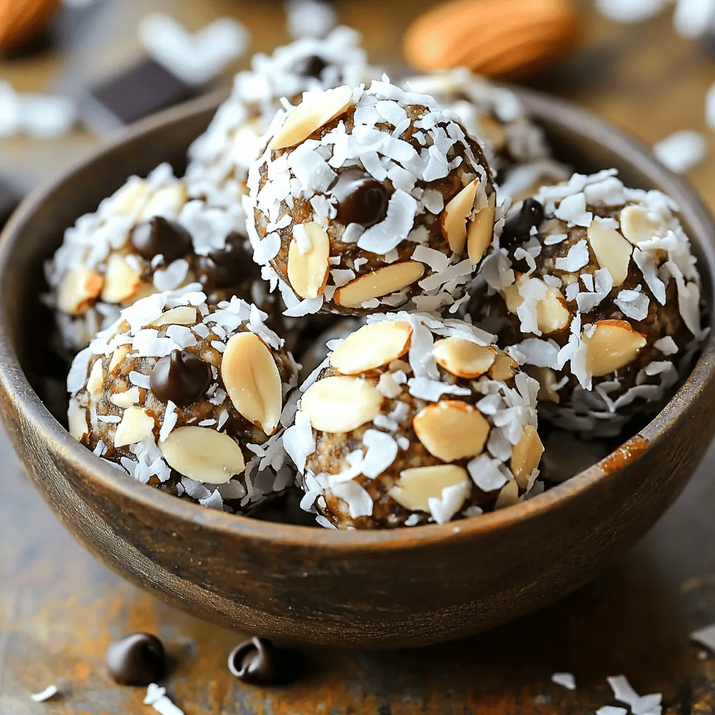 - 1 cup rolled oats - 1/2 cup almond butter - 1/4 cup honey or maple syrup - 1/4 cup unsweetened shredded coconut - 1/4 cup dark chocolate chips - 1/2 cup chopped almonds - 1/2 teaspoon vanilla extract - Pinch of sea salt You need simple and healthy ingredients for these Almond Joy Energy Bites. Each item adds a special touch. Rolled oats are the base. They give a nice texture and help keep you full. You can use any brand you like. Almond butter is the star. It adds creaminess and a nutty flavor. Make sure it's smooth for easy mixing. Honey or maple syrup brings sweetness. You can pick either based on your taste. Both work well. Unsweetened shredded coconut gives that tropical touch. It adds chewiness and a hint of coconut flavor. Dark chocolate chips offer a rich taste. They balance sweetness and give a little indulgence. Chopped almonds add crunch. They also boost the healthy fats in the bites. Vanilla extract enhances all the flavors. It brings everything together in a lovely way. A pinch of sea salt is key. It boosts the other flavors, making every bite delicious. Gather these ingredients, and you're set for a tasty and healthy snack! Start by adding 1 cup of rolled oats into a large mixing bowl. Next, add 1/2 cup of almond butter and 1/4 cup of honey or maple syrup. Use a spatula to mix these ingredients well. Make sure you have no dry oats left. This step ensures a nice, smooth base. After that, it's time to add the fun stuff! Mix in 1/4 cup of unsweetened shredded coconut, 1/4 cup of dark chocolate chips, and 1/2 cup of chopped almonds. Don't forget the 1/2 teaspoon of vanilla extract and a pinch of sea salt. Stir until everything is blended and evenly distributed. You want every bite to taste great. Now that your mixture is ready, take small portions and roll them into balls. Aim for 1 inch in diameter. If the mixture is sticky, dampen your hands with a little water. This trick makes it easier to roll the bites without the mixture sticking to your hands. Once you roll all the bites, arrange them on a parchment-lined baking sheet. Place them in the fridge for at least 30 minutes. This chilling time helps the bites firm up and hold their shape. After chilling, transfer the bites to an airtight container. Store them in the fridge for up to a week. If you want to keep them longer, freeze them. This way, you always have a tasty snack ready to enjoy! To make your Almond Joy Energy Bites even better, try adding different flavors. You can mix in dried fruits like cherries or apricots. For a nutty twist, consider using cashew butter instead of almond butter. Balance sweetness by adjusting honey. You might want to use less if you add sweet fruits. This keeps the bites rich but not overly sweet. Sticky mixtures can be a challenge. To handle them, wet your hands slightly before rolling the bites. This helps prevent the mix from sticking to your fingers. For efficiency, use a cookie scoop. It helps you form uniform bites quickly. Plus, you’ll save time and have neat energy bites. Serving your bites can be fun! Place them in a small bowl or a jar for a cute display. You can sprinkle extra coconut on top for a nice touch. Drizzling melted dark chocolate over the bites adds visual appeal. This makes them look even more inviting and delicious. {{image_4}} To make these Almond Joy Energy Bites vegan, swap honey for maple syrup. Maple syrup adds sweetness without any animal products. You can also use agave nectar or brown rice syrup. These choices work well in this recipe. All ingredients can be gluten-free. Make sure your oats are certified gluten-free. This ensures there is no cross-contamination. You can also use sunflower seed butter if you have a nut allergy. It adds a nice flavor too. Feel free to add dried fruits like cranberries or raisins. They add chewiness and extra sweetness. You can also toss in seeds like chia or flaxseeds for nutrition. If you want a different taste, try using cashew or peanut butter. Each nut butter brings a unique flavor to the bites. To keep Almond Joy Energy Bites fresh, store them in the refrigerator. Place them in an airtight container to prevent them from drying out. If you want to store them longer, freezing is a great option. Just make sure to wrap them in plastic wrap, then put them in a freezer-safe bag. These energy bites stay fresh for up to a week in the fridge. If frozen, they can last up to three months. Watch for signs of spoilage like an off smell or changes in texture. If they feel dry or crumbly, it’s best to toss them. Use glass jars or plastic containers with tight lids for storage. These options keep air out, which helps maintain freshness. Avoid using paper or cardboard, as they do not provide a good seal. Almond Joy Energy Bites can last up to one week in the fridge. Store them in an airtight container. If you want them to last longer, freeze them. They can stay fresh for three months in the freezer. Just let them thaw before you eat. Yes, you can use other nut butters! Peanut butter or cashew butter work well. Each nut butter will give a different taste. Make sure to choose one you like. The texture will also change a bit, but it will still taste great. Absolutely! These energy bites are perfect for kids. They are healthy and fun to eat. You can even get kids involved in making them. Just watch the size of the bites for younger kids. They make a great snack or a treat! To make the bites less sweet, reduce the honey or maple syrup. You can cut it by half or use unsweetened nut butter. Adding more oats or coconut can also help balance the sweetness. Taste the mix and adjust to your liking. Yes, you can replace dark chocolate chips! Use milk chocolate or white chocolate instead. You can also skip the chocolate and add more nuts or dried fruits. Each option will change the flavor but keep it delicious. These energy bites are simple to make and tasty. You need just a few healthy ingredients like oats, almond butter, and dark chocolate. After you mix, roll them into balls and chill. Feel free to add your favorite flavors or make them vegan and gluten-free. Store them in airtight containers to keep them fresh. Enjoy these bites as a healthy snack for you or your kids. You now have the tools to create a delicious energy boost anytime.