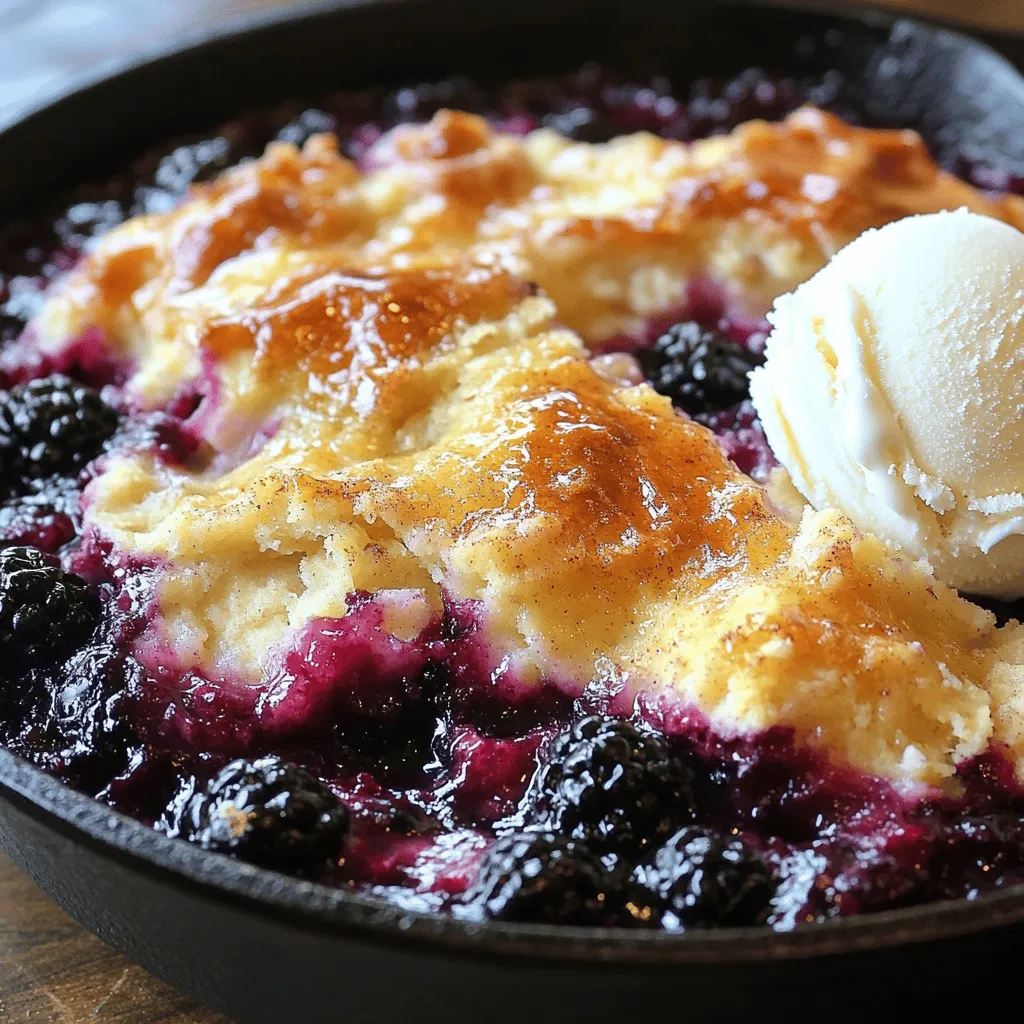 To make a tasty blackberry cobbler skillet, you'll need: - 2 cups fresh blackberries (or thawed frozen blackberries) - 1 tablespoon fresh lemon juice - 1/2 cup granulated sugar, divided - 1 cup all-purpose flour - 1 teaspoon baking powder - 1/4 teaspoon salt - 1/2 cup milk - 1/4 cup unsalted butter, melted - 1 teaspoon pure vanilla extract - 1/2 teaspoon ground cinnamon - Optional: Vanilla ice cream or whipped cream for serving You can use fresh or frozen blackberries for this recipe. Fresh blackberries taste bright and sweet. They add a lovely texture. Frozen blackberries are great when fresh ones are out of season. Just make sure to thaw them first and drain any excess juice. This keeps your cobbler from being too soggy. Both options work well, so choose what you like best! If you want to cut back on sugar, you have options. You can use honey or maple syrup instead of granulated sugar. These natural sweeteners add unique flavors. You can also try coconut sugar or stevia for a lower-calorie choice. Just remember that each sweetener has a different sweetness level, so adjust accordingly. Enjoy finding the right balance for your taste! Start by preheating your oven to 350°F (175°C). Grab a 10-inch cast-iron skillet or any oven-safe skillet. Lightly grease it with butter or a non-stick spray. This helps the cobbler not to stick later. In a medium bowl, add 2 cups of fresh blackberries. If you use frozen blackberries, make sure they are thawed first. Pour in 1 tablespoon of fresh lemon juice and 1/4 cup of granulated sugar. Gently toss the berries to coat them. Let this mixture sit for 10 minutes. This will help the berries release their juices and blend the flavors. In another bowl, whisk together the remaining 1/4 cup of sugar, 1 cup of all-purpose flour, 1 teaspoon of baking powder, 1/4 teaspoon of salt, and 1/2 teaspoon of ground cinnamon. Mix until there are no lumps. In a separate bowl, combine 1/2 cup of milk, 1/4 cup of melted unsalted butter, and 1 teaspoon of pure vanilla extract. Whisk these wet ingredients well. Pour the wet mix into the dry ingredients. Stir gently until just combined. It’s okay if the batter is lumpy; avoid overmixing. Carefully pour the batter into the preheated skillet. Spread it evenly across the bottom. Spoon the blackberry mixture over the batter, making sure to distribute the berries evenly. Place the skillet in the oven and bake for 30-35 minutes. The cobbler is done when the top turns golden brown. Check with a toothpick; it should come out clean. Once baked, let the skillet cool for a few minutes before serving. Enjoy the warm cobbler with a scoop of vanilla ice cream or whipped cream for an extra treat! When choosing blackberries, look for ones that are deep black in color. They should be plump and firm, with no signs of mold. If you can, smell them. Ripe blackberries have a sweet and fruity aroma. If you use frozen blackberries, thaw them first and drain excess juice. This keeps your cobbler from becoming too soggy. To avoid sticking, grease your skillet well with unsalted butter or cooking spray. Use a 10-inch cast-iron skillet for best results. If you don’t have one, any oven-safe skillet will do. Make sure you spread the batter evenly across the bottom. This helps create a nice crust that won’t cling to the pan. You can tweak the sweetness to match your taste. If you prefer a less sweet cobbler, cut back on the sugar. You can also add a bit more lemon juice for a tart kick. Ground cinnamon adds warmth, but feel free to experiment with nutmeg or ginger for a unique twist. Just remember to taste as you go! {{image_4}} You can enhance the flavor with spices. Nutmeg gives a warm, cozy taste. Ginger adds a bit of spice and freshness. Just add 1/4 teaspoon of either spice to your batter. This small change can make a big difference in taste. Each bite will surprise your taste buds and bring new life to your cobbler. Blackberry cobbler is great, but you can mix in other fruits too! Try adding peaches, apples, or raspberries. Use about 1 cup of your chosen fruit. If you use juicy fruits, reduce the blackberries a little. This way, you keep a good balance of flavors. Each fruit brings its own unique twist, making your dessert even more exciting. If you need a gluten-free option, it’s easy! Substitute all-purpose flour with a gluten-free flour blend. Make sure it works for baking. You can also try almond flour for a nutty flavor. Just use the same amount as regular flour. Your cobbler will still be delicious and perfectly fluffy. Enjoy the same great taste without the gluten! To store leftover blackberry cobbler, first let it cool. Cover the skillet with plastic wrap or foil. You can also transfer it to an airtight container. Store it in the fridge for up to three days. Make sure it’s tightly sealed to keep the flavors fresh. When you are ready to enjoy the leftovers, reheat the cobbler. Preheat your oven to 350°F (175°C). Place the cobbler in the oven for about 15-20 minutes. This warms it through and keeps the topping crisp. You can also microwave individual servings for 30 seconds, but the oven keeps the best texture. If you want to save some cobbler for later, freezing works well. Cut the cobbler into portions and wrap each piece in plastic wrap. Place them in a freezer-safe bag or container. You can freeze for up to three months. To thaw, take the cobbler out of the freezer and place it in the fridge overnight. Once thawed, reheat using the oven for the best results. You’ll have a tasty dessert ready to enjoy anytime! Yes, you can! Feel free to use blueberries, raspberries, or strawberries. Each berry brings its own flavor. Mixing berries adds a fun twist to this recipe. Just keep the total amount the same, around 2 cups. The cobbler is done when the top turns golden brown. A toothpick should come out clean from the center. If it’s still wet, bake it a little longer. Keep an eye on it! I love serving blackberry cobbler warm. Top it with vanilla ice cream or whipped cream. A drizzle of the blackberry juices makes it even better. You can also add fresh mint for a pop of color. Yes, you can prepare the filling and batter in advance. Store them separately in the fridge. Just bake the cobbler when you’re ready to serve. This way, you can enjoy fresh, warm cobbler anytime! This blog post covered all you need to know about making blackberry cobbler. We explored ingredients, from fresh blackberries to alternative sweeteners. You learned step-by-step how to prepare, mix, and bake your cobbler. I shared tips on choosing the best berries and how to adjust flavors. I also offered fun variations and storage methods to keep your cobbler fresh. Making this dessert can be easy and rewarding. Now, it’s time for you to enjoy the delicious results!