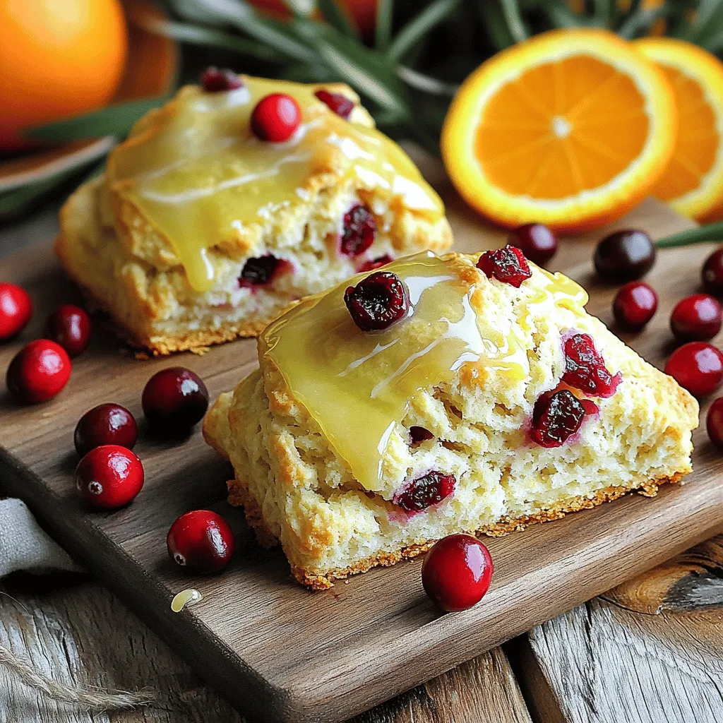 To make tasty cranberry orange scones, gather these simple ingredients: - 2 cups all-purpose flour - 1/3 cup granulated sugar - 1 tablespoon baking powder - 1/2 teaspoon salt - 1/2 cup unsalted butter, cold and cut into small cubes - 3/4 cup dried cranberries (or fresh, if preferred) - Zest of 1 medium-sized orange (about 1 tablespoon) - 1/2 cup buttermilk (homemade or store-bought) - 1 large egg, at room temperature - 1 teaspoon vanilla extract - Optional: 1/2 cup orange glaze made from powdered sugar mixed with fresh orange juice for drizzling Using the right ingredients is key. Fresh orange zest gives a bright flavor. Dried cranberries provide a sweet and tart contrast. Cold butter helps create a flaky texture. The buttermilk adds moisture and tenderness. If you want a sweet finish, you can make the glaze. Just mix powdered sugar with fresh orange juice. This glaze gives the scones a lovely shine and extra flavor. When you have all these ingredients ready, you can start baking. Each one plays an important role in making your scones delicious and memorable. 1. Preheat your oven to 400°F (200°C). This step is key for a good bake. 2. Line a baking sheet with parchment paper or a silicone mat. This helps with easy scone removal. 3. In a large bowl, mix together the all-purpose flour, granulated sugar, baking powder, and salt. Stir until everything blends well. 4. Cut the cold butter into small cubes. Add it to the flour mix. 5. Use your fingertips or a pastry cutter to mix the butter. You want the mix to look like coarse crumbs, with some pea-sized butter pieces. 6. Fold in the dried cranberries and orange zest. Make sure they are evenly spread throughout the mix. 7. In another bowl, whisk the buttermilk, egg, and vanilla extract. This mix adds moisture and flavor. 8. Pour the wet mix into the dry mix. Stir gently until just combined. Be careful not to overmix! 9. Lightly flour your work surface. Turn the dough out and pat it into a round disc, about 1-inch thick. 10. Cut the disc into 8 equal wedges using a sharp knife. Place the wedges on the baking sheet, leaving space between each. 11. Bake for 15-18 minutes. Check for doneness by inserting a toothpick into the center. It should come out clean. Cold butter is key for scones. It helps create a flaky texture. When you cut the butter into the flour, pieces should stay small. This forms layers as the scones bake. Use a pastry cutter or your fingers to mix. Avoiding overmixing is crucial. Mix just until you see no dry flour. Overmixing makes scones tough, and we want them soft and tender. To boost flavor, try adding spices. Cinnamon or nutmeg pairs well with cranberries. You can also add nuts for crunch. Chopped walnuts or pecans work nicely. For sweetness, consider a glaze. Mix powdered sugar with fresh orange juice. Drizzle this over warm scones. This adds a nice shine and extra sweetness. Serve the scones warm on a rustic wooden board. This makes them inviting. For a pop of color, garnish with fresh cranberries and orange slices. Pair these scones with tea or coffee. They complement each other perfectly. You can also serve them with butter or jam for a special touch. Enjoy your baking adventure! {{image_4}} You can switch out cranberries for other fruits. Dried cherries or blueberries work great. Fresh fruits like raspberries or diced apples also add a nice twist. You can mix in nuts, too. Try walnuts or pecans for a crunchy bite. If you want gluten-free scones, use a gluten-free flour blend. Look for one that has xanthan gum in it. For a vegan version, replace the butter with coconut oil and use a flax egg instead of a regular egg. Almond milk is a good stand-in for buttermilk. Adding spices makes scones festive. Cinnamon and nutmeg bring warmth in colder months. For Thanksgiving, consider using pumpkin puree in place of some buttermilk. You can also add a pinch of nutmeg for a holiday feel. Each of these twists brings new flavors to your table. Store your scones at room temperature. Use an airtight container to keep them fresh. Place parchment paper between layers to avoid sticking. They will stay good for up to two days this way. If you want to keep them longer, refrigerate them. Wrap each scone in plastic wrap. Then, place them in a container. This method helps prevent them from drying out. To freeze scones, let them cool completely first. Wrap each one in plastic wrap tightly. Then, place them in a freezer bag and seal it. You can freeze them for up to three months. When you're ready to enjoy them, simply take out a scone. Let it thaw in the fridge overnight or at room temperature for a few hours. The best way to reheat scones is in the oven. Preheat your oven to 350°F (175°C). Place the scone on a baking sheet. Heat for about 10 minutes, until warm. If you want a quick option, use the microwave. Heat the scone for about 15-20 seconds. However, the oven gives a better texture. Enjoy your leftovers warm for the best taste! Can I use fresh cranberries instead of dried? Yes, you can use fresh cranberries. They will add a nice tartness to the scones. Just chop them slightly to help them mix well. How do I know when scones are done baking? Check for a light golden color on top. Insert a toothpick into the center. If it comes out clean, the scones are done. What can I substitute for buttermilk? You can mix milk with vinegar or lemon juice. Let it sit for five minutes before using. This will give you a similar acidity. What to do if my dough is too dry or too wet? If too dry, add a little more buttermilk, one tablespoon at a time. If too wet, sprinkle in a bit of flour until it feels right. How can I make my scones fluffier? Make sure to use cold butter and avoid overmixing. This keeps the butter pieces intact, which helps create a fluffy texture. Can I use whole wheat flour? Yes, you can use whole wheat flour. However, it may make the scones denser. You can mix it with all-purpose flour for a lighter texture. What can I use instead of eggs? You can use a flaxseed meal or unsweetened applesauce. For one egg, mix one tablespoon of flaxseed meal with three tablespoons of water. Let it sit for five minutes. Cranberry orange scones are a delightful treat to bake and enjoy. We covered the key ingredients, step-by-step instructions, and tips for perfect texture and flavor. You can even explore variations based on your dietary needs and seasonal ingredients. Storing and reheating are simple, so your scones stay fresh. Now, with this guide, you can confidently create these scones. I hope you enjoy the process and flavor as much as I do!