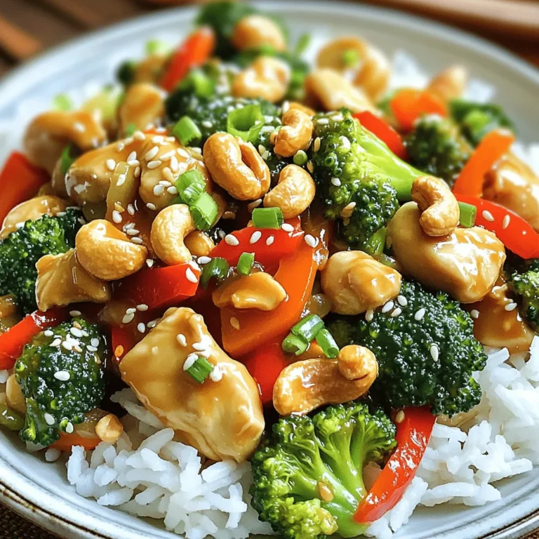 - 1 lb boneless, skinless chicken breast - 1 cup raw cashews - 2 tablespoons low-sodium soy sauce - 1 tablespoon oyster sauce (or mushroom sauce) - 1 red bell pepper, sliced - 1 cup fresh broccoli florets - 1 carrot, sliced thinly - 2 cloves garlic, minced - 1 teaspoon fresh ginger, minced - 1 tablespoon sesame oil - 2 tablespoons vegetable oil - Salt, pepper, and optional chili flakes - Cooked rice or quinoa - Finely chopped green onions for garnish Gather these ingredients before you start cooking. This makes the process smooth and easy. The chicken gives protein, while the cashews add crunch. You get color and nutrients from the red bell pepper, broccoli, and carrot. Garlic and ginger add a great aroma and flavor. Use low-sodium soy sauce to keep it healthier. If you want a vegetarian option, swap oyster sauce for mushroom sauce. For oils, sesame oil adds a nice flavor, while vegetable oil works for sautéing. Adjust the salt and pepper to your taste. Adding chili flakes can kick up the heat if you like spice. When serving, place the stir fry over rice or quinoa. Top with green onions for a fresh touch. This dish is not only tasty but also looks vibrant on the plate. Enjoy your time cooking this delicious meal! First, I cut the chicken breast into bite-sized pieces. Then, I mix these pieces with low-sodium soy sauce and oyster sauce. This marination gives the chicken great flavor. It’s key to let it sit for at least 15 minutes. This time helps the chicken soak up the sauces. Next, I toast the cashews in a dry skillet over medium heat. I stir them constantly for 3-4 minutes. They should turn golden brown and smell nutty. This step adds a nice crunch to the dish. Watch closely, as they can burn quickly. In a large skillet or wok, I heat vegetable oil over medium-high heat. I add red bell pepper, broccoli, and carrots. I sauté these for about 5 minutes. The goal is to keep them tender but still crisp. This gives the stir fry a fresh texture. I add the marinated chicken to the same skillet. I include any leftover marinade. I stir-fry the chicken for 6-8 minutes. I make sure it cooks evenly and turns golden brown. This color shows that it is fully cooked. Once the chicken is cooked, I return the sautéed vegetables to the skillet. I also add minced garlic, ginger, sesame oil, and the toasted cashews. Mixing everything well is important for flavor. I let it cook for another 2-3 minutes to heat through. Before serving, I taste the stir fry. I adjust the seasoning by adding more salt or pepper if needed. For a spicy kick, I can sprinkle chili flakes. I serve the stir fry over rice or quinoa. Finally, I top it with green onions for a fresh look. To make the best cashew chicken stir fry, start with fresh veggies. Look for bright colors and firm textures. For bell peppers, choose those that are smooth and shiny. Select broccoli with tight florets, and for carrots, pick ones that are crisp and free of blemishes. When choosing chicken, look for boneless, skinless breasts. They should feel firm and have a pink color. Avoid any chicken with a strong odor. For cashews, buy raw ones. They should be plump and have a light cream color. Stir-frying is all about quick cooking at high heat. Use a wok or a large skillet for the best results. Preheat your pan before adding oil. This helps create a nice sear on the chicken and veggies. Keep your ingredients moving in the pan. Stir constantly to avoid burning. If your pan gets too hot, lower the heat to maintain control. This method keeps your food tender and crisp. Want to kick up the flavor? Add garlic and ginger for depth. You could also include chili flakes for some heat. If you enjoy a sweeter taste, try a splash of honey or a sweet chili sauce. For vegetarian options, replace chicken with tofu or tempeh. Use mushroom sauce instead of oyster sauce for a rich flavor. Swap out the cashews for sunflower seeds if you have nut allergies. This keeps the dish tasty and safe for everyone. {{image_4}} To make a vegetarian version of cashew chicken stir fry, you can swap chicken for tofu or tempeh. Both options offer great texture and protein. Tofu absorbs flavors well, while tempeh has a hearty bite. Use the same sauces for a tasty experience. Make sure to marinate the tofu or tempeh just like the chicken. This allows the flavors to infuse nicely. If you or someone you know has a nut allergy, you can still enjoy this dish. For a nut-free option, simply skip the cashews. Sunflower seeds or pumpkin seeds can provide a similar crunch. They add nice texture without the risk of nuts. Toast them like you would cashews for extra flavor. You can boost nutrition and flavor by adding more vegetables. Consider bell peppers, snap peas, or zucchini. Each adds color and vitamins. Simply chop them up and toss them into the skillet when you sauté the other veggies. This way, you enhance the dish without losing its core flavor. To keep your cashew chicken stir fry fresh, place leftovers in an airtight container. Make sure the food cools down before sealing it. This helps prevent condensation, which can make the stir fry soggy. You can safely store it in the fridge for up to 3 days. After that, the flavors may fade, and the quality decreases. Always check for any off smells before eating. When it comes to reheating, you have two good options. The microwave is quick and easy. Just place the stir fry in a microwave-safe dish. Heat it for 1-2 minutes, stirring halfway through. This helps distribute heat evenly. The stovetop is another great choice for better texture. Heat a pan over medium heat, add a splash of water or oil, and stir until hot. This keeps the veggies crisp and the chicken juicy. If you want to store your cashew chicken stir fry for longer, freezing is a great option. First, let the stir fry cool completely. Then, transfer it to a freezer-safe bag or container. Remove as much air as possible to avoid freezer burn. Label the container with the date. You can freeze it for up to 3 months. When you're ready to eat, move it to the fridge to thaw overnight. For best results, reheat it on the stovetop. This way, you'll enjoy the same delicious flavors and textures as when it was fresh. Yes, you can use frozen chicken for this recipe. Just remember to thaw it first. You can do this overnight in the fridge or use the microwave. Once thawed, cut it into bite-sized pieces. Make sure to marinate it as usual. Cooking from frozen may take longer, so check the chicken for doneness. It should be golden brown and cooked through. You can add many tasty ingredients to your stir fry. Here are some ideas: - Snap peas: They add a nice crunch. - Mushrooms: They give a rich flavor. - Bell peppers: Use different colors for a vibrant look. - Zucchini: It's a great way to add more veggies. - Baby corn: Adds a fun texture. Feel free to mix and match based on what you like! Making your stir fry healthier is easy. Here are some tips: - Use less oil: You can sauté with just a little oil. - Add more veggies: This boosts nutrients and fiber. - Choose leaner chicken: Skinless chicken breast is best. - Limit sauces: Use low-sodium soy sauce to cut down salt. - Serve with quinoa: It has more protein and fiber than rice. These changes keep your dish tasty while making it better for you! Yes, you can make this recipe gluten-free. Here are some tips: - Use gluten-free soy sauce: Look for tamari or coconut aminos. - Choose gluten-free oyster sauce: Many brands offer gluten-free options. - Check all ingredients: Make sure your cashews and oils are gluten-free. With these changes, you can enjoy a delicious gluten-free cashew chicken stir fry! This blog post guides you through making a delicious cashew chicken stir fry. You learned about the main ingredients and their importance, from marinating chicken to toasting cashews. Following step-by-step instructions ensures perfect results. I shared tips for selecting the best ingredients and enhancing flavors. Incorporate variations to suit your taste or dietary needs. Remember, leftovers can be stored and reheated for later meals. Enjoy your cooking journey, and don't hesitate to get creative with this versatile dish!
