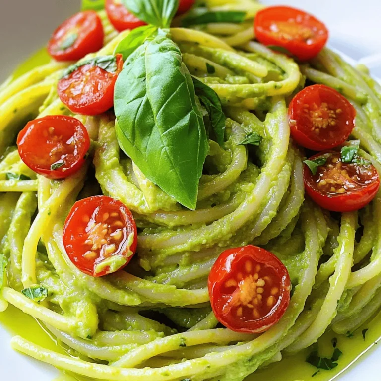 - 2 ripe avocados, halved, pitted, and flesh scooped out - 2 garlic cloves, finely minced - 1 tablespoon fresh lemon juice - 1/4 cup fresh basil leaves, tightly packed - 2 tablespoons extra virgin olive oil - Sea salt and freshly cracked black pepper, to taste - 8 oz spaghetti or any pasta of your choice - 1/4 cup grated Parmesan cheese (optional for garnishing) - Handful of cherry tomatoes, halved (for garnish) - Additional basil leaves for garnish Gathering fresh ingredients makes a big difference in flavor. Ripe avocados give the sauce a creamy texture. Look for ones that yield slightly to pressure. Garlic adds a nice kick, so use two cloves. Squeeze in fresh lemon juice to brighten the dish. Fresh basil leaves bring a lovely aroma and taste. A drizzle of extra virgin olive oil ties all flavors together. Use sea salt and black pepper to elevate the dish. For pasta, spaghetti works best, but feel free to choose your favorite type. Optional toppings like Parmesan cheese and cherry tomatoes add more flavor and color. The cheese adds a salty note, while tomatoes bring sweetness. Fresh basil leaves as a garnish make your dish pop! With the right ingredients, you can create a simple and hearty meal that will impress everyone. 1. Bring a large pot of salted water to a boil. 2. Add your favorite pasta, like spaghetti. Cook until al dente, usually 8-10 minutes. 3. Once cooked, drain the pasta but save about a cup of the pasta water for later. 1. In a food processor, add the scooped avocado flesh, minced garlic, lemon juice, and basil leaves. 2. Pour in the olive oil. 3. Blend everything until the mixture is smooth and creamy. Scrape down the sides to mix well. 1. Return the drained pasta to the pot over low heat. 2. Pour the creamy avocado sauce over the pasta. 3. Use tongs to toss the pasta gently, coating all the strands. 4. If you like, sprinkle grated Parmesan cheese on top and mix lightly for extra flavor. To make your sauce creamy, start with ripe avocados. If the sauce is too thick, add pasta water slowly. Blend until smooth and shiny. You want a silky texture that clings to the pasta. Use a food processor for the best results. Scrape the sides to blend evenly. For extra flavor, add a pinch of chili flakes or smoked paprika. Fresh herbs like parsley or chives work well too. If you love cheese, you can try using nutritional yeast as a vegan option. For garnish, consider adding roasted nuts or seeds for crunch. A sprinkle of lemon zest can brighten the dish. {{image_4}} To make your creamy avocado pasta vegan, skip the Parmesan cheese. You can use nutritional yeast instead. It adds a cheesy flavor without dairy. You can also boost the dish with more veggies. Try adding spinach or zucchini. Both will add nutrients and color. Toss in some peas for a sweet crunch. You can add protein to your pasta for a filling meal. Grilled chicken is a great choice. Simply slice it and mix it in with the pasta. Shrimp works well too. Sauté it in a pan with olive oil and garlic before adding it to the pasta. If you want a plant-based option, use beans. Chickpeas or black beans are tasty. They add fiber and protein to your dish. Both options make it heartier and more satisfying. To keep your creamy avocado pasta fresh, follow these tips: - Use airtight containers. Glass or plastic containers with tight lids work best. - Refrigerate within two hours. Store any leftovers in the fridge right away. - Avoid exposure to air. This helps prevent the avocado from browning. When it's time to reheat, keep these methods in mind: - Use the stovetop. Heat on low, stirring gently. Add a splash of reserved pasta water if needed. - Microwave with care. Place pasta in a bowl, cover it with a damp paper towel, and heat in short bursts. - Refresh flavors. Add a squeeze of lemon juice or a sprinkle of fresh herbs before serving. Yes, you can prepare creamy avocado pasta ahead. However, keep in mind that avocados can brown. To reduce browning, add lemon juice to the sauce. Store the sauce separately from the pasta. When ready to eat, mix them together. You can also warm it gently on the stove. If you can’t use avocados, try using cooked peas or silken tofu. Both options give a creamy texture. Blend them with lemon juice and garlic for flavor. Alternatively, you can use cashews soaked in water for a rich taste. Yes, creamy avocado pasta works well for meal prep. You can make the sauce and pasta separately. - Nutritional benefits of avocado in pasta: Avocados are full of healthy fats. They have vitamins like E and K. They also provide fiber, which is good for digestion. - Dietary restrictions considerations: For gluten-free options, use gluten-free pasta. This dish is versatile and fits many diets. Make it vegan by skipping the Parmesan cheese. Enjoy this meal without worry! You learned how to make a creamy avocado pasta with simple steps. Ripe avocados, garlic, lemon juice, and basil create a tasty sauce. Remember to cook your pasta to al dente for the best texture. You can add proteins or veggies for a boost. Store leftovers in airtight containers and reheat carefully. This dish is not just easy but also healthy. Enjoy this fresh meal any time!