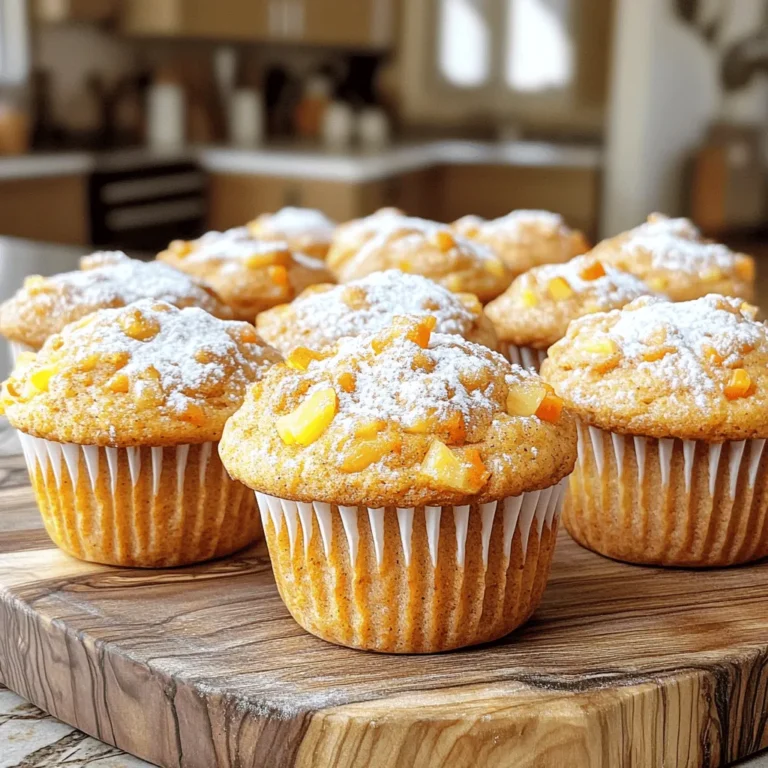 To make spiced carrot cake muffins, you will need: - 2 cups all-purpose flour - 1 teaspoon baking powder - 1/2 teaspoon baking soda - 1 teaspoon ground cinnamon - 1/2 teaspoon ground nutmeg - 1/4 teaspoon ground ginger - 1/4 teaspoon salt - 1 cup granulated sugar - 1/2 cup packed brown sugar - 3 large eggs - 1/2 cup vegetable oil - 1 teaspoon pure vanilla extract - 2 cups freshly grated carrots (about 4 medium carrots) - 1/2 cup crushed pineapple, well-drained - 1/2 cup walnuts or pecans, roughly chopped (optional) - 1/2 cup raisins (optional) Each muffin offers a balance of flavors and nutrients. A single muffin contains: - Calories: 220 - Protein: 3g - Carbohydrates: 30g - Fat: 10g - Fiber: 1g This is a tasty treat that gives energy and joy. You can swap some ingredients for different flavors or diets: - Use whole wheat flour for added fiber. - Replace granulated sugar with coconut sugar for a lower glycemic index. - Substitute applesauce for some oil to cut calories. - Choose flax eggs instead of regular eggs for a vegan option. Experiment with these choices to fit your taste and needs. First, set your oven to 350°F (175°C). This ensures even baking. Next, get your muffin tin ready. You can use paper liners or lightly grease each cup with oil or butter. This helps the muffins come out easily. In a medium bowl, mix the dry ingredients. Add 2 cups of all-purpose flour, 1 teaspoon of baking powder, 1/2 teaspoon of baking soda, 1 teaspoon of ground cinnamon, 1/2 teaspoon of ground nutmeg, 1/4 teaspoon of ground ginger, and 1/4 teaspoon of salt. Use a whisk to blend them well. This step builds the base flavor. In a larger bowl, combine the sugars and eggs. Use 1 cup of granulated sugar and 1/2 cup of packed brown sugar. Add 3 large eggs. Whisk or use an electric mixer until smooth and creamy. Slowly pour in 1/2 cup of vegetable oil and add 1 teaspoon of pure vanilla extract. Stir until the mixture is well combined. This creates a rich, sweet base. Now, it's time to bring in the fun! Gently fold in 2 cups of freshly grated carrots. If you want, add 1/2 cup of well-drained crushed pineapple, 1/2 cup of roughly chopped walnuts or pecans, and 1/2 cup of raisins. Make sure everything is mixed evenly without overdoing it. This adds moisture and flavor. Using a spoon or ice cream scoop, fill each muffin cup about 3/4 full. This gives them room to rise. Place the muffin tin in your preheated oven. Bake for 18 to 22 minutes. To check if they are done, insert a toothpick into the center of a muffin. If it comes out clean, they are ready! Once baked, let the muffins cool in the tin for about 5 minutes. Then, gently move them to a wire rack to cool fully. Enjoy them warm, perhaps with a light dusting of powdered sugar. You can also add a dollop of cream cheese frosting for a sweet treat. To get the best texture in your muffins, mix gently. Overmixing can make them tough. When you add the dry mix to the wet mix, stir just until you see no flour. This keeps them light and fluffy. Using freshly grated carrots gives moisture and flavor. You can also add crushed pineapple for extra moisture and sweetness. One big mistake is not preheating your oven. Always set it to 350°F (175°C) before you start mixing. Another mistake is not measuring the flour correctly. Use a spoon to scoop the flour into the measuring cup. Don’t pack it down. Too much flour can lead to dry muffins. Lastly, remember to check the muffins with a toothpick. If it comes out clean, they are ready! To keep your muffins fresh, store them in an airtight container. They will last for about three days at room temperature. If you want to keep them longer, freeze them. Place muffins in a freezer-safe bag. They can last up to three months in the freezer. When you’re ready to eat, just thaw them at room temperature or warm them in the oven at 350°F (175°C) for a few minutes. This warms them up nicely! {{image_4}} You can easily make these muffins gluten-free. Use a gluten-free flour blend in place of all-purpose flour. Look for one that has xanthan gum for better texture. This swap keeps the muffins light and fluffy, just like the original recipe. To make these muffins vegan-friendly, replace the eggs with flax eggs. Mix 1 tablespoon of flaxseed meal with 2.5 tablespoons of water for each egg. Let it sit for a few minutes to thicken. Also, use a plant-based oil instead of vegetable oil. This way, you can enjoy tasty muffins without animal products. I love to play with flavors in these muffins. Here are some ideas: - Spices: Add a pinch of allspice or cardamom. These spices give a warm and cozy taste. - Fruits: Toss in some dried cranberries or chopped apples for extra sweetness. They add a nice texture too. - Nuts: If you enjoy a crunch, add a mix of walnuts and pecans. They pair well with the soft muffin base. Experiment with these variations to find your favorite combination! To keep your spiced carrot cake muffins fresh, place them in an airtight container. You can store them at room temperature for up to three days. If you live in a warmer area, you might want to refrigerate them. Just remember, refrigeration can change the texture a bit, making them denser. If you want to save some muffins for later, freezing is a great option. First, let the muffins cool completely. Then, wrap each muffin in plastic wrap or aluminum foil. Place them in a freezer-safe bag or container. They can last in the freezer for up to three months. When you’re ready to enjoy them, simply thaw them overnight in the fridge or at room temperature for a few hours. When stored properly, these muffins can stay fresh for about three days at room temperature. In the fridge, they last about a week. If frozen, as mentioned, you can keep them for three months. Enjoying them fresh is best, but the freezer gives you flexibility! Yes, you can use shredded carrots. Shredded carrots have a similar texture and will work well. The flavor remains the same, so don't worry about taste. Just make sure they are finely shredded. This ensures they mix well in the batter. To check if muffins are done, use a toothpick. Insert it into the center of a muffin. If it comes out clean, your muffins are ready. If you see batter on the toothpick, bake them a little longer. Usually, it takes about 18 to 22 minutes. If you want to skip the eggs, try using applesauce. Use 1/4 cup of unsweetened applesauce per egg. You could also use mashed bananas or a flaxseed mixture. To make a flaxseed egg, mix one tablespoon of flaxseed meal with three tablespoons of water. Let it sit for a few minutes until it thickens. To reduce the sweetness, cut back on the sugars. You can lower granulated sugar by 1/4 cup. You may also use less brown sugar. Another option is to add more spices for flavor. This way, you keep the taste without the extra sweetness. You learned how to make delicious spiced carrot cake muffins. We covered key ingredients and their nutrition. You now know how to mix, bake, and store these treats. I shared helpful tips to avoid common mistakes, plus variations for different diets. Remember, you can customize these muffins with spices, fruits, or nuts. Enjoy your baking adventure, and taste the joy in every bite. Happy baking!