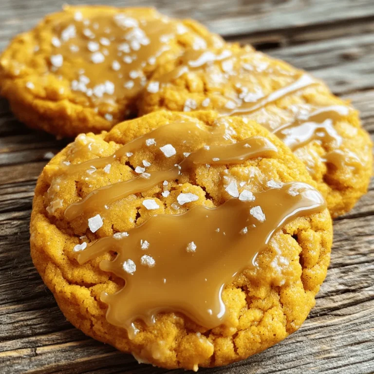 - 1 cup pumpkin puree - 1/2 cup unsalted butter, softened - 1 cup brown sugar, packed - 1/2 cup granulated sugar - 1 large egg - 1 teaspoon vanilla extract - 2 1/2 cups all-purpose flour - 1 teaspoon baking soda - 1 teaspoon baking powder - 1 teaspoon ground cinnamon - 1/2 teaspoon ground ginger - 1/4 teaspoon ground nutmeg - 1/2 teaspoon salt - 1 cup salted caramel sauce - Sea salt flakes for garnish When I make these salted caramel pumpkin cookies, I always start with the ingredients. Each one plays a key role in the cookie's flavor and texture. First, I grab 1 cup of pumpkin puree. It gives the cookies that warm, autumn flavor. Next, I use 1/2 cup of unsalted butter. I let it soften at room temperature for easy mixing. The sweetness comes from 1 cup of brown sugar, packed tightly, and 1/2 cup of granulated sugar. Together, they create a lovely sweetness. I add 1 large egg for binding and richness, plus 1 teaspoon of vanilla extract for a hint of warmth. For the dry mix, I use 2 1/2 cups of all-purpose flour, which is vital for structure. I also add 1 teaspoon of baking soda and 1 teaspoon of baking powder to help the cookies rise. Spices are important, too. I use 1 teaspoon of ground cinnamon, 1/2 teaspoon of ground ginger, and 1/4 teaspoon of ground nutmeg. These spices add depth to the flavor. Lastly, I mix in 1/2 teaspoon of salt to balance the sweetness. The showstopper is 1 cup of salted caramel sauce, which I fold into the dough. Finally, I sprinkle some sea salt flakes on top for that perfect finishing touch. Using fresh ingredients makes a big difference. Quality butter and pure vanilla extract elevate the taste. I recommend grabbing your favorite brands. Enjoy the process and get ready for some delicious cookies! - Preheat the oven to 350°F (175°C). - Cream together butter and sugars until fluffy. Start by getting your oven nice and warm. Preheating it to 350°F (175°C) helps your cookies bake perfectly. While that heats up, take a large mixing bowl. Add the softened butter, brown sugar, and granulated sugar. Use an electric mixer on medium speed. Mix for about 2-3 minutes until it looks light and fluffy. This step is key. It adds air and makes your cookies soft. - Incorporate pumpkin puree, egg, and vanilla extract. - Whisk together dry ingredients in a separate bowl. Next, add the pumpkin puree, egg, and vanilla extract to your fluffy mix. Stir well until everything blends smoothly. The pumpkin gives the cookies a lovely flavor. In another bowl, whisk together the dry ingredients. This includes flour, baking soda, baking powder, cinnamon, ginger, nutmeg, and salt. Whisking ensures even mixing. - Gradually add dry ingredients to wet ingredients. - Fold in salted caramel sauce gently. Now, it’s time to bring both mixtures together. Gradually add the dry mix to the wet mix. Stir gently until just combined. Be careful not to over-mix; this keeps your cookies tender. Finally, fold in the salted caramel sauce. Gently mix it in so every bite has a sweet surprise. For perfect cookies, keep the dough about 1 inch thick. This thickness helps them bake evenly. If the dough is too thin, the cookies may spread too much and become flat. Do not over-mix the dough. Mix just until the ingredients combine. Over-mixing can lead to tough cookies instead of soft ones. A gentle stir is all you need when adding flour and caramel. Using homemade caramel sauce can boost the taste of your cookies. It offers a richer flavor than store-bought. However, store-bought caramel is still a great choice when time is short. You can also add spices to enhance the flavor. A pinch of cloves or allspice gives warmth. Try adding a bit more cinnamon for extra fall flavor. Bake your cookies at 350°F (175°C) for 10 to 12 minutes. The edges should turn golden brown. The centers may look a bit soft; this is fine, as they will firm up as they cool. To check if cookies are done, look for a slight puffiness. If the edges are set and the middle looks slightly wet, they are ready. Remove them from the oven and let them cool on the baking sheet for a few minutes before transferring them to a rack. {{image_4}} You can change some ingredients for a new twist. Use maple syrup instead of brown and granulated sugars. This swap adds a rich flavor while keeping the cookies sweet. You can also try different spices. For example, cloves or allspice give a warm, festive taste. These small swaps can make your cookies stand out. If you need gluten-free cookies, swap all-purpose flour with a gluten-free blend. Many brands offer great options that work well in baking. For those who want vegan cookies, replace the butter with coconut oil and the egg with flaxseed meal. Mix one tablespoon of flaxseed meal with three tablespoons of water. Let it sit for a few minutes until it thickens. These adjustments keep the flavor and texture just right. Let your imagination run wild with fun additions! Stir in chocolate chips for a sweet surprise in every bite. Nuts like pecans or walnuts add a nice crunch. You can also mix in dried fruit, like cranberries, for a chewy texture. Each option gives your cookies a unique twist, making them even more enjoyable. Store your salted caramel pumpkin cookies at room temperature. They stay fresh and tasty this way. If you live in a warm place, use the fridge. Always keep cookies in airtight containers. This helps them stay soft and avoids drying out. These cookies last about a week at room temperature. For longer storage, freeze them. Wrap each cookie in plastic wrap. Then, place them in a freezer bag. They can stay fresh for up to three months. To enjoy, thaw them at room temperature or warm them in the oven for a few minutes. To keep cookies looking great, stack them in a single layer. This avoids sticking and keeps them pretty. If you see any moisture, add a piece of bread to the container. It helps absorb extra moisture, keeping your cookies soft and fresh. To make your cookies chewier, focus on a few key changes. Start by reducing the baking time by one or two minutes. This helps keep the centers soft. Also, use more brown sugar than granulated sugar. Brown sugar has more moisture, adding to that chewy texture. You can also try adding an extra egg yolk, which adds richness and moisture. Yes, you can freeze cookie dough! To do this, scoop the dough into balls and place them on a baking sheet. Freeze them until solid. Then, transfer the balls to a freezer bag. When you're ready to bake, take out the dough and let it thaw in the fridge overnight. Bake as usual, adding a minute or two to the baking time if baking from frozen. If you're out of pumpkin puree, you have options. You can use applesauce for moisture and sweetness. Mashed banana can also work, though it changes the flavor. Another option is to use butternut squash puree. Whichever you choose, ensure it has a similar texture to pumpkin puree for the best results. In this blog post, we explored how to make delicious pumpkin cookies. We covered the key ingredients, offered step-by-step instructions, and shared helpful tips for perfecting your cookies. You learned about flavor variations and how to store your treats to keep them fresh. With these tips, you can enjoy baking pumpkin cookies that everyone will love. Now, it’s time to gather your ingredients and get started! Happy baking!