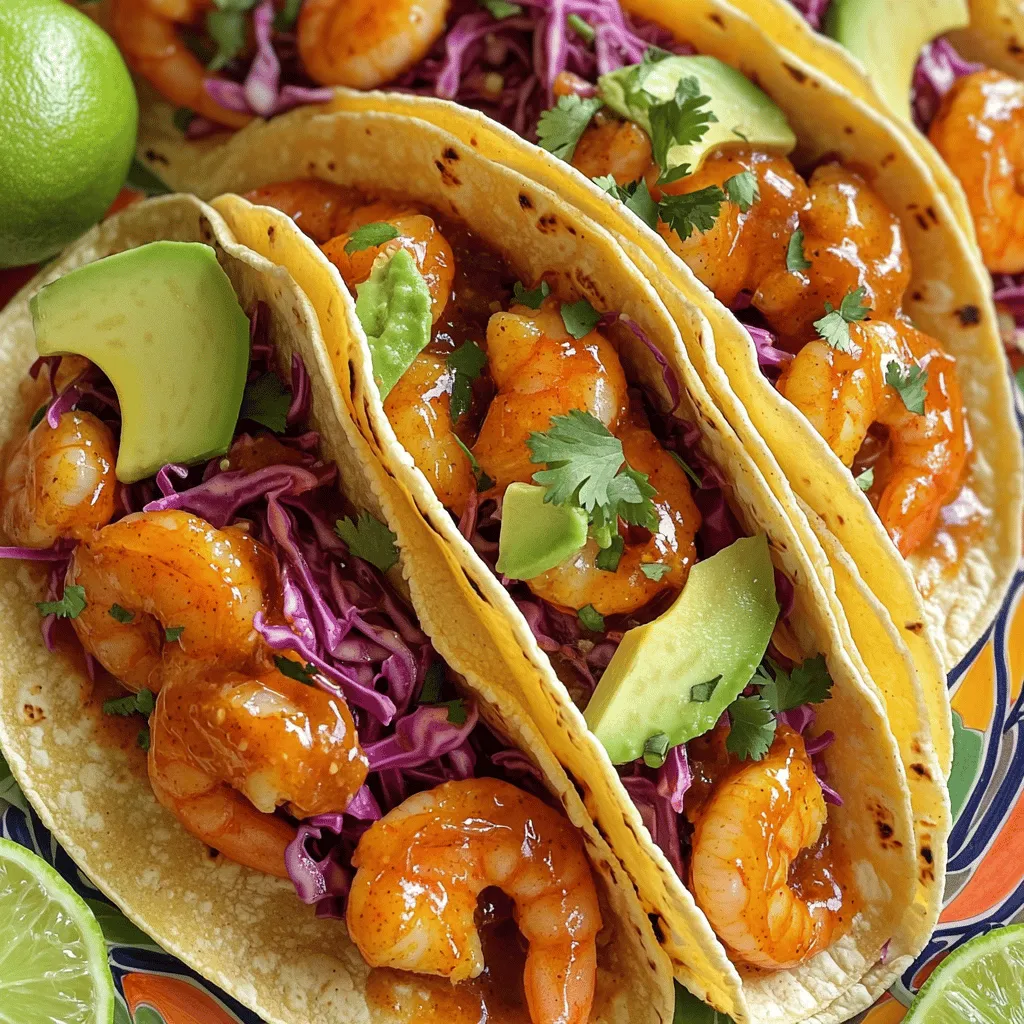 - 1 pound large shrimp, peeled and deveined - 2 tablespoons sweet chili sauce - 2 cloves garlic, finely minced - 1 tablespoon extra virgin olive oil - 1 teaspoon freshly squeezed lime juice - Sea salt and freshly cracked black pepper to taste These ingredients create a great base for your shrimp tacos. The shrimp are the star of the dish. They soak up the sweet chili sauce and garlic for a tasty flavor. The olive oil helps the shrimp cook nicely. Lime juice adds a little zing. Salt and pepper balance out all the flavors. - Medium mixing bowl - Large skillet - Tongs - Spatula - Serving platter You need some basic tools to prepare this meal. A medium mixing bowl is perfect for mixing the shrimp and sauce. A large skillet helps to cook the shrimp evenly. Tongs are great for flipping the shrimp without breaking them. A spatula can help with warming the tortillas. Finally, a serving platter looks nice for presenting your tacos. - 4 small corn tortillas - 1 cup finely shredded red cabbage - 1/2 ripe avocado, thinly sliced - Fresh cilantro leaves, for garnishing - Lime wedges, for serving These garnishes add color and flavor to your tacos. Corn tortillas provide a soft base for the filling. Red cabbage adds crunch and a pop of color. Creamy avocado gives a rich texture. Fresh cilantro brightens the dish. Lime wedges let you add a zesty kick. You can mix and match these for your perfect taco! To start, grab a medium bowl. Add 1 pound of shrimp, sweet chili sauce, and minced garlic. I like using two cloves of garlic for a strong flavor. Then, pour in 1 tablespoon of extra virgin olive oil and 1 teaspoon of lime juice. Now, sprinkle in sea salt and black pepper to taste. Mix gently to coat each shrimp well. Let it sit for about 5 minutes. This helps the shrimp soak up all the tasty flavors. Next, heat a large skillet over medium-high heat. When the skillet is hot, add the marinated shrimp in a single layer. Make sure not to crowd the pan. Cook them for about 2-3 minutes on one side. You’ll know they’re ready when they turn pink. Then flip the shrimp using tongs. Cook for another 2 minutes until they look opaque. Once done, remove the skillet from heat. Now it’s time for the tortillas. In another skillet, warm the corn tortillas over medium heat. Heat each side for just a few seconds. You want them pliable and fragrant. This step gives the tortillas a nice taste and texture that pairs well with the shrimp. Let’s build those tacos! Start by placing a handful of shredded red cabbage in the middle of each tortilla. Then, add 3-4 cooked shrimp on top. Next, layer a few slices of creamy avocado for richness. Finally, sprinkle fresh cilantro leaves over everything for a nice pop of color. Serve the tacos right away with lime wedges on the side. Squeeze the lime over the tacos for a zesty kick. Enjoy your meal! To cook shrimp perfectly, start with fresh, large shrimp. You want them peeled and deveined. After marinating the shrimp, heat your skillet well before adding them. Cook each side for about 2-3 minutes. When they turn pink and opaque, they are done. Overcooked shrimp can turn rubbery, so keep an eye on them. This method ensures a juicy, tender bite every time. If you don't have sweet chili sauce, try a mix of honey and soy sauce. For shrimp, you can use chicken or tofu if you prefer. Olive oil can be swapped with avocado oil for a similar taste. Red cabbage adds crunch, but green cabbage or lettuce works too. You can also replace lime juice with lemon juice for a different twist. To enhance the flavor, consider adding spices like cumin or paprika. Fresh herbs can bring brightness; try adding chopped cilantro or parsley. You can also add a pinch of chili flakes for extra heat. If you want more zest, squeeze lime juice over the tacos just before serving. This adds a fresh and tangy taste that pairs well with the sweet chili sauce. {{image_4}} If shrimp isn't your thing, try other proteins. Chicken works well, too. Use boneless, skinless chicken thighs or breasts. Simply chop them small, marinate, and cook like the shrimp. Fish is another great option. White fish like tilapia or cod will taste great with sweet chili sauce. Just adjust the cooking time, as fish cooks faster. For a vegetarian twist, replace shrimp with roasted veggies. Bell peppers, zucchini, and mushrooms add great flavor. You can also use firm tofu. Just press the tofu to remove water, then marinate and cook until golden. For a vegan option, consider jackfruit. It has a meaty texture and absorbs flavors well. Cook it in the same sweet chili sauce for a tasty treat. Switch up the sauce for fun and fresh flavors. Try a spicy mango salsa for a fruity kick. Blend ripe mango, lime juice, and jalapeños for a zesty mix. If you like heat, use sriracha mixed with mayo for a creamy sauce. For a tangy twist, mix yogurt with lime and cilantro. Each option brings a new flavor to your tacos. To keep leftover tacos fresh, store the shrimp and toppings separately. Place shrimp in an airtight container in the fridge. Use it within 2 days for the best taste. Wrap the tortillas in foil or plastic wrap. Keep shredded cabbage and sliced avocado in separate containers. This method helps maintain freshness and flavor. When ready to enjoy leftovers, reheat shrimp in a skillet over medium heat. Cook for about 2-3 minutes until heated through. For tortillas, warm them in a dry skillet for about 30 seconds on each side. This keeps them soft and tasty. Avoid microwaving tortillas, as they can become tough. For a fast dinner, prep shrimp and toppings ahead of time. Marinate shrimp the night before and store it in the fridge. Chop cabbage and slice avocado in advance. When dinner time comes, you can easily assemble the tacos in minutes. This way, you have a delicious meal ready without much fuss. Shrimp tacos stay fresh for about 1-2 days in the fridge. It’s best to store the shrimp and toppings separately. This helps keep everything fresh. When ready to eat, just reheat the shrimp. Warm the tortillas briefly for a nice touch. Yes, you can use frozen shrimp. Just make sure to thaw them first. You can do this overnight in the fridge or quickly in cold water. Once thawed, pat the shrimp dry before adding them to the marinade. This step helps them absorb the flavors better. These tacos pair well with a fresh side salad or corn on the cob. You can also serve them with chips and salsa for a fun twist. Adding a cool drink, like limeade, can balance the flavors nicely. Yes, shrimp tacos can be gluten-free if you use corn tortillas. Just check the packaging to ensure there are no added gluten ingredients. If you want, you can also serve them in lettuce wraps for a low-carb option. Making Sweet Chili Garlic Shrimp Tacos is fun and simple. You learned about key ingredients, tools, and garnishes. With step-by-step instructions, you can prepare and cook shrimp perfectly. We also explored tips for flavor and variations, including alternatives for proteins or sauces. Proper storage and meal prep tips ensure you enjoy tasty leftovers. Remember, these tacos are versatile and can fit many diets. Dive in and have fun creating your own delicious shrimp taco experience!