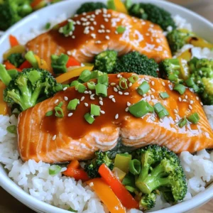 - 2 salmon fillets (approximately 6 oz each) - 1 cup jasmine rice - 1 cup broccoli florets - 1 medium carrot, julienned - 1 bell pepper (any color), thinly sliced - 3 green onions, finely chopped - ½ cup teriyaki sauce (store-bought or homemade) - 1 tablespoon sesame oil - 1 tablespoon olive oil - 1 teaspoon sesame seeds (for garnish) - Optional lemon wedges These ingredients make a simple yet tasty teriyaki salmon rice bowl. I love using salmon for its rich flavor and healthy fats. The jasmine rice adds a nice touch. It is fragrant and fluffy, perfect for soaking up the teriyaki sauce. Fresh vegetables bring color and crunch. Broccoli, carrots, and bell peppers not only taste great together but also add nutrients. They are key to a balanced meal. The teriyaki sauce is the star here. It adds a sweet and savory note. You can use store-bought sauce or make your own. Sesame oil and olive oil help cook the salmon and vegetables. They bring out the best flavors. For garnishes, green onions and sesame seeds add a lovely finish. They give a fresh taste and a nice look to your bowl. If you like a citrus touch, lemon wedges are a great option. They round out the flavors perfectly. To cook the rice, start with the right ratio. Use 1 cup of jasmine rice and 2 cups of water. Bring this to a boil in a medium saucepan over medium-high heat. Once it bubbles, cover the pot with a lid. Then, reduce the heat to low. Let it simmer for 15-18 minutes until the rice is soft and the water is gone. After cooking, remove the pot from heat, but keep it covered for 5 more minutes. This step helps the rice steam and become fluffy. While the rice cooks, you can prepare the vegetables. I like to use broccoli, carrots, and bell peppers. Cut the broccoli into florets, julienne the carrot, and slice the bell pepper thinly. Heat 1 tablespoon of olive oil in a large skillet over medium heat. Add the vegetables and sauté them for 5-7 minutes. Stir often to keep them from burning. They should be tender but still crisp. Season with salt and pepper to taste, then set them aside. Next, let’s cook the salmon. In the same skillet, add 1 tablespoon of sesame oil. Turn the heat to medium-high. Season the salmon fillets with salt and pepper on both sides. Place the salmon skin-side down in the skillet. Cook for about 4-5 minutes until a golden crust forms. Flip the fillets over and brush them with teriyaki sauce. Cook for another 3-4 minutes or until the salmon flakes easily with a fork. Once the rice is ready, fluff it with a fork to separate the grains. Divide the fluffy rice into serving bowls. Top each bowl with sautéed vegetables and a salmon fillet. If you want, drizzle more teriyaki sauce over the top for extra taste. Finally, add the finishing touches. Sprinkle chopped green onions and sesame seeds over each bowl. This step enhances both the flavor and the look of the dish. You can also serve the bowls with lemon wedges on the side for a fresh burst. Arrange each ingredient neatly for a beautiful presentation that will impress anyone who sees it. - Ensuring perfect salmon: Start with fresh salmon fillets. Season them with salt and pepper. Cook skin-side down for a crispy texture. Flip carefully to keep the fillet intact. You want it golden brown and flaky. - Vegetable variations and cooking methods: You can use any veggies you like. Broccoli, carrots, and bell peppers are great. Try snap peas or zucchini for a twist. Sauté them until they are tender but still bright. - Making homemade teriyaki sauce: Mix soy sauce, brown sugar, garlic, and ginger. Heat it until it thickens. This sauce adds a personal touch to your dish. - Additional sauces or spices to try: If you want more flavor, try adding hoisin sauce or a drizzle of ponzu. Both add depth to your salmon. - Adding heat with chili flakes or sriracha: Spice things up with chili flakes or sriracha. Start with a small amount, then add more if you like it hot. - Ways to incorporate herbs: Fresh herbs can brighten your dish. Try cilantro, basil, or parsley. They add freshness and can change the flavor profile. - Time-saving tips when making ahead: Cook rice and veggies in bulk. Store them in the fridge, so they’re ready for quick meals. - Freezing and reheating salmon: Cooked salmon can be frozen for up to three months. Thaw it overnight in the fridge before reheating. - Preparing vegetables in advance: Chop veggies ahead of time. Store them in airtight containers to keep them fresh. When you're ready to cook, just toss them in the pan. {{image_4}} You can swap salmon for other proteins like chicken or tofu. Chicken needs a little longer to cook. Tofu cooks faster and absorbs flavors well. Each protein brings its own taste. Chicken offers a mild flavor, while tofu is light and fluffy. Both options make this dish versatile. Besides jasmine rice, try quinoa, brown rice, or cauliflower rice. Quinoa cooks like rice but has more protein. Brown rice takes longer but adds fiber. Cauliflower rice is low-carb and cooks quickly. Adjust cooking times based on the grain for best results. Each choice brings unique nutrients to your meal. Use seasonal vegetables for freshness. Broccoli, carrots, and bell peppers are great, but feel free to mix in snap peas or zucchini. Fresh vegetables taste better, but frozen ones are handy too. They are pre-cut and keep well. Combine different veggies to add colors and flavors to your bowl. To keep your teriyaki salmon rice bowls fresh, store them in the fridge. Use airtight containers to stop air from getting in. This keeps the flavors nice and bold. The leftovers will stay good for about three days. Make sure to cool everything before you put it in the fridge. This helps keep the rice fluffy. When reheating, you want to keep the salmon and rice yummy. The best way is to use a microwave. Place a damp paper towel over the bowl. This helps keep the moisture in. Heat in short bursts, around 30 seconds. If you prefer, you can also grill or pan-fry the salmon. This can help it stay crispy. Just heat it on medium for a few minutes. If you want to save some for later, freezing is a great option. Freeze the salmon and rice in separate containers. This keeps everything fresh. When you want to eat it, thaw it in the fridge overnight. To cook, add a little water and cover it. This will help prevent dryness when you heat it up. To make teriyaki salmon rice bowls, start by making the sauce. Combine soy sauce, mirin, and sugar in a pot. Heat until the sugar dissolves. Let it cool and thicken. For cooking, first, make the rice. Boil jasmine rice in water, then simmer until tender. Sauté your favorite veggies like broccoli and carrots in olive oil. Cook the salmon in sesame oil for a crispy skin. Brush the salmon with teriyaki sauce while it cooks. Finally, assemble the bowls with rice, veggies, and salmon. Yes, you can use frozen salmon. Just adjust your cooking time. Cook the salmon longer to ensure it is done. Always thaw salmon safely. Place it in the fridge overnight or submerge it in cold water for quick thawing. Avoid thawing at room temperature as it may lead to bacteria growth. For sides, try steamed edamame or a fresh salad. Pickled ginger adds a nice touch. Miso soup is another great option. Complementary flavors include sesame seeds or lemon wedges. These pair well with the rich teriyaki sauce. A typical bowl has around 500 calories. The main ingredients include salmon, rice, and veggies. To reduce calories, you can use brown rice instead of jasmine rice. Opt for less teriyaki sauce or add more veggies for a lighter meal. We explored how to make teriyaki salmon rice bowls packed with flavor. You learned the key ingredients, from salmon to jasmine rice, and the importance of fresh veggies. I provided step-by-step cooking instructions, along with tips for perfecting each element. With variations for proteins and grains, you can customize the dish to your taste. Remember, storing and reheating properly keeps your meal fresh. Try these tips, and enjoy a delicious, satisfying bowl right at home. Your kitchen is now ready for some tasty adventures!