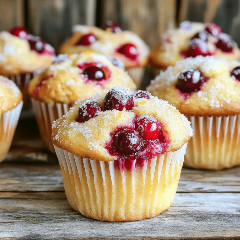 - 1 ½ cups all-purpose flour - ½ cup granulated sugar - ½ teaspoon baking soda - 1 teaspoon baking powder - ½ teaspoon salt - 1 large egg - ¾ cup buttermilk - 1/3 cup vegetable oil - Zest of 1 large orange - ½ cup freshly squeezed orange juice - 1 teaspoon vanilla extract - 1 cup fresh cranberries, chopped - Optional: 2 tablespoons coarse sugar for topping Gathering the right ingredients is key to making the best cranberry orange muffins. First, let's talk about the dry ingredients. The all-purpose flour gives the muffins structure. Granulated sugar sweetens them just right. Baking soda and baking powder help your muffins rise. Salt adds flavor and balances the sweetness. Next, let's look at the wet ingredients. A large egg binds everything together. Buttermilk adds moisture and a bit of tang. Vegetable oil keeps the muffins soft and tender. Zest from a large orange brings a bright flavor. Freshly squeezed orange juice adds even more citrus goodness. Lastly, vanilla extract rounds out the taste. For the mix-ins, fresh cranberries add tartness and color. If you like a crunchy top, sprinkle coarse sugar before baking. This will give your muffins a lovely finish. First, preheat your oven to 375°F (190°C). This step ensures even baking. Next, prepare your muffin tin. Line it with paper liners or lightly grease it with non-stick spray. This will help your muffins come out easily. Now, let’s mix the dry ingredients. In a large bowl, add: - 1 ½ cups all-purpose flour - ½ cup granulated sugar - ½ teaspoon baking soda - 1 teaspoon baking powder - ½ teaspoon salt Whisk these together until they are well blended. This mix gives your muffins a good rise. In a separate bowl, beat one large egg lightly. Then, add: - ¾ cup buttermilk - 1/3 cup vegetable oil - Zest of 1 large orange - ½ cup freshly squeezed orange juice - 1 teaspoon vanilla extract Mix these wet ingredients until smooth. Slowly pour the wet mix into the dry mix. Stir gently until they just combine. It’s okay if the batter is a bit lumpy. Now, fold in one cup of chopped cranberries. This adds a burst of flavor in every bite. Spoon the batter into the muffin cups, filling each about two-thirds full. If you want a sweet topping, sprinkle two tablespoons of coarse sugar on top. Place the muffin tin in your preheated oven. Bake for 18-20 minutes. Check doneness by inserting a toothpick into the center. If it comes out clean, the muffins are ready. After baking, let the muffins cool in the tin for about five minutes. Then, move them to a wire rack to cool completely. Enjoy your festive and flavorful cranberry orange muffins! - Avoid overmixing for fluffy muffins: When mixing your batter, stir gently. You want to combine the wet and dry ingredients without overmixing. This keeps your muffins light and airy. A few lumps are okay. - The right oven temperature for even baking: Preheat your oven to 375°F (190°C). An accurate temperature helps your muffins rise and bake evenly. Always use an oven thermometer if you doubt your oven’s accuracy. - Suggestions for adding nuts or spices: To add some crunch, fold in chopped walnuts or pecans. For warmth, try adding a pinch of cinnamon or nutmeg. This will make your muffins even more delicious. - Tips for balancing sweetness and tartness: Cranberries add tartness, so taste your batter. If it needs sweetness, add a bit more sugar. This balance brings out the best in both flavors. - Serving suggestions with garnishes: Serve your muffins on a colorful platter. You can add fresh cranberries around them for a festive look. A dusting of powdered sugar on top can also make them pop. - Using decorative platters for serving: Choose a platter that matches the season. A bright, cheerful dish makes your muffins look even more appealing. A good presentation makes everyone excited to dig in! {{image_4}} You can easily change the taste of your cranberry orange muffins. Adding chocolate chips gives a sweet twist. Use about 1 cup of semisweet or dark chocolate chips for a rich flavor. Chopped nuts like walnuts or pecans add crunch. Try ½ cup of your favorite nuts for a tasty surprise. You can also switch fruits. Swap cranberries for blueberries or raspberries. Lemon zest can replace orange zest for a fresh flavor. If you need gluten-free muffins, use gluten-free flour. Look for a blend that works cup for cup. This will keep the muffins light and fluffy. For a vegan option, skip the egg. Use ¼ cup of applesauce instead. Substitute buttermilk with plant-based milk or almond milk. Add a splash of vinegar to create a similar tangy taste. Incorporate seasonal fruits for added fun. In fall, add diced apples or pears. In summer, use fresh strawberries or peaches. Adjust spices based on the season. Add cinnamon or nutmeg for a warm flavor in the colder months. During holidays, use a hint of ginger or allspice for a festive touch. These small changes can make your muffins special for any time of the year. To keep your cranberry orange muffins fresh, store them in an airtight container. This helps lock in moisture and flavor. You can use a plastic container or a resealable bag. If you plan to eat them within a few days, room temperature is fine. For longer storage, the fridge is best. If you want to save some muffins for later, freezing is a great option. To freeze, let the muffins cool completely. Then, wrap each muffin in plastic wrap. Place them in a freezer bag, and remove as much air as possible. When ready to eat, thaw them overnight in the fridge. You can reheat them in the oven at 350°F for about 10 minutes. At room temperature, your muffins will stay fresh for about three days. In the fridge, they can last up to a week. Watch for signs of spoilage, like mold or an off smell. If they feel dry or hard, it’s time to toss them out. Always trust your senses! How do I make muffins rise? To make muffins rise, use baking powder and baking soda. These help create air pockets, making the muffins fluffy. Ensure your ingredients are fresh. Mix the batter gently, and do not overmix. This keeps the muffins light and airy. Can I use dried cranberries instead of fresh? Yes, you can use dried cranberries. They add sweetness but lack the tartness of fresh ones. If using dried, soak them in warm water for about 10 minutes. This helps them plump up and stay moist in the muffins. What should I do if my muffins are too dense? If your muffins are dense, check your mixing technique. Overmixing can cause this. Also, ensure you measure flour correctly. Too much flour can lead to dense muffins. Try adding a bit more baking powder for lift next time. How can I tell when muffins are done baking? To check if muffins are done, insert a toothpick into the center. If it comes out clean or with a few crumbs, they are ready. You can also lightly press the top; it should spring back. What pairings go well with cranberry orange muffins? Cranberry orange muffins pair well with cream cheese or butter. They also taste great with a cup of tea or coffee. Fresh fruit and yogurt can add a nice touch, too. Can these muffins be served as breakfast or dessert? Absolutely! These muffins are perfect for breakfast or dessert. Their sweet and tart flavors make them versatile. Enjoy them with a morning coffee or as a sweet treat after lunch. This blog gives you all the tools to make yummy cranberry orange muffins. You learned about the ingredients, steps, and helpful tips for great results. I hope you feel confident trying the recipe with your own flavors or dietary needs. Remember to store them right for lasting freshness. Enjoy baking and sharing these treats with friends and family. You can make these muffins any time you want something special!