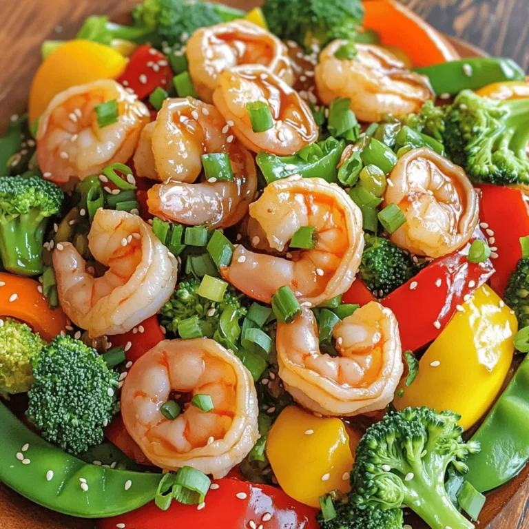 For a tasty Teriyaki Shrimp Stir-Fry, you need the following items: - 1 lb large shrimp, peeled and deveined - 2 tablespoons vegetable oil - 1 cup bell peppers (red, yellow, and green), sliced into thin strips - 1 cup broccoli florets, cut into bite-sized pieces - 1 cup sugar snap peas, trimmed - 3 green onions, chopped into 1-inch pieces - 3 cloves garlic, minced finely - 1 inch fresh ginger, grated (about 1 tablespoon) - 1/4 cup low-sodium soy sauce - 2 tablespoons honey or maple syrup for a vegan option - 2 tablespoons rice vinegar - 1 teaspoon sesame oil - 1 teaspoon cornstarch mixed with 2 tablespoons cold water (for thickening) - Sesame seeds, for garnishing If you don’t have all the ingredients, here are some easy swaps: - Use frozen shrimp instead of fresh. - Swap vegetable oil for olive oil or canola oil. - If you lack bell peppers, try carrots or zucchini. - Broccoli can be replaced with cauliflower. - For a gluten-free option, use tamari instead of soy sauce. - Maple syrup works great if you want a vegan sweetener. This dish serves four people. Each serving has: - Calories: 250 - Protein: 22g - Carbohydrates: 20g - Fat: 10g - Fiber: 4g This recipe is packed with protein and colorful veggies. It’s not only tasty but also good for you! The low-sodium soy sauce helps keep the sodium levels in check. Enjoy this dish and feel good about what you eat! To start, you need to make the teriyaki sauce. In a medium bowl, mix together: - 1/4 cup low-sodium soy sauce - 2 tablespoons honey or maple syrup - 2 tablespoons rice vinegar - 1 teaspoon sesame oil - 1 teaspoon cornstarch mixed with 2 tablespoons cold water Whisk these ingredients until smooth. This sauce adds sweet and salty notes to the dish. Set it aside for later use. Next, you will cook the shrimp. Heat 2 tablespoons of vegetable oil in a large skillet or wok over medium-high heat. Once hot, add: - 3 cloves garlic, minced - 1 inch fresh ginger, grated Sauté these for about 30 seconds. You want them fragrant but not burnt. Then, add 1 pound of peeled and deveined shrimp. Cook for 2-3 minutes. Stir occasionally until the shrimp turn pink and opaque. Remove the shrimp and set them on a plate. Now, it’s time for the veggies. In the same skillet, toss in: - 1 cup bell peppers, sliced - 1 cup broccoli florets - 1 cup sugar snap peas Stir-fry these for 4-5 minutes. The goal is bright colors and tender-crisp texture. Keep stirring to cook evenly. Once done, return the cooked shrimp to the skillet. Pour the teriyaki sauce over everything. Stir well to coat. Cook for an extra 2 minutes to heat through and thicken the sauce. Finally, mix in 3 chopped green onions before serving. To cook shrimp just right, use fresh, large shrimp. Start with hot oil to sear them. Cook for only 2-3 minutes until they turn pink and opaque. If they curl tightly, you’ve overcooked them. Remove them from the pan quickly to keep them juicy. Set them aside while you cook the veggies. This keeps them tender and flavorful. For a thicker sauce, add cornstarch mixed with cold water to your teriyaki mix. Start with 1 teaspoon of cornstarch. Stir it into the sauce as it cooks. If the sauce is too thick, add a splash of water or broth. This keeps it smooth and coats your shrimp and veggies nicely. When stir-frying, cut your veggies into similar sizes. This helps them cook evenly. Start with harder veggies like broccoli, then add softer ones like bell peppers. Stir constantly to avoid burning. Cook until they are bright and tender-crisp. This keeps them vibrant and tasty. Don’t overcrowd the pan; work in batches if needed. {{image_4}} You can easily make this dish vegetarian or vegan. Swap the shrimp for tofu or tempeh. Use the same teriyaki sauce. Firm tofu works best. Cut it into cubes for a nice texture. Also, use maple syrup instead of honey. This keeps it fully vegan. Shrimp is tasty, but you can try other proteins. Chicken or beef works well. They both cook nicely with the same sauce. You can also use chickpeas for a plant-based option. Just sauté them until golden. This adds a nice crunch. Feel free to mix in more veggies. Carrots, snap peas, or mushrooms add great flavor. You can also try baby corn or bok choy. They cook fast and taste great. For extra flavor, add a splash of lime juice. You can also sprinkle in some red pepper flakes for a kick. This makes each bite exciting! To keep your teriyaki shrimp stir-fry fresh, place it in an airtight container. Make sure to cool it down first. Store it in the fridge for up to three days. This keeps the shrimp and veggies from getting too soggy or losing flavor. You can also separate the shrimp from the veggies if you prefer. When it's time to eat leftovers, there are a few ways to warm it up. You can use a microwave, stove, or oven. For the microwave, heat in short bursts, stirring in between. This helps to warm it evenly. On the stove, add a splash of water to prevent sticking and heat on medium. If you use an oven, cover it to keep moisture in. You can freeze teriyaki shrimp stir-fry if you want to save it longer. Use a freezer-safe bag or container. Remove as much air as you can to avoid freezer burn. It will stay good for up to three months. When ready to eat, thaw it in the fridge overnight before reheating. This keeps the shrimp tender and the veggies crisp. Yes, you can make Teriyaki Shrimp Stir-Fry ahead of time. Cook the shrimp and veggies, then store them in the fridge. Keep the teriyaki sauce separate. When you are ready to eat, reheat the shrimp and veggies in a skillet. Add the sauce to warm it up and mix everything again. You can serve Teriyaki Shrimp Stir-Fry with fluffy jasmine rice or steamed rice noodles. Both options soak up the sauce well. You can also add a side of steamed vegetables or a fresh salad for extra crunch and nutrition. You can adjust the spice level to your taste. Add red pepper flakes for heat. If you like it hotter, try fresh sliced chili peppers or a dash of hot sauce. Start with a little, then add more if you want. This dish is all about your preference! In this blog post, we explored how to make Teriyaki Shrimp Stir-Fry. We covered key ingredients, step-by-step instructions, useful tips, and variations you can try. You learned how to achieve the perfect shrimp and stir-fry your veggies right. Remember, cooking is all about sharing great meals. Experiment with different flavors, and enjoy your dish. Now you’re ready to make a delicious stir-fry that fits your taste!