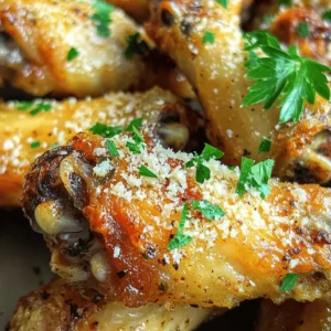 - 2 pounds chicken wings - 1/4 cup extra virgin olive oil - 4 cloves garlic, finely minced - 1/2 cup freshly grated Parmesan cheese - 1 teaspoon garlic powder - 1 teaspoon onion powder - 1 teaspoon dried Italian seasoning - Salt and freshly cracked black pepper, to taste - Fresh parsley, finely chopped (for garnish) To make Baked Garlic Parmesan Wings, you need simple but tasty ingredients. Start with 2 pounds of chicken wings. Look for fresh wings, as they cook better and taste great. Next, grab 1/4 cup of extra virgin olive oil. This oil helps to crisp the skin and adds flavor. You will use 4 cloves of garlic, finely minced. Fresh garlic gives the wings a bold taste. For a cheesy twist, get 1/2 cup of freshly grated Parmesan cheese. This will melt on the wings and form a delicious crust. Add 1 teaspoon of garlic powder and 1 teaspoon of onion powder for more depth in flavor. Include 1 teaspoon of dried Italian seasoning for a hint of herbs. Finally, use salt and freshly cracked black pepper to taste. These help to balance the flavors. Don't forget the fresh parsley for garnish. It adds color and a fresh taste to your wings. Gather these items before you start cooking. This will make your cooking process smooth and fun! Preheat your oven to 400°F (200°C). This step is key for getting crispy wings. While the oven heats, line a large baking sheet with parchment paper. This helps with cleanup and keeps wings from sticking. Next, make the marinade. In a big mixing bowl, pour in 1/4 cup of extra virgin olive oil. Then, add 4 finely minced garlic cloves. Include 1 teaspoon of garlic powder, 1 teaspoon of onion powder, and 1 teaspoon of dried Italian seasoning. Season with salt and freshly cracked black pepper to your taste. Stir everything until it mixes well into a tasty marinade. Now it's time to marinate the wings. Take 2 pounds of chicken wings and place them into the bowl with the marinade. Make sure each wing gets a good coating. Cover the bowl with plastic wrap or a lid. Let the wings sit in the fridge for at least 30 minutes. For even better taste, marinate them for up to 2 hours. This allows the flavors to soak in. After marinating, take the wings out of the fridge. Arrange them in a single layer on the prepared baking sheet. Avoid overcrowding; give them space to crisp up while baking. Put the baking sheet in the preheated oven. Bake the wings for 40-45 minutes. Flip the wings halfway through the bake time. This helps them brown evenly and get crispy. Keep an eye on them; they should turn golden brown and smell amazing. Once they are done, remove the wings from the oven. While they are still hot, sprinkle 1/2 cup of freshly grated Parmesan cheese over them. The heat will melt the cheese, giving a tasty crust. Finally, garnish with fresh parsley for a nice touch. Enjoy this flavorful treat hot! To get wings that are crispy, start by baking them at 400°F (200°C). This is the sweet spot for cooking chicken wings. Bake them for about 40 to 45 minutes. Halfway through, flip the wings. This ensures they brown evenly. Marination is key for great flavor. Coat each wing well in the marinade. Let them sit in the fridge for at least 30 minutes. For richer flavor, let them marinate for 2 hours. You can add more spice to the marinade for a kick. Try adding some red pepper flakes or a dash of hot sauce. This gives the wings a nice heat. For garnish, fresh parsley adds color and flavor. After baking, sprinkle it over the wings. You can also serve the wings with a side of ranch or a light vinaigrette. This makes for a tasty dip and adds to the plate's look. {{image_4}} To make your wings spicy, add cayenne pepper or hot sauce to the marinade. Start with 1 teaspoon of cayenne for a mild kick. Adjust to fit your taste. You can also mix in smoked paprika for a rich flavor. Try adding other spices like chili powder or crushed red pepper. These boost flavor and heat. Mix these spices in with garlic and Parmesan. Using fresh herbs gives a new twist to your wings. Try fresh rosemary or thyme instead of dried herbs. Chop them finely and mix them into the marinade. This adds a bright and fresh taste. You can also swap the Parmesan with other cheeses. Try using Pecorino Romano for a saltier flavor. Goat cheese can add a creamy texture that pairs well with garlic. To keep your baked wings fresh, let them cool first. Place them in an airtight container. If you have more wings than space, stack them in layers. You can use parchment paper between layers to avoid sticking. This method helps keep your wings nice and tasty. Store them in the fridge. They will last for up to 3 days. To reheat your Baked Garlic Parmesan Wings, the oven is best. Preheat it to 375°F (190°C). Place the wings on a baking sheet. Heat them for about 10-15 minutes. This method keeps them crispy. You can also use an air fryer if you want. Just heat at 375°F (190°C) for 5-7 minutes. Always check to ensure they are hot throughout. Enjoy your wings just like fresh! To make wings extra crispy, start with a dry surface. Pat the wings with paper towels to remove moisture. Use a higher oven temperature, around 425°F (220°C). The hot air helps them crisp up. Flip the wings halfway through cooking for even browning. You can also bake them on a wire rack. This allows air to circulate all around. Yes, you can use frozen chicken wings! Just remember to thaw them first. Place the wings in the fridge overnight or use the microwave's defrost setting. Once thawed, follow the marinade steps as usual. Make sure to check that they are fully cooked through before serving. Several sauces go well with these wings. Here are a few favorites: - Ranch dressing - Blue cheese dressing - Honey mustard - Spicy buffalo sauce These sauces add extra flavor and make a great pairing with the garlic and cheese. When cooking larger batches, the timing may change. If you double the wings, keep an eye on them. You might need to add 5 to 10 minutes. Always check that they reach an internal temp of 165°F (74°C). Space them out well on the baking sheet to ensure they cook evenly. Yes, you can grill the wings! Preheat your grill to medium heat. Place the marinated wings on the grill. Cook for about 20-25 minutes, flipping them often. Keep the lid closed to maintain heat. Use a meat thermometer to ensure they are done. Grilled wings will have a smoky flavor and great char. In this post, we covered how to make Baked Garlic Parmesan Wings. You learned about the key ingredients, easy steps to prepare, and tips for crispiness. We also explored flavor variations and storage tips. These wings are perfect for any event or casual night in. Feel confident to try your own spin based on what you like. Enjoy creating a tasty dish that everyone will love.