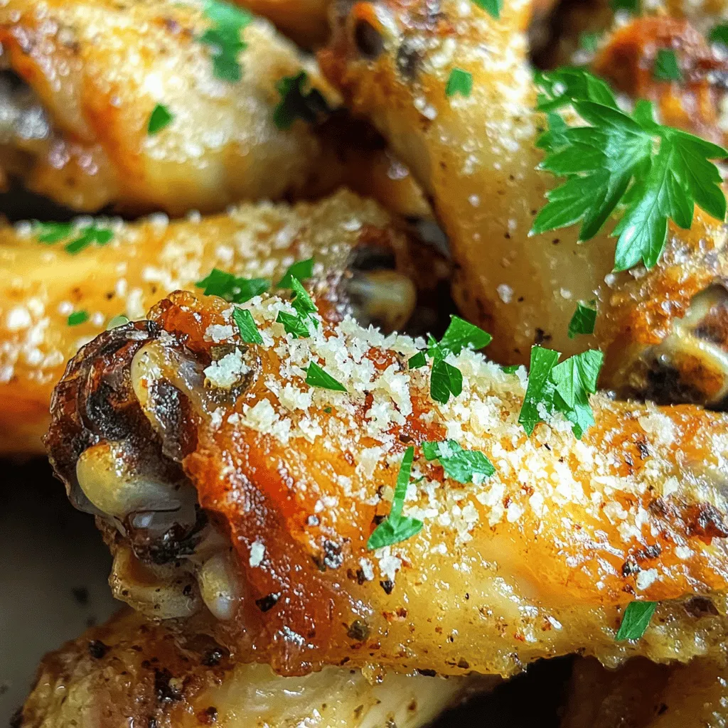 - 2 pounds chicken wings - 1/4 cup extra virgin olive oil - 4 cloves garlic, finely minced - 1/2 cup freshly grated Parmesan cheese - 1 teaspoon garlic powder - 1 teaspoon onion powder - 1 teaspoon dried Italian seasoning - Salt and freshly cracked black pepper, to taste - Fresh parsley, finely chopped (for garnish) To make Baked Garlic Parmesan Wings, you need simple but tasty ingredients. Start with 2 pounds of chicken wings. Look for fresh wings, as they cook better and taste great. Next, grab 1/4 cup of extra virgin olive oil. This oil helps to crisp the skin and adds flavor. You will use 4 cloves of garlic, finely minced. Fresh garlic gives the wings a bold taste. For a cheesy twist, get 1/2 cup of freshly grated Parmesan cheese. This will melt on the wings and form a delicious crust. Add 1 teaspoon of garlic powder and 1 teaspoon of onion powder for more depth in flavor. Include 1 teaspoon of dried Italian seasoning for a hint of herbs. Finally, use salt and freshly cracked black pepper to taste. These help to balance the flavors. Don't forget the fresh parsley for garnish. It adds color and a fresh taste to your wings. Gather these items before you start cooking. This will make your cooking process smooth and fun! Preheat your oven to 400°F (200°C). This step is key for getting crispy wings. While the oven heats, line a large baking sheet with parchment paper. This helps with cleanup and keeps wings from sticking. Next, make the marinade. In a big mixing bowl, pour in 1/4 cup of extra virgin olive oil. Then, add 4 finely minced garlic cloves. Include 1 teaspoon of garlic powder, 1 teaspoon of onion powder, and 1 teaspoon of dried Italian seasoning. Season with salt and freshly cracked black pepper to your taste. Stir everything until it mixes well into a tasty marinade. Now it's time to marinate the wings. Take 2 pounds of chicken wings and place them into the bowl with the marinade. Make sure each wing gets a good coating. Cover the bowl with plastic wrap or a lid. Let the wings sit in the fridge for at least 30 minutes. For even better taste, marinate them for up to 2 hours. This allows the flavors to soak in. After marinating, take the wings out of the fridge. Arrange them in a single layer on the prepared baking sheet. Avoid overcrowding; give them space to crisp up while baking. Put the baking sheet in the preheated oven. Bake the wings for 40-45 minutes. Flip the wings halfway through the bake time. This helps them brown evenly and get crispy. Keep an eye on them; they should turn golden brown and smell amazing. Once they are done, remove the wings from the oven. While they are still hot, sprinkle 1/2 cup of freshly grated Parmesan cheese over them. The heat will melt the cheese, giving a tasty crust. Finally, garnish with fresh parsley for a nice touch. Enjoy this flavorful treat hot! To get wings that are crispy, start by baking them at 400°F (200°C). This is the sweet spot for cooking chicken wings. Bake them for about 40 to 45 minutes. Halfway through, flip the wings. This ensures they brown evenly. Marination is key for great flavor. Coat each wing well in the marinade. Let them sit in the fridge for at least 30 minutes. For richer flavor, let them marinate for 2 hours. You can add more spice to the marinade for a kick. Try adding some red pepper flakes or a dash of hot sauce. This gives the wings a nice heat. For garnish, fresh parsley adds color and flavor. After baking, sprinkle it over the wings. You can also serve the wings with a side of ranch or a light vinaigrette. This makes for a tasty dip and adds to the plate's look. {{image_4}} To make your wings spicy, add cayenne pepper or hot sauce to the marinade. Start with 1 teaspoon of cayenne for a mild kick. Adjust to fit your taste. You can also mix in smoked paprika for a rich flavor. Try adding other spices like chili powder or crushed red pepper. These boost flavor and heat. Mix these spices in with garlic and Parmesan. Using fresh herbs gives a new twist to your wings. Try fresh rosemary or thyme instead of dried herbs. Chop them finely and mix them into the marinade. This adds a bright and fresh taste. You can also swap the Parmesan with other cheeses. Try using Pecorino Romano for a saltier flavor. Goat cheese can add a creamy texture that pairs well with garlic. To keep your baked wings fresh, let them cool first. Place them in an airtight container. If you have more wings than space, stack them in layers. You can use parchment paper between layers to avoid sticking. This method helps keep your wings nice and tasty. Store them in the fridge. They will last for up to 3 days. To reheat your Baked Garlic Parmesan Wings, the oven is best. Preheat it to 375°F (190°C). Place the wings on a baking sheet. Heat them for about 10-15 minutes. This method keeps them crispy. You can also use an air fryer if you want. Just heat at 375°F (190°C) for 5-7 minutes. Always check to ensure they are hot throughout. Enjoy your wings just like fresh! To make wings extra crispy, start with a dry surface. Pat the wings with paper towels to remove moisture. Use a higher oven temperature, around 425°F (220°C). The hot air helps them crisp up. Flip the wings halfway through cooking for even browning. You can also bake them on a wire rack. This allows air to circulate all around. Yes, you can use frozen chicken wings! Just remember to thaw them first. Place the wings in the fridge overnight or use the microwave's defrost setting. Once thawed, follow the marinade steps as usual. Make sure to check that they are fully cooked through before serving. Several sauces go well with these wings. Here are a few favorites: - Ranch dressing - Blue cheese dressing - Honey mustard - Spicy buffalo sauce These sauces add extra flavor and make a great pairing with the garlic and cheese. When cooking larger batches, the timing may change. If you double the wings, keep an eye on them. You might need to add 5 to 10 minutes. Always check that they reach an internal temp of 165°F (74°C). Space them out well on the baking sheet to ensure they cook evenly. Yes, you can grill the wings! Preheat your grill to medium heat. Place the marinated wings on the grill. Cook for about 20-25 minutes, flipping them often. Keep the lid closed to maintain heat. Use a meat thermometer to ensure they are done. Grilled wings will have a smoky flavor and great char. In this post, we covered how to make Baked Garlic Parmesan Wings. You learned about the key ingredients, easy steps to prepare, and tips for crispiness. We also explored flavor variations and storage tips. These wings are perfect for any event or casual night in. Feel confident to try your own spin based on what you like. Enjoy creating a tasty dish that everyone will love.