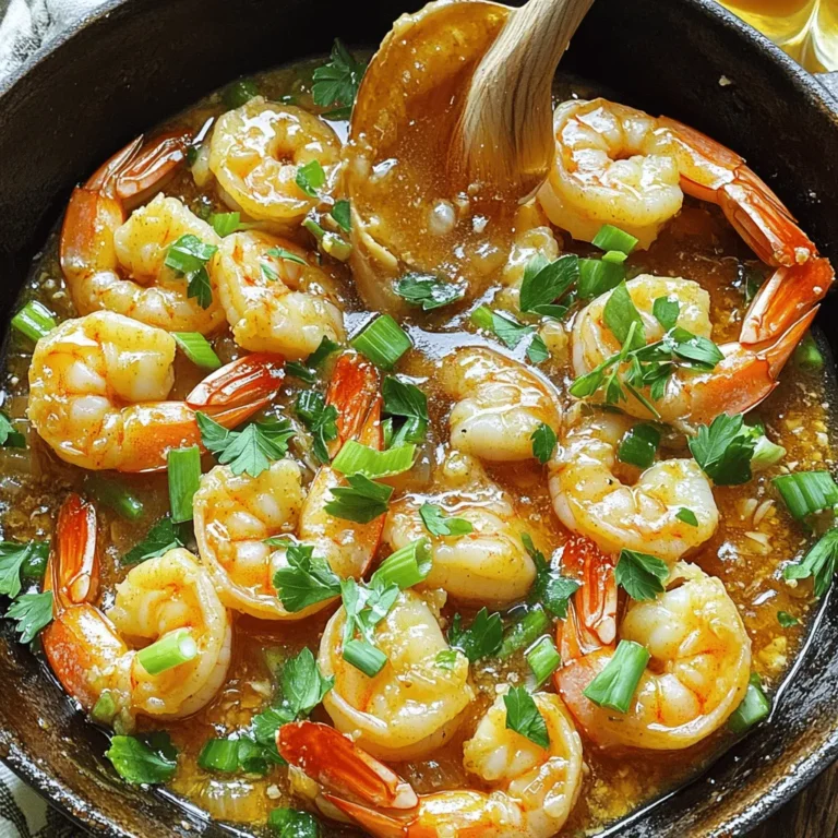 - 1 lb large shrimp, peeled and deveined - 2 tablespoons unsalted butter - 3 tablespoons honey - 4 cloves of garlic, finely minced - 1 tablespoon soy sauce - 1 teaspoon smoked paprika - 1/2 teaspoon red pepper flakes (optional) - Salt and pepper to taste - 2 green onions, finely sliced (for garnish) - Fresh parsley, finely chopped (for garnish) - Skillet (preferably heavy-bottomed) - Measuring spoons and cups - Spatula or cooking spoon The key to making Honey Butter Garlic Shrimp Skillet is having the right ingredients and tools. Start with fresh shrimp. Look for large ones that are peeled and deveined. This saves you time and lets you get right to cooking. Butter adds a rich flavor. Using unsalted butter helps you control the saltiness. Honey provides sweetness and helps balance the garlic. Minced garlic adds depth. Soy sauce adds a savory kick. Smoked paprika gives a nice warmth, and red pepper flakes can spice things up if you like heat. Don’t forget the garnishes! Green onions and parsley add a fresh touch. They make your dish look vibrant and appealing. For cooking, a heavy-bottomed skillet works best. It distributes heat evenly, helping your shrimp cook perfectly. Measuring spoons and a spatula or cooking spoon are also essential. These tools help you measure and stir with ease. With these ingredients and tools ready, you’re set to create a delicious dish! First, rinse the shrimp under cold running water. This step helps clean them well. After rinsing, pat them dry with a paper towel. This removes excess moisture, which prevents steaming when you cook them. Next, season the shrimp with a sprinkle of salt and pepper. This simple step enhances their natural taste. Now, grab a large, heavy-bottomed skillet. Place it on the stove over medium-high heat. Add the unsalted butter to the skillet. As the butter melts, watch for it to bubble lightly. This means it's ready for the next step. Carefully add the minced garlic to the skillet. Sauté the garlic for about one minute. Stir it often to keep it from burning. Burnt garlic can ruin the dish by adding a bitter flavor. After the garlic is fragrant, it’s time for the shrimp. Place them in the skillet in a single layer. Sprinkle the smoked paprika and red pepper flakes on top. Cook the shrimp for two to three minutes without stirring. This allows them to sear nicely. Flip the shrimp and cook the other side for another two to three minutes. They should turn a lovely pink color when done. Once the shrimp are cooked through, drizzle the honey and soy sauce over them. Gently stir to coat each shrimp evenly. Let the mixture cook for another two to three minutes. This allows the sauce to thicken and cling to the shrimp, making every bite delicious. To get the best shrimp, cook them for just 2-3 minutes per side. They turn pink and opaque when done. To check doneness, cut one shrimp in half. If it’s white inside, it’s ready! Adding herbs and spices makes a big difference. I recommend using fresh parsley for a pop of color and flavor. To balance sweetness and saltiness, adjust the honey and soy sauce. Start with less honey, then taste and add more if needed. Garlic can burn quickly, so keep an eye on it while cooking. Stir it often and remove it from heat if it starts to brown. When cooking shrimp, don’t overcrowd the skillet. This helps them sear nicely without steaming. {{image_4}} You can easily adapt this dish to fit different diets. For gluten-free options, use gluten-free soy sauce. This swaps out regular soy sauce while keeping the flavor strong. If you want a sweet twist, try using maple syrup in place of honey. This change works well and keeps the dish sticky and tasty. To add a bright note, mix in some citrus zest. Lemon or lime zest adds a fresh pop. You can also include different veggies. Broccoli, bell peppers, or snap peas work great. Just toss them in the skillet when you cook the shrimp for added color and nutrition. Adjusting the spice level is simple. If you want it milder, skip the red pepper flakes. For more heat, add extra flakes or a dash of hot sauce. You can also explore spice blends. Try Cajun seasoning or chili powder for a unique twist. Each change gives the dish a whole new vibe. To store any leftover honey butter garlic shrimp, place them in an airtight container. This method keeps them fresh and tasty. Make sure the shrimp cool down before sealing. You can keep them in the fridge for up to two days. If you can, eat them sooner for the best flavor. When you reheat shrimp, use low heat to keep them tender. The best way is to use a skillet. Add a splash of water or broth to help keep them moist. Heat for just a few minutes until warm. Avoid cooking them too long; otherwise, they will become rubbery and tough. If you want to freeze the shrimp, place them in a freezer-safe bag. Squeeze out extra air before sealing the bag. You can freeze them for up to three months. When you are ready to use them, thaw shrimp in the fridge overnight. This method is safe and helps keep their texture. You can tell shrimp is cooked by its color and texture. Cooked shrimp turns pink and opaque. If the shrimp curls into a "C" shape, it is ready. Avoid overcooking, as this makes the shrimp tough and rubbery. Yes, you can use frozen shrimp! Start by thawing them in the fridge overnight or under cold water. Pat them dry well before seasoning. This helps the shrimp cook evenly and prevents excess water in the skillet. This dish pairs well with rice or noodles. A fresh salad also adds a nice crunch. You can serve it with steamed veggies for a colorful plate. Consider adding crusty bread to soak up the sweet sauce, too. You can easily adjust the recipe! To double it, simply double all the ingredients. Cooking time stays about the same, but check for doneness. If you halve the recipe, cut the ingredients in half and watch the cooking time closely, as it may be shorter. You can create a delicious Honey Butter Garlic Shrimp with simple steps. We covered the ingredients, essential tools, and cooking process. Remember to avoid burning the garlic and check shrimp doneness. Feel free to customize the recipe with your favorite flavors or adjust cooking times. Store leftovers correctly to enjoy another meal later. With these tips and tricks, you'll impress anyone with your cooking. Enjoy making this shrimp dish for a tasty treat!