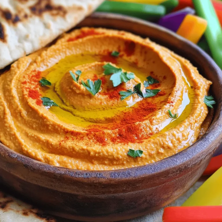To make roasted red pepper hummus, gather these key ingredients: - 1 can (15 oz) chickpeas, thoroughly drained and rinsed - 1 red bell pepper, roasted - 2 tablespoons tahini - 2 tablespoons extra virgin olive oil - 2 tablespoons freshly squeezed lemon juice - 1 clove of garlic, finely minced - 1/2 teaspoon ground cumin - Sea salt and freshly ground black pepper, to taste - Water, as needed - Fresh parsley, finely chopped, for garnish - Paprika, for garnish These ingredients work together to create a creamy and flavorful dip. Chickpeas are high in protein and fiber. They support good digestion and help you feel full. Red bell peppers are loaded with vitamin C and antioxidants. They add color and nutrition to the hummus. Tahini provides healthy fats and calcium. Olive oil is great for heart health. Garlic may boost your immune system. Each ingredient plays a role in making this dish not just tasty, but also nourishing. You can enhance your hummus with a few simple add-ins: - Lemon Zest: Adds a bright touch. - Spices: Try smoked paprika for a deeper flavor or cayenne for heat. - Herbs: Fresh basil or cilantro can add a unique twist. - Olives: Chopped olives can bring a salty kick. Experimenting with these options lets you customize your hummus to your taste. To roast a red bell pepper, preheat your oven to 450°F (230°C). Cut the pepper in half and remove the seeds and stem. Place the pepper cut-side down on a lined baking sheet. Roast it for about 20 to 25 minutes. Look for charred and blistered skin. Let the pepper cool before you peel off the skin. Set the flesh aside for your hummus. Use a powerful food processor for the best results. First, add the drained chickpeas, roasted red pepper, tahini, olive oil, lemon juice, minced garlic, and cumin into the processor. Pulse the mixture to combine. Then, blend on high speed until smooth. If it seems thick, add water one tablespoon at a time. Keep blending until you reach a creamy texture. Perfect hummus has a creamy, light feel. If your hummus is too thick, add water carefully. Blend well after each addition. Taste it before serving. Adjust the salt and pepper to your liking. This final step makes the flavors pop. For a beautiful finish, spoon the hummus into a bowl, smooth the top, and garnish with olive oil, paprika, and parsley. To make your hummus pop, use fresh ingredients. Fresh lemon juice and quality olive oil are key. The roasted red pepper adds a sweet, smoky taste. For an extra kick, try adding a pinch of cayenne pepper or smoked paprika. Blend everything well to ensure a creamy texture. You can also adjust the garlic to suit your taste. If you like a stronger flavor, add more garlic. Many people skip rinsing chickpeas. This can lead to a gritty texture. Always rinse them well before use. Another mistake is not blending long enough. Blend until smooth and creamy. If it seems thick, add water slowly. Avoid over seasoning; taste as you go. Lastly, don't forget to garnish! A little olive oil and fresh parsley can make a big difference. Store leftover hummus in an airtight container. It keeps well in the fridge for up to five days. Make sure to drizzle a bit of olive oil on top. This helps keep it fresh and tasty. If you freeze it, use a freezer-safe container. Thaw in the fridge overnight before serving. Always stir well after thawing to restore the texture. {{image_4}} To spice things up, add a kick! You can mix in some cayenne pepper or crushed red pepper flakes. Start with a pinch and taste. Adjust the heat to your liking. This variation adds warmth and depth to the hummus. It pairs well with pita chips or fresh veggies. Want a creamy, tangy twist? Add crumbled feta cheese to the mix. Just fold it into the finished hummus. The feta gives a rich flavor and creamy texture. It also adds a salty bite that complements the roasted red pepper. This version pairs nicely with olives and warm pita bread. This recipe is already vegan and gluten-free! Use chickpeas, tahini, and olive oil without worry. It’s perfect for all diets. If you're looking to make it even healthier, consider adding spinach or kale. They blend well and add extra nutrients without changing the taste. Enjoy with gluten-free crackers or fresh veggies. You can enjoy roasted red pepper hummus with many tasty dippers. Here are my favorites: - Warm pita bread - Fresh vegetable sticks (like carrots and cucumbers) - Crunchy crackers - Toasted pita chips These options add great flavors and textures. They also make your hummus fun to eat! Make your hummus stand out with a lovely presentation. Here are some tips: - Use a colorful bowl to serve the hummus. - Drizzle extra virgin olive oil on top. - Sprinkle paprika and parsley for color. - Arrange your dippers around the bowl for a fun display. This will make your dish look as good as it tastes! Roasted red pepper hummus is versatile. It pairs well with many meals. Here are some ideas: - Serve it as a spread on sandwiches. - Add it to a veggie platter for parties. - Use it as a dip for grilled meats. - Serve it alongside salads or grain bowls. These pairings enhance your meals and add delicious flavors! To make roasted red pepper hummus from scratch, you need simple ingredients. First, roast a red bell pepper. You can do this in your oven. Cut the pepper in half, remove seeds, and place it cut-side down on a baking sheet. Roast it for 20-25 minutes at 450°F (230°C) until the skin is charred. Let it cool, then peel off the skin. Next, add the roasted pepper and chickpeas to a food processor. Include tahini, olive oil, lemon juice, minced garlic, and cumin. Blend it all until smooth. If it’s too thick, add water slowly. Season with salt and pepper. Finally, serve it garnished with olive oil, paprika, and parsley. You can find pre-made roasted red pepper hummus in many grocery stores. Look in the refrigerated section, usually near other dips and spreads. Some popular brands make tasty options. You may also find it at health food stores or specialty markets. If you prefer local flavors, check if nearby shops make their own hummus. Hummus is not only delicious but also healthy. It contains chickpeas, which are a great source of protein and fiber. These nutrients can help keep you full and support digestion. Tahini adds healthy fats and minerals like calcium. Olive oil offers heart-healthy fats too. Hummus is low in calories, making it a smart snack choice. Plus, it’s rich in vitamins from the red pepper and garlic. Eating hummus can help you maintain a balanced diet. Homemade hummus usually lasts about 4-5 days in the fridge. Store it in an airtight container to keep it fresh. If you bought pre-made hummus, check the label for the expiration date. Once opened, it should also last about a week. If you notice any changes in smell or color, it's best to toss it. Enjoy your hummus while it's fresh for the best taste! In this post, we covered how to make roasted red pepper hummus from scratch. We explored the key ingredients, their nutritious benefits, and some fun add-ins for flavor. I shared step-by-step tips for roasting peppers and blending them for the perfect texture. We also discussed common mistakes and how to store leftovers. Finally, I shared exciting variations and serving suggestions. Homemade hummus is easy and fun. Enjoy making it your way!