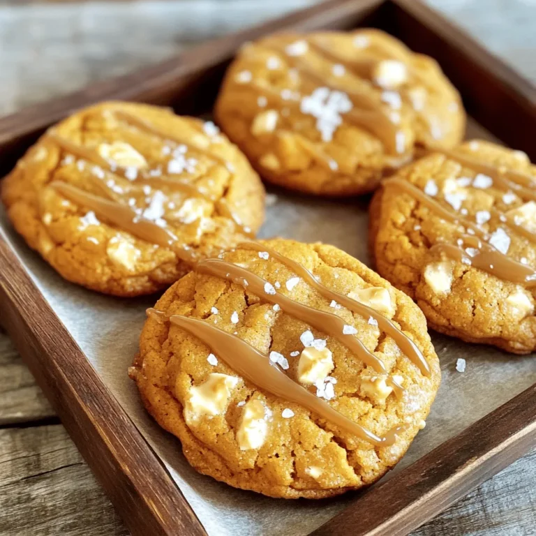 - 1 cup pumpkin puree - 1/2 cup unsalted butter, softened - 1 cup brown sugar, packed - 1/2 cup granulated sugar - 1 large egg - 1 teaspoon vanilla extract - 2 cups all-purpose flour - 1 teaspoon baking soda - 1/2 teaspoon baking powder - 1 teaspoon ground cinnamon - 1/2 teaspoon ground ginger - 1/4 teaspoon nutmeg - 1/4 teaspoon salt - 1 cup salted caramel sauce (store-bought or homemade) - Sea salt flakes for topping - Chocolate chips - Nuts (e.g., pecans or walnuts) - Vegan alternatives for butter and egg - Gluten-free flour options These ingredients make Salted Caramel Pumpkin Cookies a delight. The pumpkin puree gives them a moist texture and rich flavor. You can use chocolate chips or nuts for extra fun. If you need vegan options, swap the butter and egg for plant-based versions. You can also use gluten-free flour if you prefer. This recipe is flexible, so feel free to make it your own! - Preheat oven to 350°F (175°C). - Prepare baking sheet with parchment paper. - Cream the butter and sugars together in a large bowl. - Incorporate pumpkin, egg, and vanilla extract into the mixture. - Mix dry ingredients in a separate bowl. - Gradually combine wet and dry mixtures until just mixed. - Fold in salted caramel sauce gently. - Scoop dough onto prepared baking sheet, leaving space between each scoop. - Bake for 12-15 minutes until edges are golden. - Check cookie doneness by looking for set centers that are soft. - Cool cookies on baking sheet for a few minutes. - Transfer to wire rack to cool completely. - Drizzle cookies with caramel and sprinkle sea salt on top. To make the best salted caramel pumpkin cookies, avoid overmixing the dough. Mix until just combined. This keeps your cookies soft and chewy. Let your cookies cool for at least 10 minutes on the baking sheet. This helps them firm up and enhance their flavor. After that, move them to a wire rack to cool completely. You can serve these cookies in fun ways. Place them on a decorative platter. Add a small bowl of extra salted caramel for dipping. This adds a nice touch. These cookies pair well with coffee or milk. The sweet and salty flavors balance perfectly with a warm drink. Watch your baking temperature! If your oven runs hot, the cookies may burn. Always check with an oven thermometer. Also, measure your ingredients carefully. Too much flour can make the cookies dry. Use the spoon and level method for accuracy. This ensures your cookies turn out great every time. {{image_4}} You can take these cookies to a new level by adding spices. Try a pinch of cloves or allspice for extra warmth. These spices blend well with pumpkin and caramel. They add depth and complexity to each bite. You can also play with the type of caramel you use. Swap store-bought caramel for homemade. This adds a personal touch and can enhance the flavor. You might even try using flavored caramel, like vanilla or sea salt. Each option gives a new twist to your cookies. If you need a gluten-free option, use almond or coconut flour instead of all-purpose flour. Both flours work well and keep the cookies soft. They also maintain the rich flavor we love. For those watching sugar intake, consider low-sugar or sugar-free options. Substitute the sugars with a sweetener like stevia or erythritol. This way, you can enjoy these cookies without the extra sugar. Mix-ins can change the game for these cookies. You can add chocolate chips for a rich taste. Dark or milk chocolate pairs well with pumpkin and caramel. Dried fruit like cranberries or raisins can also enhance flavor. They add chewiness and a bit of tartness. You can even experiment with different nut butters in the dough. Peanut butter or almond butter adds a nutty taste. Each mix-in can create a unique cookie experience. To keep your salted caramel pumpkin cookies fresh, store them in an airtight container. This helps to keep the cookies soft and moist. If you want to enjoy them later, freezing is a great option. Place the cookies in a single layer on a baking sheet. Freeze until firm, then transfer to a freezer-safe bag or container. This method keeps them from sticking together. At room temperature, these cookies stay fresh for about five days. If you refrigerate them, they can last up to a week. Frozen cookies can be kept for about three months. Just remember to label your container with the date, so you know when to enjoy them. If you freeze your cookies, you can soften them easily. Let them sit at room temperature for about 10-15 minutes before eating. For best results, reheat them in a microwave for just 10-15 seconds. This warms them without drying them out. Enjoy your cookies warm, with a touch of extra salted caramel on top! Pumpkin adds moisture and flavor to the cookies. It keeps them soft and chewy. The warm taste of pumpkin pairs well with spices like cinnamon and ginger. This makes every bite comforting and rich. Yes, you can use fresh pumpkin. First, you need to cook the pumpkin. Cut it in half and remove the seeds. Roast it in the oven at 350°F (175°C) for about 45 minutes. Once soft, scoop the flesh out and blend it until smooth. This will give you fresh pumpkin puree. Making salted caramel sauce is simple. You need: - 1 cup sugar - 6 tablespoons butter, cut into pieces - 1/2 cup heavy cream - 1 teaspoon sea salt 1. In a pan, heat the sugar over medium heat. Stir until it melts and turns amber. 2. Add the butter and stir until melted. 3. Slowly add the cream and stir until smooth. 4. Remove from heat and mix in the salt. Let it cool before using. Yes, you can adapt them. For vegan cookies, use a plant-based butter and a flax egg instead of a real egg. For gluten-free, swap all-purpose flour with almond flour or a blend of gluten-free flours. You can also reduce the sugar or use sugar substitutes for a low-sugar option. Look for a golden edge on the cookies. The center should look set but soft. You can press lightly on the top; it should spring back. If it leaves a mark, they need more time. Keep an eye on them after 12 minutes to avoid overbaking. These Salted Caramel Pumpkin Cookies combine warmth and sweetness in every bite. You learned about key ingredients, step-by-step instructions, and tips to perfect your baking. Don't forget the fun variations and storage tricks to keep cookies fresh. Experiment with flavors and dietary needs to make these cookies your own. With these methods, you can impress friends and family. Baking can be simple and enjoyable. Start your baking adventure today and create delicious memories!