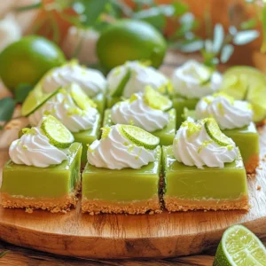 In this recipe for Key Lime Pie Bars, you will need the following ingredients: - 1 cup graham cracker crumbs - 1/4 cup granulated sugar - 1/2 cup unsalted butter, melted - 2 large eggs - 1 can (14 oz) sweetened condensed milk - 1/2 cup freshly squeezed key lime juice - Zest of 2 key limes - 1/4 teaspoon salt - Whipped cream (for topping) - Lime slices and additional zest (for garnish) These ingredients come together to create a sweet and tart treat that everyone will love. The graham cracker crumbs form the crust, while the sweetened condensed milk and key lime juice make the filling rich and tangy. Using fresh key lime juice will give your bars the best flavor. You'll top the finished bars with whipped cream and a sprinkle of zest for a beautiful finish. Each bite offers a burst of zesty goodness that brightens any day. Set the temperature to 350°F (175°C). This step is key for even baking. Combine graham cracker crumbs, sugar, and melted butter in a bowl. Mix until it looks like wet sand. Press this mixture into the bottom of an 8x8-inch baking dish. Bake for 8-10 minutes, until the crust is light golden. Take it out and let it cool. In another bowl, whisk together the eggs, sweetened condensed milk, freshly squeezed key lime juice, lime zest, and salt. Whisk until smooth. Pour this creamy filling over the cooled crust. Bake for 15-20 minutes. The filling should not jiggle when you shake the dish gently. Let it cool at room temperature, then chill in the fridge for at least 2 hours. Cut into squares and serve with whipped cream, lime zest, and a slice of lime on top. Enjoy the sweet and tart flavors! To make a great crust, press the crumb mixture down firmly. This helps form an even base. Aim for a smooth and flat layer. Bake it until it turns lightly golden. This gives your bars a nice crunch and flavor. For the best taste, always use fresh key lime juice. The flavor really shines through. After baking the filling, gently shake the dish to check for doneness. If it jiggles in the center, it needs more time. You want it to be set but not overcooked. To make your bars look amazing, serve them with whipped cream on top. Add some fresh lime zest for a pop of color. Mint leaves also work great as a garnish. They add a nice touch and make your dessert even more inviting. {{image_4}} You can make these bars gluten-free. Just swap regular graham cracker crumbs for gluten-free ones. This simple change keeps the taste and texture just right. Many brands offer tasty gluten-free options. Look for crumbs made from rice or almond flour. To make a vegan version, use aquafaba instead of eggs. Aquafaba is the liquid from canned chickpeas. It works great for baking! You also want to use coconut cream instead of sweetened condensed milk. This gives the bars a creamy texture without any dairy. Want to add a twist to your key lime pie bars? Try mixing in some coconut or strawberry puree. Coconut adds a tropical flair, while strawberry gives a sweet touch. Just fold in the puree after mixing the filling. This will create a fun surprise in every bite. You can store these Key Lime Pie Bars in the fridge. Use an airtight container. They will stay fresh for up to a week. This keeps them tasty and safe to eat. If you want longer storage, freeze the cut bars. Wrap each bar in plastic wrap. Place them in a zip-top bag. This way, they will stay fresh for up to three months. To serve after freezing, thaw the bars in the fridge. This keeps them cool and creamy. Add fresh whipped cream on top before serving. You can also add a sprinkle of zest for extra flavor. Enjoy the tartness! Yes, these bars can be made in advance and stored. I often prepare them the day before a gathering. This way, they chill overnight. Chilling helps the flavors mix and deepen. Just keep them in the fridge in an airtight container. They stay fresh and tasty for several days. Yes, regular lime juice can be used if key limes are unavailable. Key limes have a unique tartness. However, regular limes work well too. I recommend using fresh juice for the best taste. The flavor may be a bit different, but still delicious. Use a hot knife for clean, even cuts to avoid crumbling. Run the knife under hot water, then dry it. This simple trick helps you slice through the bars smoothly. Clean cuts make for a nice presentation. Plus, it keeps the filling intact. To wrap up, you’ve learned how to make delicious Key Lime Pie Bars. We covered the ingredients needed, like graham cracker crumbs and sweetened condensed milk. I shared the step-by-step instructions for a perfect crust and filling. Remember, you can customize these bars to fit your taste. Store leftovers carefully for later enjoyment. With these tips, you can impress anyone with your baking skills. Enjoy your tasty creation!