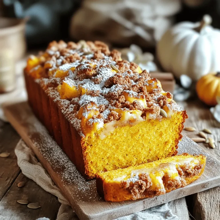 To make this tasty pumpkin bread, you need these main ingredients: - 2 cups all-purpose flour - 1 teaspoon baking soda - 1/2 teaspoon baking powder - 1 teaspoon ground cinnamon - 1/2 teaspoon ground nutmeg - 1/4 teaspoon ground ginger - 1/2 teaspoon salt - 1 cup granulated sugar - 1/2 cup brown sugar, packed firmly - 1/2 cup vegetable oil - 2 large eggs, at room temperature - 1 cup canned pumpkin puree - 1 teaspoon vanilla extract These items are easy to find and blend well to create a moist bread. For that crunchy top, gather these ingredients for the streusel: - 1/2 cup all-purpose flour - 1/2 cup rolled oats - 1/3 cup brown sugar, packed firmly - 1 teaspoon ground cinnamon - 1/4 cup cold unsalted butter, cut into small cubes The streusel adds a nice texture and flavor to the bread. You can make some swaps based on what you have. Here are a few ideas: - Use whole wheat flour for a heartier texture. - Substitute coconut oil for vegetable oil for a different taste. - Swap in maple syrup for granulated sugar for a natural sweetness. - If you need it dairy-free, use a plant-based butter in the streusel. These substitutions keep the essence of the recipe while adding a personal touch. Start by preheating your oven to 350°F (175°C). While the oven warms up, grab a 9x5 inch loaf pan. Lightly grease the pan with butter or oil. This step helps the bread slide out easily after baking. Set the pan aside for later use. In a medium bowl, whisk together the following dry ingredients: - 2 cups all-purpose flour - 1 teaspoon baking soda - 1/2 teaspoon baking powder - 1 teaspoon ground cinnamon - 1/2 teaspoon ground nutmeg - 1/4 teaspoon ground ginger - 1/2 teaspoon salt Mix these well until they are evenly blended. This ensures your bread has a good rise and great flavor. Once mixed, set this bowl aside. In a large bowl, combine: - 1 cup granulated sugar - 1/2 cup packed brown sugar - 1/2 cup vegetable oil Use a whisk or electric mixer to blend these ingredients until smooth. Next, add in 2 large eggs, one at a time, mixing well after each addition. Now, gently fold in: - 1 cup canned pumpkin puree - 1 teaspoon vanilla extract Mix until everything is smooth. This step gives your bread its rich pumpkin flavor. Gradually add the dry mixture into the pumpkin batter. Stir gently until just mixed. Be careful not to overmix, as this can make the bread dense. For the streusel topping, mix in a small bowl: - 1/2 cup all-purpose flour - 1/2 cup rolled oats - 1/3 cup packed brown sugar - 1 teaspoon ground cinnamon Add 1/4 cup cold unsalted butter, cut into small cubes. Use your fingers or a pastry cutter to mix until it looks like coarse crumbs. Now, pour half of the pumpkin batter into the greased loaf pan. Sprinkle half of the streusel topping on top. Add the rest of the pumpkin batter, and finish with the remaining streusel topping. This layering adds texture and flavor. Place the loaf pan in the preheated oven. Bake for 60-70 minutes. To check for doneness, insert a toothpick into the center. If it comes out clean, your bread is ready. Keep an eye on it to avoid over-browning. Once baked, let it cool in the pan for about 10 minutes. Afterward, move it to a wire rack to cool completely before slicing. To make your pumpkin streusel bread soft and moist, follow these tips: - Use room temperature eggs. Cold eggs can make the batter dense. - Do not overmix the batter. Stir until just combined for a light loaf. - Check your oven with an oven thermometer. This ensures accurate baking temperature. If your bread does not rise well, check these points: - Ensure your baking powder and baking soda are fresh. Old leavening agents may not work. - Avoid opening the oven door too early. This can cause the bread to collapse. - If the top browns too quickly, cover it with foil during baking. Having the right tools makes baking easier. Here are some must-haves: - A sturdy mixing bowl for combining ingredients. - A whisk for blending wet and dry components. - A 9x5 inch loaf pan for even baking. - A toothpick for checking doneness. - A wire rack for cooling the bread completely. These tips will help you create a delicious pumpkin streusel bread every time! {{image_4}} You can make your Pumpkin Streusel Bread even more special by adding nuts or chocolate chips. Try using walnuts, pecans, or even hazelnuts for a nutty crunch. Just chop them roughly and add about 1 cup to the batter. If you love chocolate, mix in 1 cup of chocolate chips instead. This sweet twist will delight any chocolate lover. Spices can change the flavor of your bread. If you want to try something new, swap out the cinnamon, nutmeg, or ginger for other spices. For a warmer taste, use cardamom or allspice. You can also add a bit of ground cloves for a unique flavor. Just remember to keep the amounts similar to the original recipe. If you need a gluten-free option, it's easy to adapt this recipe. Use a gluten-free flour blend instead of all-purpose flour. Check that it includes xanthan gum, which helps with texture. You can also replace baking powder and baking soda with gluten-free versions. This way, everyone can enjoy a slice of this tasty bread! To keep your pumpkin streusel bread fresh, wrap it tightly in plastic wrap. This will help prevent it from drying out. You can also place it in an airtight container. Store it at room temperature for up to three days. If you want to keep it longer, consider freezing it. If you want to freeze the bread, slice it first. This makes it easy to thaw just what you need. Wrap each slice in plastic wrap, then place them in a freezer bag. Make sure to remove as much air as possible. The bread can last in the freezer for up to three months. When you're ready to enjoy your bread, you can reheat it. If it's frozen, let it thaw in the fridge overnight. To warm up slices, use a toaster or microwave. Heat it for about 10-15 seconds in the microwave. This will make it soft and tasty again. Enjoy your warm slice with butter or your favorite spread! Yes, you can use fresh pumpkin. Start by roasting a small pumpkin. Cut it in half, remove the seeds, and bake until soft. Once it cools, scoop out the flesh and mash it. This fresh pumpkin will add more depth of flavor, but make sure to drain any excess moisture. To check if the bread is done, insert a toothpick into the center. If it comes out clean or with a few crumbs, the bread is ready. If it has wet batter, bake for a few more minutes. Keep an eye on the top. It should look golden brown. Pumpkin Streusel Bread pairs well with many things. You can serve it with butter or cream cheese. A sprinkle of cinnamon on top adds extra flavor. It also tastes great with a warm drink, like coffee or tea. The bread stays fresh for about three days at room temperature. Store it in an airtight container to keep it moist. You can refrigerate it for about a week. For longer storage, freeze it. Just wrap it tightly in plastic wrap. This blog post covered all you need to know about making Pumpkin Streusel Bread. We explored key ingredients, from the batter to the topping. I shared steps for mixing and baking, along with tips for perfect texture. You also learned about fun variations and how to store leftovers. Pumpkin Streusel Bread is a tasty treat for any occasion. Try it out and enjoy!