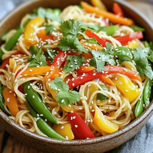 - 8 oz rice noodles - 1 tablespoon sesame oil - 1 cup bell peppers (a mix of red, yellow, and green), thinly sliced - 1 cup snap peas, trimmed - 1 medium carrot, peeled and julienned - 3 tablespoons soy sauce (or tamari for gluten-free options) - 1 tablespoon rice vinegar - 1 tablespoon honey or maple syrup (to taste) - 1 tablespoon sesame seeds (toasted for extra flavor) - Fresh cilantro, loosely chopped, for garnish - 2 green onions, finely chopped To cook the rice noodles, first, boil water in a large pot. Add the noodles when the water bubbles. Cook them for about 4-6 minutes, checking for doneness. You want them al dente, not mushy. Once done, drain the noodles. Rinse them under cold water to stop cooking. This helps keep them firm and tasty. Heat a large skillet or wok over medium-high heat. Pour in one tablespoon of sesame oil. Let it warm up for a moment. Next, toss in thinly sliced bell peppers, snap peas, and julienned carrot. Stir-fry these colorful veggies for about 3-4 minutes. You want them tender-crisp, so they stay bright and crunchy. In a small bowl, mix together the grated ginger, soy sauce, rice vinegar, and honey or maple syrup. Use a whisk to blend everything until it’s smooth. Taste the sauce. If you want it sweeter, add more honey or syrup. Adjust the flavor to fit your liking. Add the rinsed noodles to the skillet with the sautéed veggies. Then pour the sauce over the noodles. Gently toss everything together for around 2 minutes. Make sure the noodles get an even coating of sauce and heat through. This makes each bite flavorful. Take the skillet off the heat. Fold in chopped green onions and toasted sesame seeds. Season with salt and pepper. Remember, the soy sauce adds some saltiness, so be careful not to overdo it. Finally, dish out the noodle bowl and top with fresh cilantro for a pop of flavor and color. - Cooking Tips for Rice Noodles: Start by bringing water to a boil. Add the rice noodles and cook for 4-6 minutes. Keep an eye on them; you want them tender, not mushy. Drain and rinse them with cold water to stop cooking. This keeps them from clumping together. - Best Practices for Stir-Frying Vegetables: Heat your skillet or wok to medium-high. Add sesame oil first, then toss in your veggies. Stir-fry for about 3-4 minutes. This keeps them crisp and colorful. You want them tender but still bright. - Customizing Sweetness with Honey or Maple Syrup: Use honey or maple syrup to add sweetness to your dish. Start with one tablespoon and taste. You can always add more if you want it sweeter. Adjusting it helps you find the right balance for your taste. - Optional Spices to Add Depth: Try adding red pepper flakes for heat or garlic powder for a savory kick. These spices can transform the dish and make it more exciting. A little goes a long way, so start small. - Serving Ideas: Serve the noodle bowl in deep bowls for a cozy feel. Add lime wedges on the side for a burst of brightness. It’s a nice touch when your guests can squeeze fresh lime over their dish. - Ways to Enhance Visual Appeal: Top your bowls with extra cilantro and sesame seeds. This adds color and texture. A sprinkle of chili flakes can also give a pop of color and a hint of spice. You want each bowl to look as good as it tastes! {{image_4}} You can switch rice noodles for other types. Try egg noodles or whole wheat noodles. For a gluten-free option, use rice noodles or quinoa noodles. Each type brings its own flavor and texture. Experiment to find your favorite! Feel free to use seasonal vegetables. Try zucchini, broccoli, or bok choy for a fresh twist. You can mix colors to make your dish vibrant. Think bright yellows, greens, and reds for a feast for the eyes. Adding protein makes this dish heartier. Chicken, shrimp, or tofu all work well. For chicken, cook it in the skillet first. If using shrimp, add it just before the noodles. For tofu, sauté it until golden. Each protein offers a different taste and texture. To store your sesame ginger noodle bowl, place it in a sealed container. Refrigerate it within two hours of cooking. This keeps the noodles fresh and safe to eat. The dish lasts for about 3 to 4 days in the fridge. After that, the noodles may become mushy. To reheat, use a microwave or a skillet. If using a microwave, heat on low power to avoid overcooking. Stir the noodles every minute for even heat. If using a skillet, add a splash of water or broth. This helps keep the noodles moist. Avoid high heat to prevent sogginess. You can freeze the noodle bowl for longer storage. Place it in an airtight container. It can last up to 3 months in the freezer. When ready to eat, thaw it in the fridge overnight. Reheat slowly in a skillet, adding a bit of water if needed. Enjoy your delicious meal again! To cook rice noodles, start by boiling water in a large pot. Add the noodles when the water is rolling. Cook according to the package, usually 4-6 minutes. Check for doneness; they should be al dente. Drain the noodles and rinse them under cold water. This stops the cooking and keeps them from sticking. Yes, you can mix it up! Broccoli, zucchini, or even mushrooms work well. Try adding bok choy for a unique flavor. Use seasonal veggies for freshness. Just cut them thin so they cook quickly. Absolutely! This dish is a great choice for meal prep. Cook the noodles and veggies ahead. Store them in airtight containers in the fridge. When ready to eat, just heat and add the sauce. This keeps the flavors fresh and tasty. This noodle bowl pairs well with many sides. Try a simple cucumber salad for a fresh crunch. You can also serve spring rolls for extra fun. A light soup can be a nice touch too. Enjoy experimenting with different sides! This blog post outlined the process to make a delicious sesame ginger noodle bowl. You learned about key ingredients, cooking techniques, and tips for perfecting your dish. I shared ways to customize flavors and adapt the recipe to your tastes. Keep these methods in mind as you create your noodle bowl. Enjoy experimenting and sharing your tasty results with others. Happy cooking!