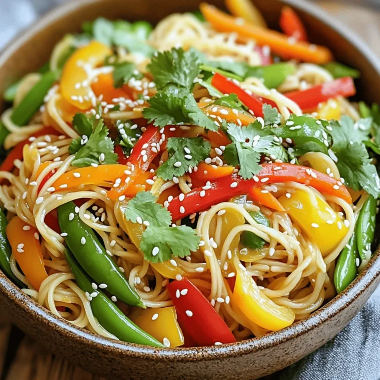 - 8 oz rice noodles - 1 tablespoon sesame oil - 1 cup bell peppers (a mix of red, yellow, and green), thinly sliced - 1 cup snap peas, trimmed - 1 medium carrot, peeled and julienned - 3 tablespoons soy sauce (or tamari for gluten-free options) - 1 tablespoon rice vinegar - 1 tablespoon honey or maple syrup (to taste) - 1 tablespoon sesame seeds (toasted for extra flavor) - Fresh cilantro, loosely chopped, for garnish - 2 green onions, finely chopped To cook the rice noodles, first, boil water in a large pot. Add the noodles when the water bubbles. Cook them for about 4-6 minutes, checking for doneness. You want them al dente, not mushy. Once done, drain the noodles. Rinse them under cold water to stop cooking. This helps keep them firm and tasty. Heat a large skillet or wok over medium-high heat. Pour in one tablespoon of sesame oil. Let it warm up for a moment. Next, toss in thinly sliced bell peppers, snap peas, and julienned carrot. Stir-fry these colorful veggies for about 3-4 minutes. You want them tender-crisp, so they stay bright and crunchy. In a small bowl, mix together the grated ginger, soy sauce, rice vinegar, and honey or maple syrup. Use a whisk to blend everything until it’s smooth. Taste the sauce. If you want it sweeter, add more honey or syrup. Adjust the flavor to fit your liking. Add the rinsed noodles to the skillet with the sautéed veggies. Then pour the sauce over the noodles. Gently toss everything together for around 2 minutes. Make sure the noodles get an even coating of sauce and heat through. This makes each bite flavorful. Take the skillet off the heat. Fold in chopped green onions and toasted sesame seeds. Season with salt and pepper. Remember, the soy sauce adds some saltiness, so be careful not to overdo it. Finally, dish out the noodle bowl and top with fresh cilantro for a pop of flavor and color. - Cooking Tips for Rice Noodles: Start by bringing water to a boil. Add the rice noodles and cook for 4-6 minutes. Keep an eye on them; you want them tender, not mushy. Drain and rinse them with cold water to stop cooking. This keeps them from clumping together. - Best Practices for Stir-Frying Vegetables: Heat your skillet or wok to medium-high. Add sesame oil first, then toss in your veggies. Stir-fry for about 3-4 minutes. This keeps them crisp and colorful. You want them tender but still bright. - Customizing Sweetness with Honey or Maple Syrup: Use honey or maple syrup to add sweetness to your dish. Start with one tablespoon and taste. You can always add more if you want it sweeter. Adjusting it helps you find the right balance for your taste. - Optional Spices to Add Depth: Try adding red pepper flakes for heat or garlic powder for a savory kick. These spices can transform the dish and make it more exciting. A little goes a long way, so start small. - Serving Ideas: Serve the noodle bowl in deep bowls for a cozy feel. Add lime wedges on the side for a burst of brightness. It’s a nice touch when your guests can squeeze fresh lime over their dish. - Ways to Enhance Visual Appeal: Top your bowls with extra cilantro and sesame seeds. This adds color and texture. A sprinkle of chili flakes can also give a pop of color and a hint of spice. You want each bowl to look as good as it tastes! {{image_4}} You can switch rice noodles for other types. Try egg noodles or whole wheat noodles. For a gluten-free option, use rice noodles or quinoa noodles. Each type brings its own flavor and texture. Experiment to find your favorite! Feel free to use seasonal vegetables. Try zucchini, broccoli, or bok choy for a fresh twist. You can mix colors to make your dish vibrant. Think bright yellows, greens, and reds for a feast for the eyes. Adding protein makes this dish heartier. Chicken, shrimp, or tofu all work well. For chicken, cook it in the skillet first. If using shrimp, add it just before the noodles. For tofu, sauté it until golden. Each protein offers a different taste and texture. To store your sesame ginger noodle bowl, place it in a sealed container. Refrigerate it within two hours of cooking. This keeps the noodles fresh and safe to eat. The dish lasts for about 3 to 4 days in the fridge. After that, the noodles may become mushy. To reheat, use a microwave or a skillet. If using a microwave, heat on low power to avoid overcooking. Stir the noodles every minute for even heat. If using a skillet, add a splash of water or broth. This helps keep the noodles moist. Avoid high heat to prevent sogginess. You can freeze the noodle bowl for longer storage. Place it in an airtight container. It can last up to 3 months in the freezer. When ready to eat, thaw it in the fridge overnight. Reheat slowly in a skillet, adding a bit of water if needed. Enjoy your delicious meal again! To cook rice noodles, start by boiling water in a large pot. Add the noodles when the water is rolling. Cook according to the package, usually 4-6 minutes. Check for doneness; they should be al dente. Drain the noodles and rinse them under cold water. This stops the cooking and keeps them from sticking. Yes, you can mix it up! Broccoli, zucchini, or even mushrooms work well. Try adding bok choy for a unique flavor. Use seasonal veggies for freshness. Just cut them thin so they cook quickly. Absolutely! This dish is a great choice for meal prep. Cook the noodles and veggies ahead. Store them in airtight containers in the fridge. When ready to eat, just heat and add the sauce. This keeps the flavors fresh and tasty. This noodle bowl pairs well with many sides. Try a simple cucumber salad for a fresh crunch. You can also serve spring rolls for extra fun. A light soup can be a nice touch too. Enjoy experimenting with different sides! This blog post outlined the process to make a delicious sesame ginger noodle bowl. You learned about key ingredients, cooking techniques, and tips for perfecting your dish. I shared ways to customize flavors and adapt the recipe to your tastes. Keep these methods in mind as you create your noodle bowl. Enjoy experimenting and sharing your tasty results with others. Happy cooking!