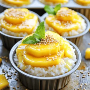 - 1 cup glutinous rice - 1 ½ cups coconut milk - ¼ cup granulated sugar - ¼ teaspoon sea salt - 2 ripe mangoes, peeled and sliced - Toasted sesame seeds or shredded coconut - Fresh mint leaves Mango Coconut Sticky Rice Cups need simple yet key ingredients. First, glutinous rice gives this dish its sticky texture. This rice is essential for the sweet and creamy coconut milk to cling to. You will need 1 cup of it. Next, you need 1 ½ cups of coconut milk. This milk adds richness and flavor. It makes the dessert creamy and delightful. To sweeten the dish, ¼ cup of granulated sugar is used. The sugar balances the coconut's natural taste. You also need ¼ teaspoon of sea salt. The salt enhances all the flavors. Finally, you’ll need 2 ripe mangoes. These mangoes add freshness and a lovely burst of color. Slice them thin for a beautiful top layer. For garnishes, toasted sesame seeds or shredded coconut add texture. Fresh mint leaves make a pretty touch. They also add a hint of green. Gather these ingredients, and you are ready to create a treat that tastes as good as it looks! 1. Rinse the glutinous rice. Place the rice in a bowl. Use cold water to rinse it. Keep rinsing until the water runs clear. This step removes excess starch. 2. Soak the rice for at least 4 hours or overnight. After rinsing, fill the bowl with water. Leave it to soak. This helps the rice become tender and sticky. 1. Drain the rice and prepare for steaming. Once soaked, drain the rice well. Use a bamboo steamer or a pot lined with cheesecloth. 2. Steam until tender and sticky. Place the rice in the steamer. Steam for about 30 to 40 minutes. The rice is done when it's tender and slightly sticky. 1. Combine coconut milk, sugar, and sea salt. In a small saucepan, mix coconut milk, sugar, and sea salt. Stir the mixture over low heat until the sugar dissolves. 2. Reserve ½ cup for later use. Once mixed, take out half a cup of the sauce. Set this aside for later. 1. Mix steamed rice with coconut sauce. Transfer the cooked rice to a bowl. Pour the remaining coconut sauce over the rice and fold gently. 2. Spoon rice into cups and top with mango slices. Use a muffin tin or small cups. Press the rice firmly into each cup. Top with fresh mango slices for color. 1. Drizzle reserved sauce over cups. Carefully pour the reserved coconut sauce over each cup. This adds extra flavor. 2. Chill in the refrigerator before serving. Place the cups in the fridge for about 15 to 20 minutes. This helps the flavors meld together nicely. To get the best sticky rice, soaking is key. Rinse the rice until the water is clear. Then, soak it in water for at least 4 hours, or overnight if you can. This helps the rice absorb moisture. When it’s time to steam, use a bamboo steamer or a pot with cheesecloth. Steam the rice for 30 to 40 minutes. You want it tender and slightly sticky. Sweetness is important in this dessert. Use about ¼ cup of sugar for a nice balance. You can adjust this based on your taste. For a twist, try other toppings. Toasted sesame seeds or shredded coconut add texture. Fresh fruits like berries or kiwi can also work well. Make your cups look great! Arrange mango slices on top nicely. You want each slice to show off its color. Use a muffin tin or small cups to serve. Drizzle the reserved coconut sauce over the top for an eye-catching finish. Finally, add a sprig of fresh mint for that extra touch. {{image_4}} You can use many fruits to top your mango coconut sticky rice cups. While ripe mangoes are the star, try adding fresh strawberries, kiwi, or blueberries for a change. Each fruit brings its own unique taste and color. Seasonal fruits are perfect too. When peaches or cherries are in season, slice them up for a fresh twist. For vegan options, switch the granulated sugar for coconut sugar. It keeps that sweet flavor while staying plant-based. If you need a gluten-free choice, rest easy! Glutinous rice is already gluten-free. Just check the coconut milk and other products to ensure they are also gluten-free. Get creative when serving these cups! Use small jars or dessert glasses for a fun look. At parties, arrange them on a big platter for an eye-catching display. Pair these cups with a light drink like iced tea or coconut water. You can also serve them with other desserts, like sorbet or fruit salad, for a sweet feast. To keep your Mango Coconut Sticky Rice Cups fresh, use airtight containers. Glass or plastic containers work well. Store the cups in the fridge for up to three days. The longer they sit, the softer the rice gets. If you have leftover mango slices, keep them separate to avoid browning. You can freeze the sticky rice. First, let it cool completely. Then, place it in a freezer-safe bag or container. Squeeze out as much air as possible. This helps prevent freezer burn. You can freeze the rice for up to a month. To thaw, move the rice to the fridge overnight. When ready to eat, reheat it in the microwave. Add a splash of coconut milk for moisture. Stir well to ensure even heating. Enjoy your tasty treat anytime! Glutinous rice is a special type of rice. It is also called sticky rice or sweet rice. This rice has high starch content. When cooked, it becomes very sticky. This stickiness helps it hold together. Glutinous rice is great for desserts. It is common in Asian dishes. You can use regular rice, but the results will change. Regular rice does not stick like glutinous rice. You may need to add more coconut milk to get a creamy texture. The taste will also differ. For best results, stick with glutinous rice. To check if the rice is done, look for a few signs. The grains should be tender and sticky. They should not feel hard. You can also taste a small spoonful. If it is soft and chewy, it is ready. Yes, you can make this recipe ahead of time. Prepare the sticky rice and coconut sauce the day before. Assemble the cups and chill them in the fridge. They will taste even better after some time. Just add the garnishes before serving. This recipe for sticky rice with mango is simple and fun. You learned how to prepare glutinous rice and make a sweet coconut sauce. We covered garnishes, storage tips, and possible variations. Remember to soak the rice well for the best texture. Feel free to get creative with toppings and presentation styles. This dish will surely impress at any gathering or as a sweet treat at home. Now you can enjoy this delicious dessert whenever you want!