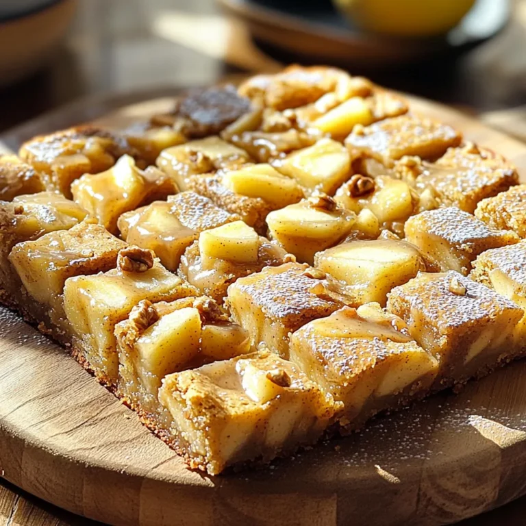 To make apple blondies with cinnamon glaze, gather these items: - 1 cup unsalted butter, melted - 1 cup packed brown sugar - 2 large eggs - 2 teaspoons vanilla extract - 2 cups all-purpose flour - 1 teaspoon baking powder - 1/2 teaspoon baking soda - 1/2 teaspoon salt - 1 teaspoon ground cinnamon - 1 1/2 cups peeled and diced apples (about 2 medium apples) - 1/2 cup chopped walnuts (optional) - For the cinnamon glaze: - 1 cup powdered sugar - 2 tablespoons milk - 1 teaspoon ground cinnamon If you need to swap some ingredients, here are my tips: - Use coconut oil instead of butter for a dairy-free option. - Substitute the brown sugar with coconut sugar for a healthier choice. - If you prefer, you can use applesauce in place of the eggs for a vegan treat. - Replace all-purpose flour with almond flour for a gluten-free version. Choosing the right apples makes a big difference. Here are my top tips: - Go for firm apples like Granny Smith or Honeycrisp. They hold their shape well. - Avoid mushy or bruised apples; they can ruin the texture of your blondies. - The flavor matters! Sweet apples add great taste, while tart apples give a nice contrast. - If possible, pick apples that are local and in season for the best flavor. First, we need to prepare. Preheat your oven to 350°F (175°C). This heat helps the blondies rise and bake evenly. Grab a 9x13 inch baking pan. You can grease it with butter or oil. If you prefer, line it with parchment paper. This makes it easy to lift the blondies out after baking. Now, let’s mix our wet and dry ingredients. In a large bowl, add 1 cup of melted butter and 1 cup of brown sugar. Whisk until smooth. Next, add in 2 large eggs, one at a time. Mix well after each egg. Then, stir in 2 teaspoons of vanilla extract. This will make your blondies taste amazing! In another bowl, combine 2 cups of flour, 1 teaspoon of baking powder, 1/2 teaspoon of baking soda, 1/2 teaspoon of salt, and 1 teaspoon of ground cinnamon. Whisk these dry ingredients together. Slowly add the dry mix to the wet mix. Stir gently until just combined. Be careful not to overmix. The fun part is here! Now, fold in 1 1/2 cups of diced apples. These should be peeled and diced into small pieces. If you like, add 1/2 cup of chopped walnuts for some crunch. Mix them gently into the batter. This helps to keep the apples and nuts evenly spread. Your batter is now ready to go into the baking pan! To get the best texture in your apple blondies, start with melted butter. This helps the blondies stay moist and chewy. Mix your butter and brown sugar well to trap air. This step adds lightness. When adding eggs, beat them in one at a time. This helps the batter become smooth and fluffy. Finally, mix until just combined when adding dry ingredients. Overmixing can make them tough. One common mistake is not measuring ingredients correctly. Too much flour can lead to dry blondies. Use the spoon and level method for accurate measurements. Another mistake is opening the oven door too soon. This can cause the blondies to sink. Lastly, don’t forget to cool them for about 10 minutes in the pan. This helps them firm up before transfer. To check if your blondies are baked, use a toothpick. Insert it in the center; it should come out clean or with a few crumbs. If you see wet batter, they need more time. Keep an eye on them in the last few minutes of baking. Remember, blondies will continue to cook after you take them out. So, remove them just before they look perfect. {{image_4}} - 1 cup powdered sugar - 2 tablespoons milk - 1 teaspoon ground cinnamon To make the cinnamon glaze, first gather your ingredients. In a small bowl, add the powdered sugar. Next, pour in the milk. Use a whisk to mix them together. Add the ground cinnamon to the bowl. Continue whisking until the glaze is smooth. You want it to be pourable, not too thick. If it seems too thick, add a tiny bit more milk. If it seems too thin, add a bit more powdered sugar. Once done, set the glaze aside. If you want to change things up, try these options. You can replace milk with heavy cream for a richer glaze. For a fun twist, add maple syrup instead of milk. This gives the glaze a sweet flavor. You can also mix in some vanilla extract for added depth. If you love chocolate, a drizzle of melted chocolate can be great too. Choose what sounds best for you! You can easily change up your apple blondies. Try adding pears or peaches for a fresh twist. Berries like blueberries or raspberries can also add a burst of flavor. If you love nuts, walnuts work great. You can also try pecans or almonds. Just chop them up and fold them in with the apples. This gives your blondies a fun texture and taste. Want a gluten-free version? Replace all-purpose flour with gluten-free flour. Many brands work well in baked goods. Look for options that have a good balance of starches and whole grains. You can also use almond flour or coconut flour, but remember to adjust the liquid. These flours absorb more moisture. You can boost the flavor of your blondies. Try adding a pinch of nutmeg or ginger for warmth. You could even swap vanilla extract for almond extract. This gives a nice, nutty taste. Want a caramel twist? Mix in some caramel bits for extra sweetness. These simple changes can make your blondies exciting and unique! To keep your apple blondies fresh, store them in an airtight container. Use parchment paper between layers to prevent sticking. This simple step helps maintain their soft texture. If you like, you can also cover them tightly with plastic wrap. At room temperature, apple blondies last about 3 to 4 days. Make sure they stay in a cool, dry place. In the fridge, they can last up to a week. Just remember to keep them in that airtight container to avoid drying out. To reheat, pop a blondie in the microwave for 10-15 seconds. This makes it warm and gooey. If you want to freeze them, wrap each blondie in plastic wrap, then place them in a freezer bag. They can stay good for up to 3 months. When ready to eat, let them thaw in the fridge overnight. This blog post covered key steps to create tasty apple blondies. We explored essential ingredients, alternatives, and how to choose great apples. I shared the best methods for preparing and mixing the batter, plus tips to avoid common mistakes. You learned how to make a delicious cinnamon glaze and various ways to customize your blondies. Lastly, I provided storage tips to keep them fresh. Enjoy baking your apple blondies, and remember, small changes can lead to big tastes!