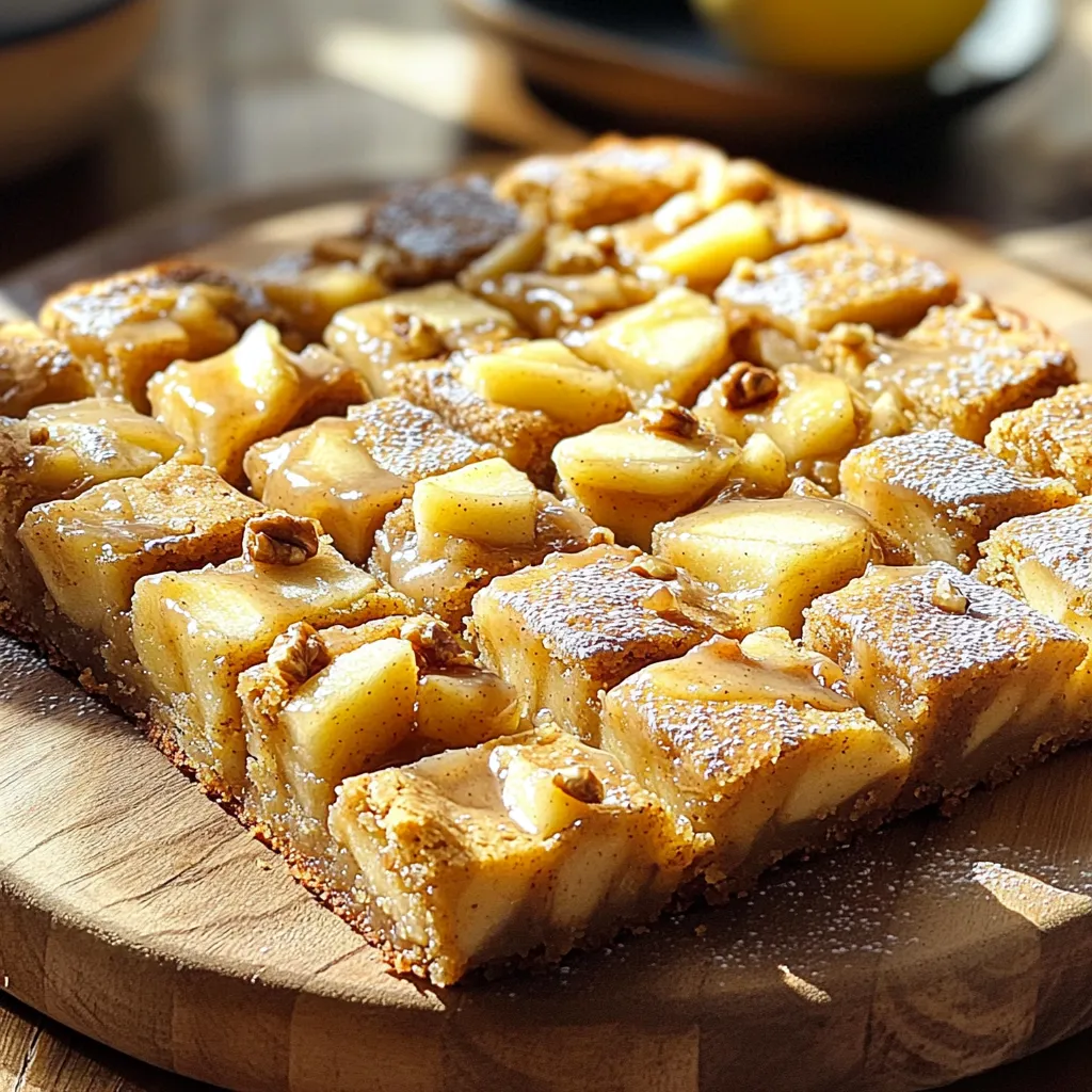To make apple blondies with cinnamon glaze, gather these items: - 1 cup unsalted butter, melted - 1 cup packed brown sugar - 2 large eggs - 2 teaspoons vanilla extract - 2 cups all-purpose flour - 1 teaspoon baking powder - 1/2 teaspoon baking soda - 1/2 teaspoon salt - 1 teaspoon ground cinnamon - 1 1/2 cups peeled and diced apples (about 2 medium apples) - 1/2 cup chopped walnuts (optional) - For the cinnamon glaze: - 1 cup powdered sugar - 2 tablespoons milk - 1 teaspoon ground cinnamon If you need to swap some ingredients, here are my tips: - Use coconut oil instead of butter for a dairy-free option. - Substitute the brown sugar with coconut sugar for a healthier choice. - If you prefer, you can use applesauce in place of the eggs for a vegan treat. - Replace all-purpose flour with almond flour for a gluten-free version. Choosing the right apples makes a big difference. Here are my top tips: - Go for firm apples like Granny Smith or Honeycrisp. They hold their shape well. - Avoid mushy or bruised apples; they can ruin the texture of your blondies. - The flavor matters! Sweet apples add great taste, while tart apples give a nice contrast. - If possible, pick apples that are local and in season for the best flavor. First, we need to prepare. Preheat your oven to 350°F (175°C). This heat helps the blondies rise and bake evenly. Grab a 9x13 inch baking pan. You can grease it with butter or oil. If you prefer, line it with parchment paper. This makes it easy to lift the blondies out after baking. Now, let’s mix our wet and dry ingredients. In a large bowl, add 1 cup of melted butter and 1 cup of brown sugar. Whisk until smooth. Next, add in 2 large eggs, one at a time. Mix well after each egg. Then, stir in 2 teaspoons of vanilla extract. This will make your blondies taste amazing! In another bowl, combine 2 cups of flour, 1 teaspoon of baking powder, 1/2 teaspoon of baking soda, 1/2 teaspoon of salt, and 1 teaspoon of ground cinnamon. Whisk these dry ingredients together. Slowly add the dry mix to the wet mix. Stir gently until just combined. Be careful not to overmix. The fun part is here! Now, fold in 1 1/2 cups of diced apples. These should be peeled and diced into small pieces. If you like, add 1/2 cup of chopped walnuts for some crunch. Mix them gently into the batter. This helps to keep the apples and nuts evenly spread. Your batter is now ready to go into the baking pan! To get the best texture in your apple blondies, start with melted butter. This helps the blondies stay moist and chewy. Mix your butter and brown sugar well to trap air. This step adds lightness. When adding eggs, beat them in one at a time. This helps the batter become smooth and fluffy. Finally, mix until just combined when adding dry ingredients. Overmixing can make them tough. One common mistake is not measuring ingredients correctly. Too much flour can lead to dry blondies. Use the spoon and level method for accurate measurements. Another mistake is opening the oven door too soon. This can cause the blondies to sink. Lastly, don’t forget to cool them for about 10 minutes in the pan. This helps them firm up before transfer. To check if your blondies are baked, use a toothpick. Insert it in the center; it should come out clean or with a few crumbs. If you see wet batter, they need more time. Keep an eye on them in the last few minutes of baking. Remember, blondies will continue to cook after you take them out. So, remove them just before they look perfect. {{image_4}} - 1 cup powdered sugar - 2 tablespoons milk - 1 teaspoon ground cinnamon To make the cinnamon glaze, first gather your ingredients. In a small bowl, add the powdered sugar. Next, pour in the milk. Use a whisk to mix them together. Add the ground cinnamon to the bowl. Continue whisking until the glaze is smooth. You want it to be pourable, not too thick. If it seems too thick, add a tiny bit more milk. If it seems too thin, add a bit more powdered sugar. Once done, set the glaze aside. If you want to change things up, try these options. You can replace milk with heavy cream for a richer glaze. For a fun twist, add maple syrup instead of milk. This gives the glaze a sweet flavor. You can also mix in some vanilla extract for added depth. If you love chocolate, a drizzle of melted chocolate can be great too. Choose what sounds best for you! You can easily change up your apple blondies. Try adding pears or peaches for a fresh twist. Berries like blueberries or raspberries can also add a burst of flavor. If you love nuts, walnuts work great. You can also try pecans or almonds. Just chop them up and fold them in with the apples. This gives your blondies a fun texture and taste. Want a gluten-free version? Replace all-purpose flour with gluten-free flour. Many brands work well in baked goods. Look for options that have a good balance of starches and whole grains. You can also use almond flour or coconut flour, but remember to adjust the liquid. These flours absorb more moisture. You can boost the flavor of your blondies. Try adding a pinch of nutmeg or ginger for warmth. You could even swap vanilla extract for almond extract. This gives a nice, nutty taste. Want a caramel twist? Mix in some caramel bits for extra sweetness. These simple changes can make your blondies exciting and unique! To keep your apple blondies fresh, store them in an airtight container. Use parchment paper between layers to prevent sticking. This simple step helps maintain their soft texture. If you like, you can also cover them tightly with plastic wrap. At room temperature, apple blondies last about 3 to 4 days. Make sure they stay in a cool, dry place. In the fridge, they can last up to a week. Just remember to keep them in that airtight container to avoid drying out. To reheat, pop a blondie in the microwave for 10-15 seconds. This makes it warm and gooey. If you want to freeze them, wrap each blondie in plastic wrap, then place them in a freezer bag. They can stay good for up to 3 months. When ready to eat, let them thaw in the fridge overnight. This blog post covered key steps to create tasty apple blondies. We explored essential ingredients, alternatives, and how to choose great apples. I shared the best methods for preparing and mixing the batter, plus tips to avoid common mistakes. You learned how to make a delicious cinnamon glaze and various ways to customize your blondies. Lastly, I provided storage tips to keep them fresh. Enjoy baking your apple blondies, and remember, small changes can lead to big tastes!