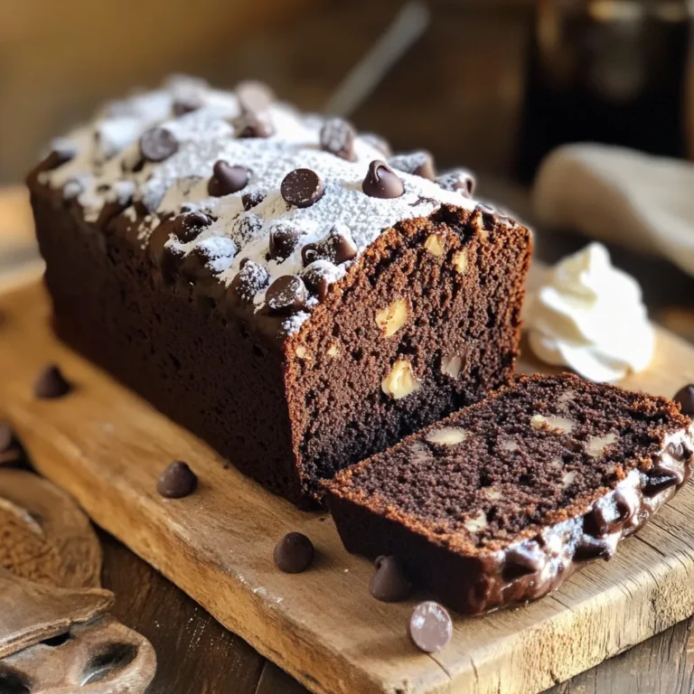 To make the Chocolate Espresso Loaf, gather these items: - 1 ½ cups all-purpose flour - 1 cup granulated sugar - ½ cup unsweetened cocoa powder - 1 teaspoon baking powder - ½ teaspoon baking soda - ¼ teaspoon sea salt - 2 large eggs, at room temperature - ½ cup vegetable oil - 1 cup brewed espresso, cooled to room temperature - 1 teaspoon pure vanilla extract - ½ cup semi-sweet chocolate chips - ¼ cup chopped walnuts (optional) The dry ingredients form the base of your loaf. Each plays a key role: - All-purpose flour: This gives structure and helps the loaf rise. - Granulated sugar: Adds sweetness and helps with browning. - Unsweetened cocoa powder: Provides rich chocolate flavor. - Baking powder: This helps the loaf rise and become fluffy. - Baking soda: Works with the espresso to create a nice lift. - Sea salt: Enhances flavors and balances sweetness. Mix these dry items well to ensure even flavor and texture. You can elevate your loaf with these tasty extras: - Chopped walnuts: They add crunch and a nutty flavor. - Extra chocolate chips: For more chocolatey goodness, feel free to add more! - Spices: A pinch of cinnamon or nutmeg can add warmth. These add-ins let you customize your loaf and make it your own. First, preheat your oven to 350°F (175°C). This helps the loaf bake evenly. Grease a 9x5 inch loaf pan with butter or oil. Then, line the bottom with parchment paper. This makes it easy to remove the loaf later. In a large bowl, whisk together the dry ingredients. Combine 1 ½ cups all-purpose flour, 1 cup granulated sugar, ½ cup cocoa powder, 1 teaspoon baking powder, ½ teaspoon baking soda, and ¼ teaspoon sea salt. Mix until it is airy and well combined. In a separate bowl, crack 2 large eggs and whisk them until smooth. Gradually add ½ cup vegetable oil, 1 cup cooled espresso, and 1 teaspoon vanilla extract. Stir until everything blends together. Now, pour the wet mixture into the dry ingredients. Gently fold them together using a spatula. Be careful not to overmix; a few lumps are okay! Once combined, add ½ cup semi-sweet chocolate chips and ¼ cup chopped walnuts if you like. Fold these in gently. Next, transfer the batter into your prepared loaf pan. Use a spatula to smooth the top. Bake in the oven for 55-60 minutes. Check for doneness by inserting a toothpick into the center. It should come out clean or with a few moist crumbs. When the loaf is ready, remove it from the oven. Let it cool in the pan for 10 minutes. After that, carefully move it to a wire rack. Let it cool completely to let the flavors meld. To get a soft and moist Chocolate Espresso Loaf, follow these tips: - Use room temperature eggs. This helps mix better. - Don’t overmix the batter. A few lumps are okay. - Fold in chocolate chips gently. This keeps them from sinking. - Bake at 350°F (175°C) for even cooking. - Check doneness with a toothpick. It should come out clean. Avoid these common pitfalls: - Using cold eggs can lead to a dense loaf. - Overmixing can make the loaf tough. - Not measuring ingredients correctly can throw off the texture. - Forgetting to grease the pan can cause sticking. - Opening the oven too soon can lead to sinking. Make your loaf even better with these ideas: - Add a pinch of cinnamon for warmth. - Use dark chocolate chips for a richer taste. - Top with powdered sugar for a pretty finish. - Serve with whipped cream or vanilla ice cream. - Slice and arrange on a wooden board for a rustic look. {{image_4}} You can change the flavor of your loaf by adding nuts or different chocolates. For nuts, I love using walnuts, but pecans or almonds work well too. Chop them roughly and fold them in at the end. If you want to switch up the chocolate, try using dark chocolate chips or even white chocolate for a sweeter bite. Mixing different chocolates gives your loaf a rich taste and unique look. Spices and extracts can elevate your chocolate espresso loaf. Adding a bit of cinnamon or nutmeg brings warmth to the chocolate. A dash of espresso powder can also boost the coffee flavor. If you want a hint of fruitiness, try adding orange or almond extract. These little changes can make your loaf feel special and exciting. Finishing touches can make your loaf truly shine. A simple glaze of powdered sugar and milk can add a sweet shine. For a more decadent option, melt semi-sweet chocolate and drizzle it over the top. You can also sprinkle some sea salt on the glaze for a fun contrast. Top your slices with whipped cream or vanilla ice cream for an extra treat. These additions make the loaf not just a dessert but a delightful experience. To keep your chocolate espresso loaf fresh, wrap it tightly in plastic wrap. This helps keep out air and moisture. You can store it at room temperature for up to three days. If you want it to last longer, consider refrigerating it. Just remember to wrap it well to avoid drying out. You can freeze chocolate espresso loaf for up to three months. First, let the loaf cool completely. Then, slice it into pieces, if you wish. Wrap each slice in plastic wrap and place them in a freezer-safe bag. Label the bag with the date. This way, you can enjoy a slice anytime you want a treat! To refresh leftover slices, let them sit at room temperature for about 30 minutes. You can also warm them in the oven. Preheat your oven to 350°F (175°C) and heat the slices for about 5-10 minutes. This warms them up and brings back their soft texture. Enjoy with a cup of coffee or tea for a delightful snack! If you want to skip the eggs, use unsweetened applesauce. A quarter cup of applesauce works well. You can also use flaxseed meal. Mix one tablespoon of flaxseed meal with three tablespoons of water. Let it sit for five minutes to thicken. This can replace one egg in your recipe. Both options keep the loaf moist and help bind the ingredients together. Yes, you can make the loaf without espresso. Use brewed coffee for a similar flavor. If you prefer, you can also use hot water. Just add a bit of cocoa powder to keep the chocolate taste strong. Your loaf may have a milder flavor, but it will still be delicious. Chocolate espresso loaf lasts about three to four days at room temperature. Wrap it tightly in plastic wrap or store it in an airtight container. If you want it to last longer, you can freeze it. The loaf freezes well for up to three months. Just slice it first for easy thawing later. This article covered all you need to know about making chocolate espresso loaf. We explored ingredients and shared step-by-step instructions to guide your baking. I provided tips for the best texture and flavor while avoiding common mistakes. You learned about variations, storage, and even answered some FAQs. Now, it’s your turn to try this recipe. Enjoy the taste and impress your friends! Happy baking!