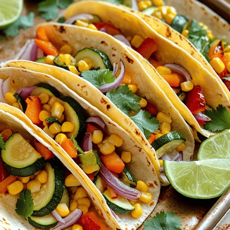 - 1 medium zucchini, diced into bite-sized pieces - 1 red bell pepper, chopped into 1-inch pieces - 1 yellow bell pepper, chopped into 1-inch pieces - 1 small red onion, thinly sliced - 1 cup corn kernels (fresh or thawed if frozen) - 1 can (15 oz) black beans, drained and rinsed - 2 teaspoons chipotle powder - 1 teaspoon ground cumin - 1 teaspoon garlic powder - 2 tablespoons extra virgin olive oil - 8-10 corn tortillas, depending on size - Fresh cilantro, finely chopped for garnish - Lime wedges for serving These ingredients create a colorful mix that packs flavor. The fresh veggies add crunch and sweetness. The black beans boost protein and texture. Chipotle powder brings heat and smokiness. Ground cumin and garlic powder add warmth and depth. You can customize these tacos with optional ingredients. Olive oil helps the veggies roast perfectly. Corn tortillas hold everything together and add a nice chew. Fresh cilantro brightens each bite. Lime wedges give a zesty finish. Feel free to experiment with what you have on hand. The beauty of these tacos lies in their flexibility! - Preheat oven to 400°F (200°C). - Prepare the baking sheet with parchment paper. - Combine vegetables and beans in a bowl. - Add olive oil and spices, mix well. - Transfer to baking sheet, spread evenly. - Roast for 20-25 minutes, stirring halfway. - Warm tortillas in a skillet until pliable. - Place roasted veggies on tortillas. - Garnish with cilantro and serve with lime wedges. Follow these steps to make tasty sheet pan chipotle veggie tacos. Each step is simple and fun. You will enjoy the process and the flavors. These tacos are perfect for any meal! To get the best roast, cut your veggies into even pieces. This helps them cook at the same rate. I like to use a mix of colors, like red and yellow bell peppers, to make the meal pop. When you season, use olive oil to coat the veggies well. A good amount of chipotle powder gives the dish a nice kick. Don’t forget salt and pepper! They bring out the best flavors in your veggies. Corn tortillas work best for these tacos. They hold the filling well and add great taste. Look for ones that are soft and pliable. If you can, choose organic tortillas for better flavor. To warm your tortillas, heat a skillet on medium. Toast each side for about 30 seconds. This makes them soft and easy to fold. You can also use a microwave, but watch the time to avoid drying them out. For sides, try black bean salad or guacamole. They add freshness and creaminess to the meal. You can also serve tortilla chips with salsa for crunch. When serving your tacos, stack them on a plate. Add a sprinkle of cilantro on top for color and taste. Serve lime wedges on the side. A squeeze of lime adds a zesty finish that brightens each bite. {{image_4}} You can add protein to your tacos for a heartier meal. Tofu is a great option. Use firm tofu and dice it into cubes. Cook it until it’s golden and crispy. Tempeh is another choice. Crumble it and sauté it with spices. For dairy lovers, you can add cheese. Try feta or cotija for a nice twist. Want to kick up the flavor? Add spices like smoked paprika or cayenne pepper. These give your veggies a fun kick. You can also try adding fresh herbs like oregano or thyme. For garnishes, think outside the box. Jalapeños, avocado slices, or radishes add great texture and taste. If you want a different way to enjoy the filling, try taco bowls. Use rice or quinoa as your base. Then, add the roasted veggies on top. For a low-carb option, use lettuce wraps. Just take a large leaf of romaine or iceberg and fill it with the veggies. Both styles are fun and tasty! To store leftover veggies, let them cool first. Place them in an airtight container. They will stay fresh for up to three days in the fridge. For tortillas, wrap them in foil or plastic wrap. This keeps them soft and prevents drying out. The best method to reheat the veggie filling is in a skillet. Heat it over medium-low heat, stirring often. This warms the filling evenly without drying it out. For tortillas, warm them in a skillet on low heat. This keeps them soft and pliable. To freeze the filling, let it cool completely. Then, place it in a freezer-safe bag. Make sure to remove as much air as possible. The filling can last up to three months in the freezer. When ready to eat, thaw it overnight in the fridge. Reheat it in a skillet before serving. Yes, you can prep these tacos ahead. Start by cutting your veggies and beans. Keep them in an airtight container in the fridge. You can store them for up to two days. When ready to cook, just mix them with olive oil and spices. Roast them right before serving for the best taste. If you want to switch out black beans, there are many great options. You can use pinto beans, kidney beans, or chickpeas. These will give you protein and flavor. If you prefer, you can also use lentils. They will add a nice texture to your tacos. To add spice, increase the chipotle powder. You can also add jalapeños or hot sauce. Mixing in a pinch of cayenne pepper will crank up the heat too. Taste as you go to find your perfect level of spice. Enjoy the kick! You now have a complete guide to making Sheet Pan Chipotle Veggie Tacos. From fresh veggies to tasty seasonings, every step matters. Remember to roast your veggies well for the best flavor. Don’t hesitate to try different proteins or spices to make these tacos your own. Store any leftovers properly for quick meals later. Making these tacos ahead or adjusting spice levels is easy. Enjoy your cooking and share these delicious tacos with others!