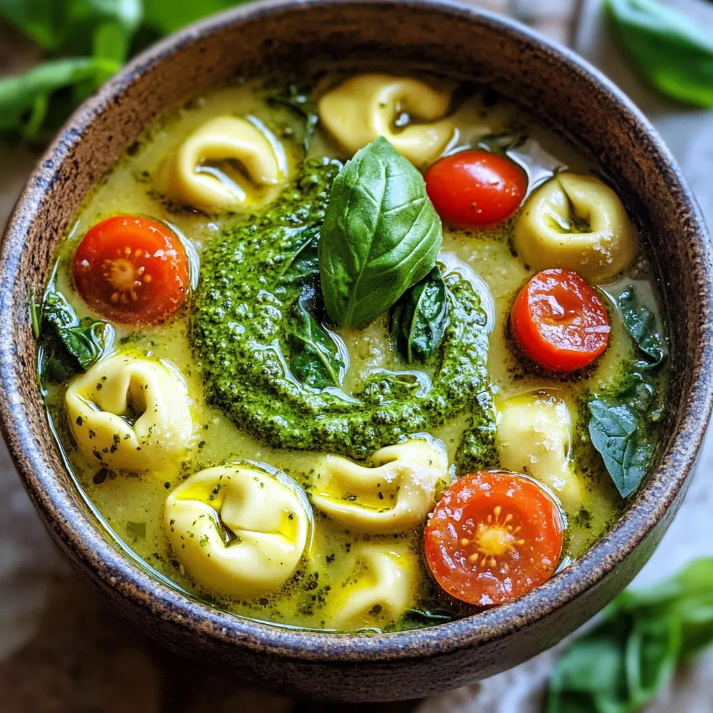 For the Creamy Pesto Tortellini Soup, you need a few simple ingredients. Here’s the complete list: - 1 tablespoon olive oil - 1 small onion, finely diced - 3 cloves garlic, minced - 4 cups vegetable broth - 2 cups heavy cream - 1 cup basil pesto (store-bought or homemade) - 2 cups cheese tortellini (either fresh or frozen) - 1 cup cherry tomatoes, halved - 1 cup baby spinach, rinsed and dried - Salt and pepper to taste - Fresh basil leaves for garnishing - Grated Parmesan cheese for topping Each ingredient plays a vital role in making this soup creamy and flavorful. The olive oil helps to sauté the onion and garlic, giving the base a rich taste. The broth and heavy cream create a silky texture. The basil pesto adds a bright, herbal kick, while the tortellini provides heartiness. Cherry tomatoes add color and sweetness, while spinach offers nutrition. Don't forget the salt and pepper to enhance all these flavors. Fresh basil and Parmesan cheese on top make every bowl look and taste great. Feel free to explore variations too! You can swap in different greens or use another type of tortellini. Cooking is all about fun and trying new things. Enjoy your cooking adventure! 1. Start by heating 1 tablespoon of olive oil in a large pot over medium heat. 2. Once the oil is hot, add in a small, finely diced onion. Sauté the onion for about 5 minutes. You want it to turn soft and translucent. 3. Next, add 3 cloves of minced garlic to the pot. Sauté for 1 more minute. The garlic will smell great. Make sure it doesn’t brown. 4. Slowly pour in 4 cups of vegetable broth. Raise the heat to bring the mix to a gentle simmer. 5. Stir in 2 cups of heavy cream and 1 cup of basil pesto. Mix well until the soup base is smooth. 6. Now, add 2 cups of cheese tortellini to the pot. Let it simmer for 5-7 minutes. The tortellini will be ready when they float to the surface. 1. Carefully stir in 1 cup of halved cherry tomatoes and 1 cup of baby spinach. Cook for 2-3 minutes. You want the spinach to wilt and the tomatoes to warm up. 2. Taste the soup and season it with salt and pepper. Adjust it to fit your taste. 1. Ladle the hot soup into bowls. 2. For garnishing, sprinkle fresh basil leaves and grated Parmesan cheese on top. This adds flavor and makes it look nice. 3. Serve the soup in wide, shallow bowls. This helps to show off the vibrant colors of the soup. A drizzle of olive oil can add a nice touch just before serving. Sautéing the onion and garlic is key. This step builds a strong flavor base. Cook the onion until it turns soft and clear. This usually takes about five minutes. Then, add the minced garlic for one more minute. It should smell great, but don’t let it brown. For the tortellini, check doneness by watching for them to float. When they rise to the top, they are ready. This usually takes about five to seven minutes in the pot. If you taste one, it should feel tender but not mushy. Storing leftovers can help you enjoy this soup later. Place it in an airtight container. It can stay fresh in the fridge for three to four days. To reheat, warm it gently on the stove. Stir well to keep the creaminess. You can also use a microwave. Heat in short bursts and stir in between. This helps to keep the soup smooth and tasty. {{image_4}} You can switch up some ingredients in this creamy pesto tortellini soup to fit your needs. - Alternatives for heavy cream: If you want a lighter version, use half-and-half or whole milk. You can even try coconut cream for a dairy-free option that adds a nice flavor. - Using different types of tortellini: You can use any tortellini you like. Cheese tortellini works well, but try spinach or meat tortellini for a new taste. Fresh tortellini cooks faster than frozen, so adjust your cooking time. Adding a few extra flavors can really boost your soup. - Additional spices and herbs: Consider adding a pinch of red pepper flakes for heat. Fresh herbs like thyme or parsley can enhance the taste, too. Just chop them finely and stir them in before serving. - Adding proteins like chicken or sausage: For a heartier meal, add cooked chicken or sausage. Simply chop them into bite-sized pieces and mix them in when you add the tortellini. This will give your soup more depth and keep you full longer. Each serving of Creamy Pesto Tortellini Soup packs a punch with around 500 calories. This soup is rich, creamy, and filling. It gives you a good balance of macronutrients. You get about 25 grams of fat, 30 grams of carbs, and 15 grams of protein per serving. This balance helps you feel full and satisfied. Spinach and pesto shine in this recipe. Spinach is very good for you. It is full of vitamins A and K. These vitamins help keep your eyes and bones healthy. Pesto adds flavor and healthy fats, thanks to the olive oil and nuts. Including vegetables in meals is key to a healthy diet. They provide fiber, vitamins, and minerals. Fiber helps with digestion and keeps you full longer. So, when you add spinach and tomatoes to this soup, you boost its health benefits. Enjoying this soup means you get a tasty meal that also helps your body! Can I use homemade pesto? Yes, you can use homemade pesto. It adds a fresh touch to your soup. Just make sure your pesto has a great flavor. You can even adjust the garlic and nut content to match your taste. What can I add to make it spicy? To spice things up, add crushed red pepper flakes. You can also use sliced jalapeños for a fresh kick. Just add them as you cook the onion, so the heat spreads through the soup. How long can I store leftovers in the fridge? You can store leftovers in the fridge for about 3 days. Use an airtight container to keep your soup fresh. Always let it cool before sealing it. Can I freeze the soup? Yes, you can freeze the soup! However, the cream may change texture. Store it in freezer-safe bags or containers. Use it within 2-3 months for best taste. How to easily scale the recipe up or down? To adjust the serving size, simply double or halve the ingredients. Keep the same cooking method. This way, your flavors stay balanced, no matter the size. Adjusting cooking time for larger batches If you make a larger batch, keep an eye on the cooking time. You may need a few extra minutes for the tortellini to cook. Just check for doneness by looking for them to float! In this blog post, we explored a rich and creamy tortellini soup. I shared the complete ingredient list, from sautéed onion to fresh basil. You learned step-by-step instructions for perfect soup and helpful tips for cooking and storing. Variations let you customize this dish to your liking. We also covered nutrition and answered common questions. Try this soup recipe for a warm, hearty meal that feels special. Embrace the flavors and enjoy each comforting bowl.