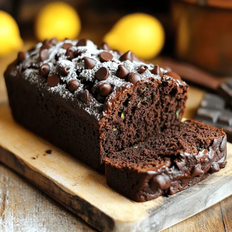 To make Double Chocolate Zucchini Bread, gather these key ingredients: - 1 medium zucchini, grated (about 1 cup) - 1 cup all-purpose flour - 1/2 cup unsweetened cocoa powder - 1/2 teaspoon baking powder - 1/2 teaspoon baking soda - 1/4 teaspoon salt - 1/2 cup granulated sugar - 1/2 cup packed brown sugar - 1/3 cup vegetable oil (or melted coconut oil for flavor) - 2 large eggs - 1 teaspoon vanilla extract - 1/2 cup semi-sweet chocolate chips - 1/4 cup chopped walnuts or pecans (optional) You can swap some ingredients for different needs: - Use almond or oat milk instead of regular milk for dairy-free options. - Replace granulated sugar with coconut sugar for a healthier choice. - For vegan bread, use flaxseed meal mixed with water instead of eggs. - You can also try applesauce in place of some oil for a lighter bread. Choose fresh zucchini with shiny skin for the best flavor. Pick high-quality cocoa powder; this makes a big difference in taste. Use fresh eggs for richness and better texture. Select semi-sweet chocolate chips with a high cocoa content for deep flavor. When choosing nuts, go for unsalted varieties to keep control over salt levels. First, set your oven to 350°F (175°C). Next, grab a 9x5-inch loaf pan. Lightly grease it with oil or use parchment paper. This makes it easy to take out the bread later. In a medium bowl, mix these dry items: - 1 cup all-purpose flour - 1/2 cup unsweetened cocoa powder - 1/2 teaspoon baking powder - 1/2 teaspoon baking soda - 1/4 teaspoon salt Whisk them together until they blend well. Set this bowl aside. In a large bowl, combine: - 1/2 cup granulated sugar - 1/2 cup packed brown sugar - 1/3 cup vegetable oil Use a whisk or spatula to mix until smooth. Then, crack in 2 large eggs, one at a time. Stir well after each egg. Add in 1 teaspoon vanilla extract and mix until everything is smooth. Add the grated zucchini, about 1 cup, to the wet mixture. Mix gently so it's spread out evenly. Now, slowly add the dry mix to the wet mix. Stir just until you see no dry flour. Be careful not to overmix. Fold in: - 1/2 cup semi-sweet chocolate chips - 1/4 cup chopped walnuts or pecans (if you like) Mix just enough to combine. Pour the batter into your prepared loaf pan. Smooth the top with a spatula. Bake in the oven for 50-60 minutes. To check if it’s done, insert a toothpick into the center. It should come out clean or with a few moist crumbs. Once baked, let the bread cool in the pan for 10-15 minutes. Then, move it to a wire rack to cool completely. For serving, slice it and place it on a wooden board. You can dust it with powdered sugar or drizzle it with warm chocolate. Enjoy it warm with butter or plain for a tasty treat! To keep your bread tender, mix your batter gently. After adding the dry mix, stir until you no longer see dry flour. If you mix too much, the bread can become tough. Just fold the ingredients together until they unite. This method helps keep the moisture and fluffiness. Store your double chocolate zucchini bread in an airtight container. If it's cool, it will stay fresh longer. You can also wrap slices in plastic wrap for easy grabbing. If you use parchment paper, this can help keep it from sticking. It stays good at room temperature for three days. To boost flavor, you can use melted coconut oil instead of vegetable oil. This adds a rich, tropical taste. Also, try using dark chocolate chips for a deeper chocolate flavor. Adding nuts like walnuts or pecans gives a nice crunch. A pinch of cinnamon or espresso powder can also add warmth and depth. {{image_4}} You can add different nuts or seeds to your double chocolate zucchini bread. Walnuts and pecans work well, giving a nice crunch. Almonds or hazelnuts also add a tasty twist. If you prefer seeds, try pumpkin or sunflower seeds. These additions enhance the bread's texture and flavor. Just chop the nuts and fold them in gently to avoid overmixing. Dried fruits can bring a new taste to your bread. You might add raisins, cranberries, or chopped apricots for sweetness. These fruits pair nicely with the chocolate. You can also mix in different types of chocolate. Swap semi-sweet chips for dark or milk chocolate. You can even use white chocolate for a fun surprise. Each choice makes the bread unique and delicious. To make this recipe gluten-free, use a gluten-free flour blend. This swap keeps the bread moist and tasty. For a vegan option, replace the eggs with flax eggs or applesauce. Use plant-based oil and dairy-free chocolate chips. These changes let everyone enjoy this treat. You can still achieve a great texture and flavor without any animal products. To keep your double chocolate zucchini bread fresh, wrap it well. Use plastic wrap or aluminum foil. Store it at room temperature for up to three days. If you want it to last longer, put it in the fridge. The cold will help it stay fresh for a week. Just remember to let it warm up a bit before you enjoy a slice. Freezing this bread is simple. First, let it cool completely. Then, wrap it tightly in plastic wrap. After that, place it in a freezer-safe bag. Label it with the date. You can freeze it for up to three months. When you're ready to eat, thaw it overnight in the fridge. This keeps the bread moist and tasty. To reheat your double chocolate zucchini bread, preheat your oven to 350°F (175°C). Wrap the bread in foil to keep it from drying out. Heat it for about 10-15 minutes. You can also microwave individual slices for 20-30 seconds. Just make sure to check that it’s warm but not hot. Enjoy it fresh and soft! Yes, you can use other vegetables. Carrots work well and add sweetness. You can also try squash or pumpkin. Just grate them like zucchini. Keep in mind, the flavor may change a bit. To check if the bread is done, insert a toothpick into the center. If it comes out clean or with a few crumbs, it’s ready. If you see wet batter, bake it a bit longer. Trust your nose; the aroma is a good sign! You can serve it warm with butter. A scoop of ice cream on the side is delicious. For a fancy touch, drizzle chocolate sauce over the slices. Pair it with coffee or milk for a great snack. The bread lasts about 3 days at room temperature. Make sure to store it in an airtight container. This keeps it moist and fresh. If you want it to last longer, refrigerate it. Yes, you can double the recipe. Just use two loaf pans. Make sure to adjust the baking time if needed. Check for doneness with a toothpick as before. Enjoy sharing more of this tasty treat! This post covered all you need to make delicious Double Chocolate Zucchini Bread. We explored key ingredients, shared tips for selecting the best ones, and provided step-by-step instructions. I offered helpful storage tips and creative variations, like gluten-free options. By following these guidelines, you can enjoy baking without worry. Now, it's time to have fun in the kitchen and enjoy your tasty creation!