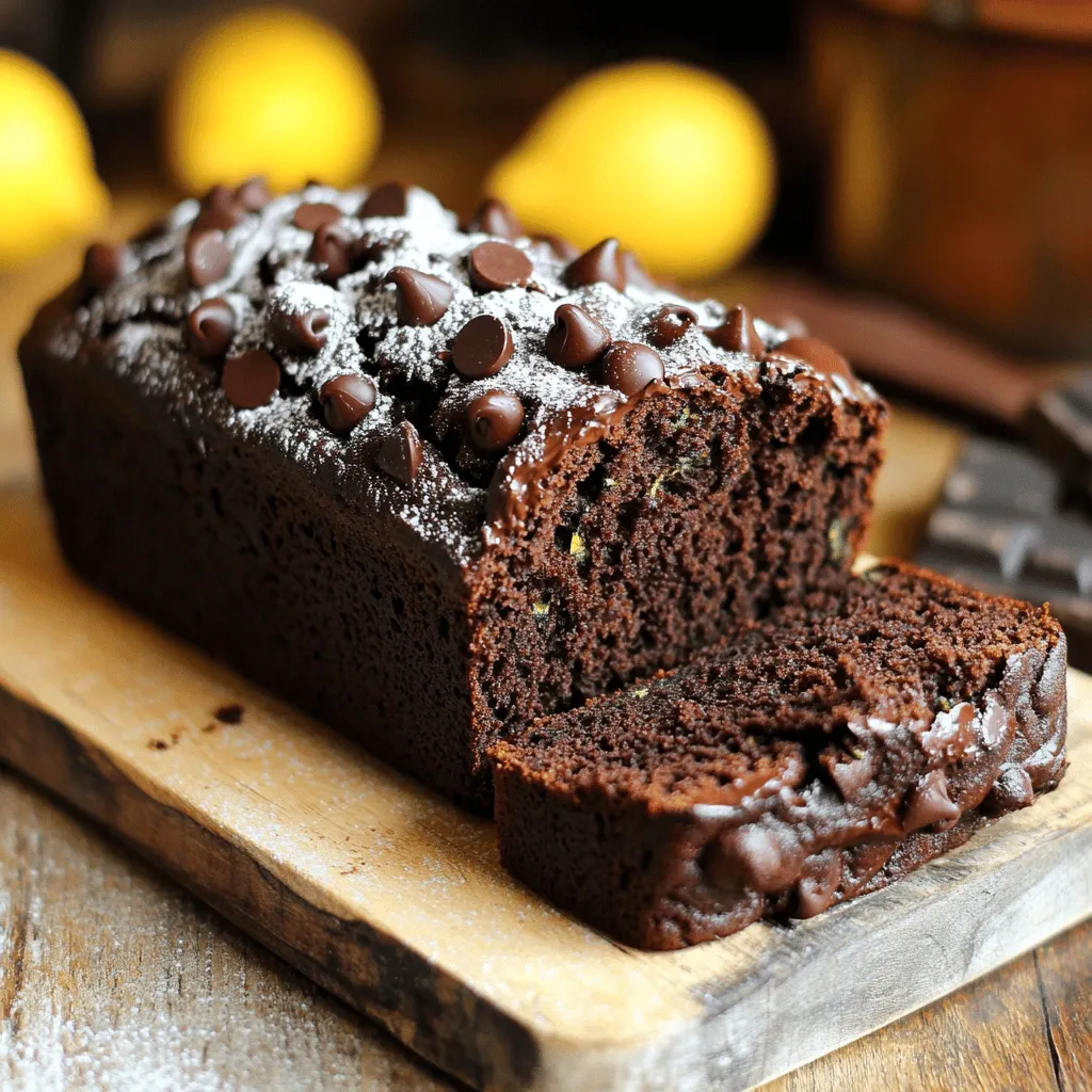 To make Double Chocolate Zucchini Bread, gather these key ingredients: - 1 medium zucchini, grated (about 1 cup) - 1 cup all-purpose flour - 1/2 cup unsweetened cocoa powder - 1/2 teaspoon baking powder - 1/2 teaspoon baking soda - 1/4 teaspoon salt - 1/2 cup granulated sugar - 1/2 cup packed brown sugar - 1/3 cup vegetable oil (or melted coconut oil for flavor) - 2 large eggs - 1 teaspoon vanilla extract - 1/2 cup semi-sweet chocolate chips - 1/4 cup chopped walnuts or pecans (optional) You can swap some ingredients for different needs: - Use almond or oat milk instead of regular milk for dairy-free options. - Replace granulated sugar with coconut sugar for a healthier choice. - For vegan bread, use flaxseed meal mixed with water instead of eggs. - You can also try applesauce in place of some oil for a lighter bread. Choose fresh zucchini with shiny skin for the best flavor. Pick high-quality cocoa powder; this makes a big difference in taste. Use fresh eggs for richness and better texture. Select semi-sweet chocolate chips with a high cocoa content for deep flavor. When choosing nuts, go for unsalted varieties to keep control over salt levels. First, set your oven to 350°F (175°C). Next, grab a 9x5-inch loaf pan. Lightly grease it with oil or use parchment paper. This makes it easy to take out the bread later. In a medium bowl, mix these dry items: - 1 cup all-purpose flour - 1/2 cup unsweetened cocoa powder - 1/2 teaspoon baking powder - 1/2 teaspoon baking soda - 1/4 teaspoon salt Whisk them together until they blend well. Set this bowl aside. In a large bowl, combine: - 1/2 cup granulated sugar - 1/2 cup packed brown sugar - 1/3 cup vegetable oil Use a whisk or spatula to mix until smooth. Then, crack in 2 large eggs, one at a time. Stir well after each egg. Add in 1 teaspoon vanilla extract and mix until everything is smooth. Add the grated zucchini, about 1 cup, to the wet mixture. Mix gently so it's spread out evenly. Now, slowly add the dry mix to the wet mix. Stir just until you see no dry flour. Be careful not to overmix. Fold in: - 1/2 cup semi-sweet chocolate chips - 1/4 cup chopped walnuts or pecans (if you like) Mix just enough to combine. Pour the batter into your prepared loaf pan. Smooth the top with a spatula. Bake in the oven for 50-60 minutes. To check if it’s done, insert a toothpick into the center. It should come out clean or with a few moist crumbs. Once baked, let the bread cool in the pan for 10-15 minutes. Then, move it to a wire rack to cool completely. For serving, slice it and place it on a wooden board. You can dust it with powdered sugar or drizzle it with warm chocolate. Enjoy it warm with butter or plain for a tasty treat! To keep your bread tender, mix your batter gently. After adding the dry mix, stir until you no longer see dry flour. If you mix too much, the bread can become tough. Just fold the ingredients together until they unite. This method helps keep the moisture and fluffiness. Store your double chocolate zucchini bread in an airtight container. If it's cool, it will stay fresh longer. You can also wrap slices in plastic wrap for easy grabbing. If you use parchment paper, this can help keep it from sticking. It stays good at room temperature for three days. To boost flavor, you can use melted coconut oil instead of vegetable oil. This adds a rich, tropical taste. Also, try using dark chocolate chips for a deeper chocolate flavor. Adding nuts like walnuts or pecans gives a nice crunch. A pinch of cinnamon or espresso powder can also add warmth and depth. {{image_4}} You can add different nuts or seeds to your double chocolate zucchini bread. Walnuts and pecans work well, giving a nice crunch. Almonds or hazelnuts also add a tasty twist. If you prefer seeds, try pumpkin or sunflower seeds. These additions enhance the bread's texture and flavor. Just chop the nuts and fold them in gently to avoid overmixing. Dried fruits can bring a new taste to your bread. You might add raisins, cranberries, or chopped apricots for sweetness. These fruits pair nicely with the chocolate. You can also mix in different types of chocolate. Swap semi-sweet chips for dark or milk chocolate. You can even use white chocolate for a fun surprise. Each choice makes the bread unique and delicious. To make this recipe gluten-free, use a gluten-free flour blend. This swap keeps the bread moist and tasty. For a vegan option, replace the eggs with flax eggs or applesauce. Use plant-based oil and dairy-free chocolate chips. These changes let everyone enjoy this treat. You can still achieve a great texture and flavor without any animal products. To keep your double chocolate zucchini bread fresh, wrap it well. Use plastic wrap or aluminum foil. Store it at room temperature for up to three days. If you want it to last longer, put it in the fridge. The cold will help it stay fresh for a week. Just remember to let it warm up a bit before you enjoy a slice. Freezing this bread is simple. First, let it cool completely. Then, wrap it tightly in plastic wrap. After that, place it in a freezer-safe bag. Label it with the date. You can freeze it for up to three months. When you're ready to eat, thaw it overnight in the fridge. This keeps the bread moist and tasty. To reheat your double chocolate zucchini bread, preheat your oven to 350°F (175°C). Wrap the bread in foil to keep it from drying out. Heat it for about 10-15 minutes. You can also microwave individual slices for 20-30 seconds. Just make sure to check that it’s warm but not hot. Enjoy it fresh and soft! Yes, you can use other vegetables. Carrots work well and add sweetness. You can also try squash or pumpkin. Just grate them like zucchini. Keep in mind, the flavor may change a bit. To check if the bread is done, insert a toothpick into the center. If it comes out clean or with a few crumbs, it’s ready. If you see wet batter, bake it a bit longer. Trust your nose; the aroma is a good sign! You can serve it warm with butter. A scoop of ice cream on the side is delicious. For a fancy touch, drizzle chocolate sauce over the slices. Pair it with coffee or milk for a great snack. The bread lasts about 3 days at room temperature. Make sure to store it in an airtight container. This keeps it moist and fresh. If you want it to last longer, refrigerate it. Yes, you can double the recipe. Just use two loaf pans. Make sure to adjust the baking time if needed. Check for doneness with a toothpick as before. Enjoy sharing more of this tasty treat! This post covered all you need to make delicious Double Chocolate Zucchini Bread. We explored key ingredients, shared tips for selecting the best ones, and provided step-by-step instructions. I offered helpful storage tips and creative variations, like gluten-free options. By following these guidelines, you can enjoy baking without worry. Now, it's time to have fun in the kitchen and enjoy your tasty creation!