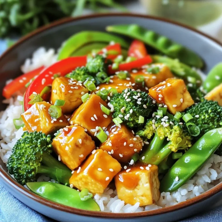 - 1 block firm tofu - 2 cups cooked jasmine rice - 1 cup fresh broccoli florets - 1 red bell pepper - 1 cup snap peas - ¼ cup teriyaki sauce - 2 tablespoons sesame oil - 1 tablespoon fresh ginger - 2 cloves garlic - Sesame seeds - Chopped green onions In this dish, firm tofu stands out as the main protein. It provides great texture and absorbs flavors well. Cooked jasmine rice serves as a base, adding a lovely, fragrant touch. Fresh broccoli florets add color and crunch, while red bell pepper gives a sweet bite. Snap peas bring a crisp snap and vibrant green to the bowl. The seasonings are key to this meal. Teriyaki sauce gives a sweet and savory glaze that makes everything come alive. Sesame oil adds a nutty depth, while fresh ginger and garlic bring warmth and aroma. Together, they create a rich flavor profile that enhances the tofu and veggies. For garnishes, sesame seeds sprinkle a nice crunch, while chopped green onions add freshness and a pop of color. These extras make the dish even more appealing and tasty. Each ingredient plays a role in building a balanced, delightful bowl that is easy to make and hard to resist. 1. Start by cutting the pressed tofu into 1-inch cubes. Make sure all pieces are the same size. This helps them cook evenly. 2. Heat 2 tablespoons of sesame oil in a large skillet over medium heat. Wait until the oil shimmers. 3. Carefully add the tofu cubes to the skillet. Cook for about 5-7 minutes. Flip them occasionally so each side turns golden brown. 1. Add 2 cloves of minced garlic and 1 tablespoon of grated ginger to the skillet. Sauté for about 1 minute. This will fill your kitchen with a wonderful smell. 2. Now, add 1 cup of broccoli florets, 1 sliced red bell pepper, and 1 cup of snap peas. Stir-fry for 3-4 minutes. The veggies should be tender but still crisp. They should keep their bright colors. 1. Drizzle ¼ cup of teriyaki sauce over the tofu and vegetables. Stir well to coat everything. 2. Cook for an additional 2 minutes to warm everything through. This will let the flavors mix nicely. 3. To serve, place warm jasmine rice at the bottom of four bowls. Top with the teriyaki tofu and vegetable mix. 4. For a nice touch, sprinkle sesame seeds and chopped green onions on top. This adds both crunch and color. To ensure even cooking of tofu, always cut it into uniform cubes. This helps each piece cook at the same rate. Press the tofu well to squeeze out excess moisture. This step leads to better texture and flavor. When cooking, heat the sesame oil until it shimmers. This indicates it's hot enough to add the tofu. Stir gently to avoid breaking the cubes. For stir-frying vegetables, add them in stages. Start with the broccoli, as it needs more time. Follow with the bell pepper and snap peas. Cook them for just a few minutes. You want them tender but still crisp. This keeps their bright colors and nutrients intact. For a homemade teriyaki sauce, mix soy sauce, brown sugar, and a splash of rice vinegar. You can add a hint of garlic and ginger for depth. Adjust the spice levels by adding chili flakes or ginger if you like heat. This allows you to customize the sauce to your taste. When assembling your bowls, start with a base of warm jasmine rice. This keeps your meal cozy and filling. Layer the teriyaki tofu and veggies on top. This creates a colorful and appealing look. For garnishing, sprinkle sesame seeds and chopped green onions. They add crunch and a touch of freshness. Serve with chopsticks and a lime wedge for a fun touch! {{image_4}} You can switch tofu for tempeh or chickpeas. Tempeh has a firmer texture and adds a nutty flavor. Chickpeas are a great option too; they are hearty and full of protein. If you want a different type of tofu, try silken tofu for a creamier texture or smoked tofu for a bold taste. Feel free to mix in other vegetables you love. Carrots, zucchini, or mushrooms are tasty choices. You can even use seasonal veggies like asparagus in spring or butternut squash in fall. This keeps your meal fresh and exciting all year round. If you want to change up the rice, try quinoa or cauliflower rice. Quinoa is packed with protein and has a nice crunch. Cauliflower rice is low in carbs and adds a light base. For gluten-free options, consider using brown rice or millet to keep your meal satisfying. To keep your Minute Teriyaki Tofu Rice Bowls fresh, store them in an airtight container. This helps prevent moisture loss and keeps the flavors intact. Place the bowls in the fridge within two hours of cooking. They last up to four days in the fridge. If you want to save some bowls for later, freezing is a great option. Pack the cooled bowls in freezer-safe containers. They can stay in the freezer for up to three months. When ready to eat, thaw them in the fridge overnight. Reheat in the microwave or on the stove until hot. To make cooking easier during the week, prep your ingredients in advance. Chop the vegetables and tofu, and store them in separate containers. This way, you can quickly whip up a bowl whenever you want. Keep the cooked rice in the fridge, and it will stay good for about a week. By storing components separately, you maintain freshness and texture. It takes about 20 minutes to make this dish. You spend 10 minutes prepping and 10 minutes cooking. This quick meal is great for busy days. Yes, you can use store-bought teriyaki sauce. It saves time and still tastes good. Just pour it over the tofu and veggies to enjoy. This dish is both vegan and vegetarian. It uses tofu as the main protein. All the ingredients are plant-based, making it a healthy choice. If you lack sesame oil, you can use vegetable oil instead. The flavor will change slightly, but it will still work. Olive oil is another good substitute. Yes, you can make this dish gluten-free. Just choose a gluten-free teriyaki sauce. Many brands offer gluten-free options, so check the label when shopping. This recipe for Minute Teriyaki Tofu Rice Bowls is simple and tasty. We covered all the main ingredients, like tofu and fresh veggies, along with flavorful seasonings. You learned how to prepare and cook everything step by step. Plus, we shared handy tips for better taste and presentation. Remember, you can mix in different proteins and veggies based on your taste. With this guide, you can whip up a delicious meal easily. Enjoy creating your own bowl that fits your flavor!