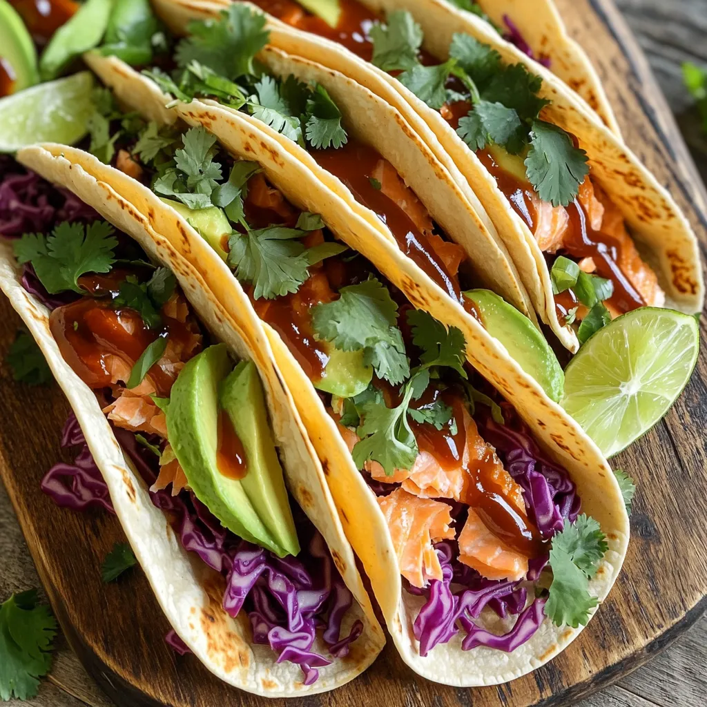 - 1 lb fresh salmon fillets - 1/4 cup of your favorite barbecue sauce - 1 tablespoon extra virgin olive oil - 1 teaspoon garlic powder - 1 teaspoon smoked paprika - 1/2 teaspoon ground cumin - Salt and black pepper to taste - 8 small soft corn tortillas - 1 cup red cabbage, finely shredded - 1/2 cup fresh cilantro, roughly chopped - 1 ripe avocado, thinly sliced - Lime wedges for serving Fresh salmon fillets are key for this recipe. They offer a rich, buttery flavor. I love using my favorite barbecue sauce for that sweet and tangy touch. The olive oil helps everything bake evenly and adds richness. Seasoning is just as important. Garlic powder gives a nice depth. Smoked paprika adds a hint of smokiness. Ground cumin brings warmth and earthiness. Don’t forget salt and black pepper for balance. For the tortillas, I prefer soft corn ones. They hold up well and add a lovely texture. Red cabbage adds a nice crunch. Fresh cilantro brightens each bite. Avocado slices give creaminess. Finally, lime wedges add a zesty finish that makes the tacos pop! 1. Preheat the oven and prepare the sheet pan: Start by preheating your oven to 400°F (200°C). This quick step ensures even cooking. To make cleanup easy, line your sheet pan with parchment paper. 2. Season the salmon fillets: Place the salmon fillets on the prepared sheet pan. Drizzle them with olive oil. Next, sprinkle garlic powder, smoked paprika, cumin, salt, and black pepper on all sides. This seasoning adds great flavor to the fish. 1. Add barbecue sauce: Generously brush your favorite barbecue sauce over the seasoned salmon. Make sure each fillet gets a nice coat. This sauce gives the salmon its delicious, tangy flavor. 2. Bake time and doneness check: Put the salmon in the oven and bake for about 12-15 minutes. Check if the salmon is done by using a fork. If it flakes easily, it is ready. The goal is tender salmon that melts in your mouth. 1. Warm the corn tortillas: As the salmon cooks, warm your corn tortillas. You can heat them in a skillet on medium for about 30 seconds on each side. Another method is to wrap them in foil and place them in the oven for the last 5 minutes of baking. 2. Flake the cooked salmon: Once the salmon is done, take it out of the oven. Let it cool for a minute. Use a fork to flake the salmon into large pieces. This makes it easy to put into the tacos. 3. Assemble the tacos: Start with a warm tortilla. Add a layer of shredded red cabbage, then top with flaked salmon. Finish with slices of avocado and sprinkle fresh cilantro on top. Each bite will burst with flavor! To ensure your salmon cooks perfectly, follow these steps: - Check the thickness: Salmon fillets should be about one inch thick for even cooking. - Use a fork to check: When done, the salmon flakes easily. This means it’s ready to eat. - Keep an eye on time: Bake the salmon for 12-15 minutes. Don’t overcook it! For warming tortillas, you have two great methods: - Skillet method: Heat a skillet over medium heat. Warm each tortilla for 30 seconds on both sides. - Oven method: Wrap tortillas in foil. Place them in the oven during the last 5 minutes of the salmon cooking time. For a beautiful taco display, arrange them on a colorful platter. - Layering: Start with shredded red cabbage, then add flaked salmon, avocado slices, and cilantro. - Garnishing: Add lime wedges around the tacos. This makes the dish pop! You can boost the taste with some extra toppings: - Sliced jalapeños: For a spicy kick, add fresh or pickled jalapeños. - Crumbled cheese: Feta or Cotija cheese adds creaminess and flavor. For sauces or sides, consider these pairings: - Spicy mayo: Mix mayo with sriracha for a zesty drizzle. - Fresh salsa: A mango or pineapple salsa pairs well with BBQ salmon, adding sweetness. {{image_4}} You can change the protein in your tacos. If you prefer chicken, use boneless, skinless chicken thighs. They cook well and stay juicy. For a seafood twist, shrimp is a great option. Just season them like the salmon and adjust the cooking time. Feel free to swap out the tortillas too. If you want a lighter option, try lettuce wraps. They add crunch and freshness. For a heartier choice, use flour tortillas. They hold the filling well, but they are not gluten-free. Want a kick in your BBQ salmon tacos? Try a spicy BBQ sauce. Look for sauces with chili or chipotle. This will give your tacos a nice heat. For a tropical twist, add a fresh salsa. Mango or pineapple salsa works great. The sweetness of the fruit pairs well with the BBQ sauce. For gluten-free tacos, use corn tortillas. Many brands offer good options. Always check the label to ensure they are gluten-free. If you want a vegan option, use tofu or tempeh. Marinate them in BBQ sauce and bake like the salmon. They can soak up the flavors well. Add avocado and fresh veggies for delicious toppings. To keep your salmon fresh, store it in an airtight container. Place it in the fridge. It will stay good for up to three days. Make sure it cools before sealing. This helps prevent moisture buildup. For the tortillas, wrap them in plastic wrap or foil. This keeps them from drying out. Store them in a cool, dry place. If you have leftovers, use them within a week for the best taste. To reheat salmon, place it on a baking sheet. Warm it in the oven at 350°F (175°C) for about 10 minutes. This keeps it tender and juicy. You can also use a microwave. Heat it in short bursts, checking often. For warming tortillas, use a skillet over medium heat. Heat each side for about 30 seconds. You can also wrap them in foil and place them in the oven. Do this for the last few minutes of salmon cooking. This way, they warm up without drying out. It takes about 12-15 minutes to cook salmon in a sheet pan. To check if it is done, look for flakiness. Use a fork to gently poke the fish. If it flakes easily, it's ready. The salmon should also be opaque and warm in the center. Remember, cooking time can vary based on thickness, so keep an eye on it. Yes, you can prepare several parts of these tacos ahead of time. You can season and cook the salmon a day before. Just store it in the fridge. You can also chop the cabbage and cilantro early. Keep them in airtight containers. Warm the tortillas before serving for the best taste. You can use many types of barbecue sauce for these tacos. A sweet and tangy sauce works well. Brands like Sweet Baby Ray's or Stubb's offer great options. If you want more heat, try a spicy BBQ sauce. For a smoky flavor, look for sauces with chipotle or hickory. Choose based on your taste preference. You’ve learned how to make delicious salmon tacos with fresh ingredients. We covered steps from seasoning the salmon to warming the tortillas. Plus, I shared tips on cooking and presentation. Don't forget about the many variations you can try, like different proteins or flavor profiles. Enjoy making these tacos and get creative with your own twists. They are simple, tasty, and perfect for any meal. Embrace your culinary skills and share these flavors with others. Happy cooking!
