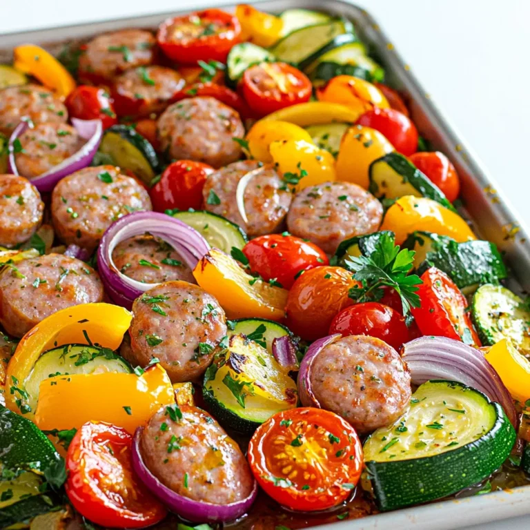 - Chicken or turkey sausage - Bell peppers, zucchini, cherry tomatoes, red onion - Garlic, olive oil, dried oregano, smoked paprika - Salt and pepper, fresh parsley (optional) - 1 lb sausage cut into slices - 1 red and 1 yellow bell pepper, diced - 1 medium zucchini, sliced - 1 cup cherry tomatoes, halved - 1 red onion, sliced - 3 cloves garlic, minced - Alternative proteins (pork sausage, tofu) - Other vegetables (broccoli, asparagus) - Herb alternatives (thyme, basil) When making my sheet-pan sausage and veggies, I love keeping it simple. I choose chicken or turkey sausage for a leaner option. You can easily swap it for pork sausage or even tofu if you're going plant-based. Next, I grab colorful bell peppers. I use both red and yellow for sweetness. Zucchini adds a nice texture, while cherry tomatoes burst with flavor. Red onion gives a mild taste. Each veggie adds a layer of taste and color. Seasoning is key. I use garlic for aroma and olive oil for richness. Dried oregano and smoked paprika bring warmth. Salt and pepper finish the mix perfectly. I often sprinkle fresh parsley on top for a pop of color. If you don't have all the veggies, don't worry! Broccoli or asparagus work well. For herbs, thyme or basil can stand in for oregano. This dish is flexible and fun to make. Enjoy creating your own version! - Preheat oven to 400°F (200°C). - Line a large sheet pan with parchment paper. - Combine sausage and vegetables in a mixing bowl. - Add olive oil, spices, and seasonings. To start, you need to preheat your oven. A hot oven helps cook the food evenly. Lining the pan with parchment paper makes cleanup easy. It also helps prevent sticking. Next, grab a big mixing bowl. Toss in the sausage slices, red bell pepper, yellow bell pepper, zucchini, cherry tomatoes, and red onion. Make sure everything is in there for great taste. Now pour in the olive oil. Add minced garlic, dried oregano, smoked paprika, and a sprinkle of salt and pepper. Use your hands or a spatula to mix it all well. You want every piece to be coated in oil and spices. - Spread mixture on the pan. - Roast for 25-30 minutes and stir halfway through. Once mixed, spread the ingredients on your sheet pan. Make sure they are in a single layer. This helps them roast evenly. Now, place the pan in your preheated oven. Roast everything for 25-30 minutes. Be sure to stir halfway through to help with browning. When it’s done, the sausage should be cooked, and the veggies should be soft and a bit caramelized. Remember to let it cool for a few minutes. Taste the dish and add more salt or pepper if you like. Enjoy your savory meal! To get great taste, season your dish evenly. Start with salt and pepper. Toss your sausage and veggies in a bowl first. This helps spread the seasoning well. Next, think about herbs. Fresh herbs give bright flavor. Dried herbs work too but use less. They are stronger. I often use dried oregano and smoked paprika for warmth. For a great texture, cooking times matter. Roast at 400°F (200°C) for 25-30 minutes. Stir halfway through. This helps your meat and veggies brown evenly. Spread everything out in a single layer on the pan. Crowding can lead to steaming instead of roasting. Garnishing can elevate your dish. Fresh parsley adds a pop of color and flavor. You can also drizzle with balsamic glaze for a sweet touch. Serve directly from the pan for a rustic feel. If you plate it, keep things neat. A colorful, well-arranged plate makes your meal look even better. {{image_4}} You can use many types of sausages in this dish. Chicken or turkey sausages work well. You can also try pork sausages for a richer flavor. If you want a lighter option, use chicken sausage. For a plant-based meal, swap in tofu or tempeh. These options give you a tasty vegetarian or vegan dish. You can season them just like the sausage for a great result. Feel free to mix and match your veggies. Seasonal produce can change the dish’s taste. In spring, add asparagus or snap peas. In fall, use sweet potatoes or squash. You can also add leafy greens like spinach or kale for extra nutrition. Just toss them in during the last few minutes of cooking. This keeps them bright and fresh. Want to spice things up? Add red pepper flakes for heat. You can also change the flavor with different spice blends. Cajun spice gives a warm kick, while Italian seasoning brings a herby taste. Just sprinkle in your chosen spices while mixing the ingredients. This way, you can create a new dish every time! To store leftovers, let the dish cool to room temperature. This step is key. Once cool, transfer the food into airtight containers. This keeps it fresh and safe. I recommend using glass containers for better heat retention and easy reheating. Make sure the lid is tight. Store the containers in the fridge for up to four days. When reheating, you have two main options: the oven or the microwave. The oven gives the best taste and texture. Preheat it to 350°F (175°C). Spread the sausage and veggies on a baking sheet. Heat for about 15 minutes, stirring halfway through. This method helps them crisp up again. If using the microwave, place the food in a microwave-safe bowl. Cover it with a damp paper towel to keep it moist. Heat in short bursts, stirring in between, until it’s warm. Yes, you can freeze Sheet-Pan Sausage & Veggies! To freeze, let the dish cool fully first. Then, portion it into freezer-safe bags or containers. Press out as much air as possible. Label them with the date. For best taste, use them within three months. When ready to eat, move it to the fridge to thaw overnight. You can also reheat it straight from the freezer, but it will take longer. It takes about 40 minutes total to cook this dish. The prep time is just 10 minutes. After that, you roast your meal in the oven for 25 to 30 minutes. Stir halfway through to ensure even cooking. Yes, you can use frozen vegetables. However, they may change the texture of the dish. Frozen veggies often hold more water. This can make the meal a bit soggy. You might need to cook the dish a little longer to ensure everything is heated through. You can try many seasonings to change the flavor. Italian seasoning adds a nice touch. Cajun spice gives it a kick. You could also use fresh herbs like basil or thyme for a bright taste. Experiment and find what you love! This blog post explored the basics of making a delicious sheet-pan sausage and veggies dish. You learned about the main ingredients, exact measurements, and helpful substitutions. I shared step-by-step instructions, plus tips for flavor and texture. The variations section offers exciting twists, while storage info ensures your meal stays fresh. Remember, cooking is about having fun and experimenting. Enjoy creating your own version of this tasty meal!