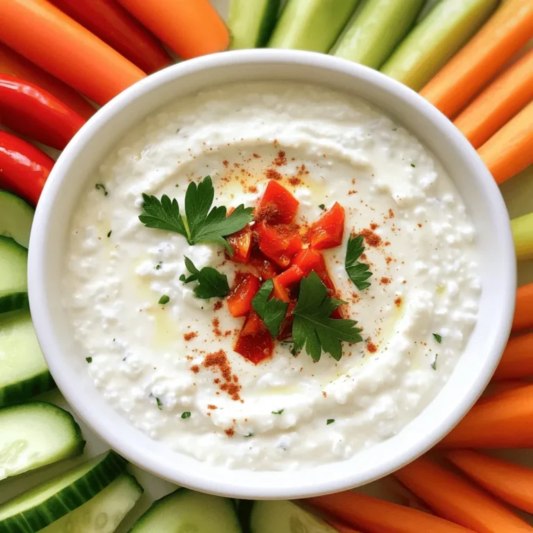 To make a tasty Protein Cottage Cheese Dip, gather these simple ingredients. They form the base for a rich, creamy dip full of flavor. - 1 cup low-fat cottage cheese - 1/2 cup creamy Greek yogurt - 1/4 cup roasted red peppers, finely diced - 1/4 cup fresh parsley, finely chopped - 1 tablespoon fresh lemon juice - 1 teaspoon garlic powder - 1 teaspoon onion powder - Salt and freshly cracked black pepper, to taste - A pinch of smoked paprika - An assortment of fresh vegetable sticks (carrots, cucumbers, bell peppers) This dip combines cottage cheese and yogurt for a protein boost. The roasted red peppers add sweetness and color. Fresh parsley brings a hint of brightness. Lemon juice gives a zesty kick, while garlic and onion powders provide depth. Smoked paprika adds a unique, smoky flavor. Use fresh vegetable sticks for dipping, making it a healthy snack or appetizer. Enjoy this dip at parties, movie nights, or as a quick snack during the day. It's easy to make and fun to share! 1. Start by taking a medium-sized bowl. Add 1 cup of low-fat cottage cheese and 1/2 cup of creamy Greek yogurt. Use a fork or spatula to mix these two until creamy and smooth. 2. Next, gently fold in 1/4 cup of finely diced roasted red peppers and 1/4 cup of chopped fresh parsley. Make sure these ingredients are spread evenly throughout the dip. 3. Now, it’s time to add flavor. Pour in 1 tablespoon of fresh lemon juice, 1 teaspoon of garlic powder, 1 teaspoon of onion powder, and a pinch of salt and pepper. Add a pinch of smoked paprika for a smoky taste. Mix well to blend all the flavors. 4. After mixing, taste the dip. Adjust the seasonings if needed. You can add more lemon juice or spices to suit your taste. 1. Cover the bowl with plastic wrap or transfer the dip to an airtight container. Place it in the fridge for at least 30 minutes. This chill time helps the flavors mix well and makes the dip taste even better. 2. When you're ready to serve, take the dip out of the fridge. Pair it with a colorful platter of fresh vegetable sticks like carrots, cucumbers, and bell peppers. Arrange them nicely around the dip for a stunning look. You can even sprinkle some extra parsley and a little more smoked paprika on top for that extra flair. Enjoy every bite! To make your Protein Cottage Cheese Dip even better, you can adjust the seasonings. If you love a bit of heat, add some cayenne pepper or chili powder. This will give your dip a nice kick! You can also swap garlic powder for fresh minced garlic. Fresh garlic adds a stronger flavor that many enjoy. For a twist, try adding fresh dill or basil instead of parsley. These herbs bring their own unique tastes. Having the right tools makes cooking easier. For mixing your dip, I recommend a medium-sized mixing bowl and a sturdy fork or spatula. This helps you blend the cottage cheese and yogurt smoothly. For storage, use an airtight container. This keeps the dip fresh and tasty. If you have leftovers, a glass container works well. It makes it easy to see what’s inside! {{image_4}} To spice things up, try adding jalapeños. Chop them finely and mix them in. The heat level is up to you. Start with a small amount and taste as you go. This gives your dip a nice kick. Another fun twist is the Mediterranean version. Just add chopped olives and crumbled feta cheese. These ingredients bring a rich flavor. They also make the dip more exciting. You can serve this version with pita chips or veggies. If you're looking for a vegan option, swap the cottage cheese and yogurt. Use plant-based yogurt instead. You can also blend silken tofu for a creamy base. Add the same spices and veggies to keep the flavor strong. For a heart-healthy choice, reduce the salt. Use herbs for flavor instead. Fresh herbs like basil or cilantro work well. This way, you still enjoy a tasty dip while keeping it low-sodium. To keep your protein cottage cheese dip fresh, store it properly. - Storing in the refrigerator: Place the dip in an airtight container. This helps keep moisture out and flavors in. Always cover the bowl tightly with plastic wrap if you do not have a container. Store it in the fridge for easy access. - Freezing options for leftovers: You can freeze leftovers if you have any! Use a freezer-safe container or bag. Make sure to leave space for expansion. This way, the dip will stay fresh for up to three months. When ready to eat, thaw in the fridge overnight. The dip can last a while if you store it right. - How long the dip lasts in the fridge: When stored properly, it lasts about 4 to 5 days. Always check for freshness before eating. - Signs of spoilage to watch out for: Look for changes in color or texture. If it smells off or has mold, throw it away. Trust your senses; it's better to be safe than sorry! Can I use full-fat cottage cheese? Yes, you can use full-fat cottage cheese instead of low-fat. It will make the dip richer and creamier. Full-fat options can add a nice texture, but they may also increase the calorie count. If you enjoy a creamier dip, go for it! How can I make this recipe dairy-free? To make this dip dairy-free, swap cottage cheese and yogurt for plant-based versions. Use almond or soy yogurt. You can also try cashew cream for a creamy texture. Add some lemon juice and nutritional yeast for flavor. Your dip will still taste great! Protein content per serving This dip is a protein powerhouse! Each serving has about 10 grams of protein. The cottage cheese and yogurt both contribute to this high protein content. This makes it a great snack or appetizer for anyone seeking extra protein. Caloric breakdown and health benefits Each serving has around 100 calories. The dip is low in calories but high in flavor. It is rich in vitamins and minerals from fresh veggies. The healthy fats from the yogurt help keep you full. Enjoy this dip guilt-free! In this blog post, we explored how to make a tasty dip using cottage cheese and yogurt. We discussed the right mix of vegetables, spices, and herbs. You learned step-by-step instructions to blend these ingredients and chill the dip for the best flavor. We also shared tips for altering the recipe to match your taste and dietary needs. Remember, this dip is easy to personalize. Try new flavors or adjust the spices to make it your own. Enjoy creating, sharing, and savoring this healthy snack!