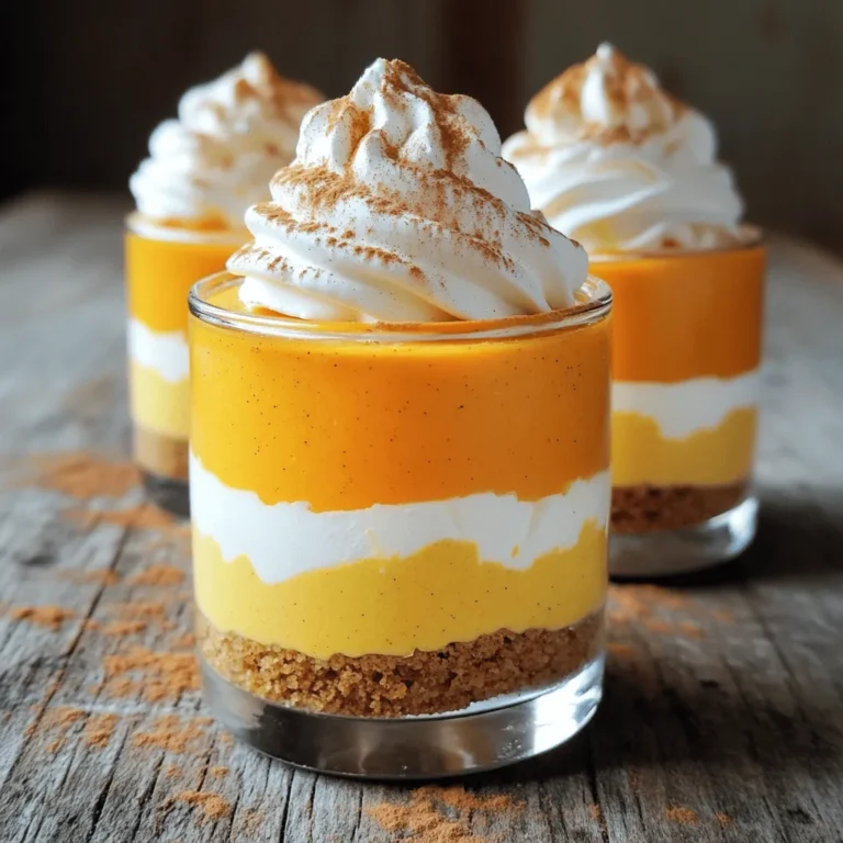 To make pumpkin cheesecake mousse cups, gather these ingredients: - 1 cup canned pumpkin puree - 1 cup cream cheese, softened - 1/2 cup powdered sugar - 1 teaspoon vanilla extract - 1 teaspoon ground cinnamon - 1/2 teaspoon ground nutmeg - 1 cup heavy cream - 1/2 cup graham cracker crumbs - 2 tablespoons unsalted butter, melted - Whipped cream, for topping - Extra ground cinnamon, for garnish You can swap some ingredients for different options. For a lighter mousse, use light cream cheese. If you want a sugar-free version, try a sugar substitute like erythritol. You can also use dairy-free cream cheese and coconut cream for a dairy-free treat. For gluten-free options, choose gluten-free graham crackers or crushed nuts. Accurate measuring is key for great results. Use dry measuring cups for solids and liquid measuring cups for liquids. Level off dry ingredients with a knife for precision. When softening cream cheese, leave it out at room temperature for about 30 minutes. This helps it blend smoothly. For the whipped cream, ensure your bowl and beaters are cold. This makes it whip better and increases volume. Start by taking a medium bowl. Add 1/2 cup of graham cracker crumbs and 2 tablespoons of melted unsalted butter. Mix these together until the crumbs look wet and combined. This helps form a tasty base for your mousse cups. Once mixed, set it aside to cool. It is important to let it cool so it can hold its shape later. In another bowl, take 1 cup of softened cream cheese. Beat it with an electric mixer until it is smooth. You want to make sure there are no lumps. Next, add 1 cup of canned pumpkin puree, 1/2 cup of powdered sugar, 1 teaspoon of vanilla extract, 1 teaspoon of ground cinnamon, and 1/2 teaspoon of ground nutmeg. Mix this well until everything is blended and smooth. This mix should taste like fall in a bowl! In a third clean bowl, whip 1 cup of heavy cream until stiff peaks form. This takes about 3 to 5 minutes. You want the cream thick and fluffy. Then, gently fold this whipped cream into the pumpkin mixture. Use a spatula to combine them. Be careful not to deflate the whipped cream. This step makes your mousse light and airy. Now, take your individual serving cups. Start by adding a layer of the graham cracker crust at the bottom of each cup. Press it down gently to make it firm. After the crust, spoon the pumpkin cheesecake mousse on top. Fill each cup to the brim for a delicious treat. The layers should look pretty, and they should taste even better! Cover your mousse cups with plastic wrap. Place them in the fridge for at least 1 hour. This time helps the flavors mix and lets the mousse set. The mousse will become firmer, making it easier to eat. Just before serving, add whipped cream on top of each cup. Finish with a sprinkle of ground cinnamon. This adds a festive touch and makes your dessert look great! When making pumpkin cheesecake mousse cups, avoid overmixing the cream cheese. Overmixing can make your mousse dense. Also, be careful not to skip the chilling step. Chilling helps the mousse set and improves the flavor. Lastly, don’t forget to fold the whipped cream gently. This preserves the light texture you want in your mousse. To get the best mousse texture, use cold heavy cream. Whip it until stiff peaks form. This means the cream should stand up straight when you lift the beaters. When you fold the whipped cream into the pumpkin mix, do it slowly. Use a spatula and gently lift the mixture. This helps keep the air in, making your mousse light and fluffy. For serving, choose clear cups. They show off the beautiful layers of graham cracker crust and mousse. Before serving, add a big dollop of whipped cream on top. Sprinkle some ground cinnamon for a nice touch. You can also add a small cinnamon stick on the edge for a fancy look. This makes your pumpkin cheesecake mousse cups even more appealing! {{image_4}} You can easily switch up the flavor of your pumpkin cheesecake mousse. Adding chocolate gives a rich twist. Just melt some semi-sweet chocolate and fold it in with the whipped cream. You can also use flavored extracts like almond or maple for a unique taste. Toppings can make your mousse cups even more fun. Try drizzling caramel sauce on top for extra sweetness. Chopped nuts like pecans or walnuts add a nice crunch. You can also use fresh fruit like berries for a pop of color and flavor. Making this dessert gluten-free is simple. Use gluten-free graham crackers for the crust. For a dairy-free option, swap cream cheese with a dairy-free cream cheese alternative. Use coconut cream instead of heavy cream for a rich and tasty mousse. To store leftover mousse cups, first cover them with plastic wrap. This keeps the air out and prevents drying. If you have a tight lid, you can use that too. Store the mousse cups in the fridge. They will stay fresh and tasty this way. Use glass or plastic containers with lids for best results. Clear containers let you see the layers, which is fun. If you used clear cups, you can simply cover them. Just make sure the wrap fits tight to avoid spills. These mousse cups last up to four days in the fridge. After that, the texture may change. If you want to freeze them, do so before adding the whipped cream on top. Freeze for up to one month. When you are ready to enjoy, thaw in the fridge overnight before serving. Yes, you can make these mousse cups ahead of time. Prepare them up to two days in advance. Just keep them in the fridge. This allows the flavors to blend well. The mousse will also set nicely in the fridge. It tastes great when served cold. You can use coconut cream or Greek yogurt instead of heavy cream. Coconut cream gives a similar rich texture and a hint of coconut flavor. Greek yogurt provides creaminess with less fat and adds some tang. Both options will work well in your mousse. To lower the sugar, you can use a sugar substitute like stevia or erythritol. These options have fewer calories and lower carbs. You can also reduce the amount of powdered sugar in the recipe. Adjust the sweetness to your taste for a healthier treat. This blog post covered the key steps to create delicious pumpkin cheesecake mousse cups. You learned about the ingredients, preparation, and some helpful tips. We also looked at fun variations, storage methods, and common questions. Making desserts can be simple and enjoyable. Remember, practice makes perfect. With these insights, you can create tasty treats that impress everyone. Enjoy your cooking journey and share these mousse cups with friends!