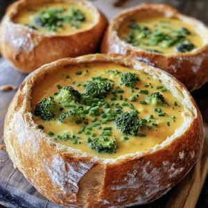 - 1 large head of fresh broccoli, chopped into small florets - 1 cup of sharp cheddar cheese, shredded - 1 medium-sized onion, diced finely - 2 cloves of garlic, minced - 4 cups of vegetable broth - 1 cup of heavy cream - 4 tablespoons of unsalted butter - 1/4 cup of all-purpose flour - Salt and freshly ground pepper to taste - 4 large sourdough bread bowls - Fresh chives or parsley, chopped, for garnish When I make broccoli cheddar soup bread bowls, I focus on fresh ingredients. I love using a large head of broccoli. It gives the soup a bright color and great flavor. Sharp cheddar cheese makes the soup creamy and rich. The onion and garlic add a nice base. For the liquids, vegetable broth is key. It adds depth without overpowering the other flavors. Heavy cream brings a velvety touch, making the soup feel indulgent. In addition to these, I always have unsalted butter on hand. It helps sauté the onion and garlic perfectly. All-purpose flour thickens the soup, giving it the right texture. I season with salt and pepper to taste, enhancing all the flavors. Finally, sourdough bread bowls are a fun way to serve this soup. They hold the soup well and add a delightful crunch. Don't forget fresh herbs like chives or parsley for a pop of color and flavor! - Sautéing Onion and Garlic Start by melting the unsalted butter in a large pot over medium heat. Once melted, add the diced onion and minced garlic. Sauté for about 3-4 minutes. Stir occasionally until the onion turns translucent and smells great. This step builds the base flavor for the soup. - Adding Broccoli and Flour Next, add the chopped broccoli to the pot. Sauté the broccoli for another 5 minutes. This softens the broccoli and allows it to soak up the flavors. Now, sprinkle the all-purpose flour over the veggies. Stir well to coat everything. Cook for 1-2 more minutes to remove any raw flour taste. - Pouring in Vegetable Broth Gradually pour in the vegetable broth while stirring. This helps avoid lumps in your soup. Bring the mixture to a gentle simmer. Let it cook for about 10 minutes, or until the broccoli is fork-tender. - Blending the Soup Carefully remove the pot from the heat. If you have an immersion blender, use it to puree the soup right in the pot. If not, transfer the soup to a regular blender in batches. Be careful with hot liquid as it can splatter. - Stirring in Cream and Cheese Return the pot to low heat. Stir in the heavy cream and shredded cheddar cheese. Mix until the cheese melts and the soup is creamy. Taste and add salt and pepper to your liking. - Preparing the Bread Bowls While the soup simmers, prepare the sourdough bread bowls. Cut the tops off the bread bowls and scoop out the insides. Leave enough bread on the sides and bottom to hold the soup. Carefully ladle the hot broccoli cheddar soup into each bread bowl. Fill them generously. For a pretty touch, garnish with chopped chives or parsley. Enjoy your warm, cozy dish! To make your soup smooth, use an immersion blender. This tool lets you blend right in the pot. It saves time and is less messy. If you use a regular blender, be careful with hot soup. Blend in small batches to prevent spills. Adjust the soup's thickness by adding cream for a richer taste. If it's too thick, mix in more broth. For a thinner soup, add a little water. To boost flavor, try adding a pinch of nutmeg or a dash of cayenne. These spices add warmth and depth. You can also mix in some fresh lemon juice for brightness. For cheese, sharp cheddar is classic, but feel free to experiment. Try Gruyère for nuttiness or mozzarella for a stretchier texture. Each cheese brings its own twist to the soup. When preparing the bread bowls, cut off the tops carefully. Use a serrated knife for clean cuts. Scoop out the insides gently, leaving enough bread for strength. Make sure the walls are thick enough to hold the soup but not too thick. You want a nice balance. This prevents leaks and ensures a good eating experience. Enjoy the warm, cheesy soup in a fresh bread bowl! {{image_4}} You can switch up the cheese for fun. Gouda gives a nice, smoky flavor. It melts well and adds creaminess. Parmesan can offer a salty bite. It works great as a topping too. Mixing cheeses can enhance the taste. Try a blend of sharp cheddar and Gouda for depth. Feel free to add more veggies to the soup. Carrots add a sweet touch and nice color. Simply chop them small and sauté them with the onions. Cauliflower can give a creamy texture like broccoli. Just cut it into small pieces and cook until tender. Mixing in these veggies makes the soup more colorful and tasty. The bread bowl is key to this dish. You can use rye bread for a hearty flavor. It pairs well with the soup. Whole wheat bread adds nutrition and a nutty taste. Make sure the bread bowls are thick enough to hold the soup. This way, they won’t get soggy too quickly. To keep leftover soup fresh, store it in an airtight container. Let the soup cool first. I recommend using glass containers for easy reheating. Place the soup in the fridge if you plan to eat it within three days. If you want to save soup for longer, freezing is a great choice. Pour the cooled soup into freezer-safe bags or containers. Leave some space for expansion as it freezes. You can freeze the soup for up to three months. Just label the bags with the date. When you’re ready to enjoy your soup again, reheat it gently. Use a pot on low heat to avoid burning. Stir occasionally to keep the texture smooth. If the soup is too thick after freezing, add a bit of broth or cream. Heat until it’s hot, but not boiling. Enjoy! Yes, you can make broccoli cheddar soup in advance. Store it in an airtight container in the fridge for up to three days. When you reheat, add a splash of cream to restore creaminess. This method saves time on busy days. If you want to switch things up, try different breads. You can use whole wheat or rye bread bowls. They add a nice flavor. Another option is to use a crusty baguette. Just ensure it can hold the soup well. This recipe is not gluten-free due to the all-purpose flour. To make it gluten-free, use gluten-free flour instead. Check the bread you choose, too. Some brands offer gluten-free bread bowls that work great. To make this recipe vegetarian, use vegetable broth instead of chicken broth. The rest of the ingredients are already vegetarian. You can enjoy a rich and creamy soup that still tastes fantastic. Great sides for broccoli cheddar soup include simple green salads or roasted vegetables. You can also serve it with a light sandwich. These sides add balance and freshness to your meal. You've now learned all about making delicious broccoli cheddar soup in bread bowls. We covered key ingredients like broccoli, cheeses, and spices. I shared step-by-step instructions to help you prepare the base, create the soup, and finalize your dish. You also got tips for texture, flavor, and variations to keep meals exciting. This soup offers comfort and taste for everyone. Enjoy creating your own unique version and share it with friends and family!