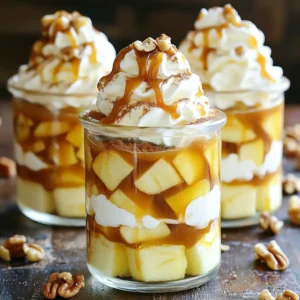 - 3 medium-sized apples, peeled and diced - 1 cup caramel sauce, plus additional for drizzling - 1 teaspoon ground cinnamon - 1 tablespoon fresh lemon juice - 1 cup heavy cream - 1/4 cup powdered sugar - 1 teaspoon pure vanilla extract - 1 cup vanilla sponge cake, cubed - 1/2 cup chopped walnuts or pecans (optional) - Whipped cream for topping The key to a great Caramel Apple Trifle Cup lies in the ingredients. First, choose three medium-sized apples. I like to peel and dice them for texture. The apples bring that fresh crunch we love in fall. Next, we need a cup of caramel sauce. This sweet sauce makes our dessert shine. You can buy it or make it at home. Just remember to keep some extra for drizzling on top. Cinnamon adds warmth and spice. Just a teaspoon will do. Fresh lemon juice brightens the flavor. It helps the apples stay fresh and adds zing. For the creaminess, we use one cup of heavy cream. This will turn into fluffy whipped cream, making our trifle extra special. We mix it with a quarter cup of powdered sugar and a teaspoon of vanilla extract for sweetness and flavor. For the base, we need a cup of vanilla sponge cake, cubed. You can use store-bought or make your own. This cake will soak up all the yummy flavors. If you want, add a half cup of chopped walnuts or pecans. They give a nice crunch and taste. Finally, we top it all with whipped cream to make it look pretty and delicious. With these ingredients, you have a solid base for a delightful fall dessert. The combination of apples, caramel, and cream will make every bite a treat. Start by peeling and dicing three medium-sized apples. Place the diced apples in a bowl. Add one tablespoon of fresh lemon juice, one teaspoon of ground cinnamon, and one cup of caramel sauce. Mix gently until all the apples are well coated. Set this bowl aside for about 10-15 minutes. This step helps the flavors blend nicely. In a separate large bowl, pour one cup of heavy cream. Use an electric mixer to beat the cream on medium speed. Keep mixing until it thickens up. Next, add one-quarter cup of powdered sugar and one teaspoon of pure vanilla extract. Continue mixing until soft peaks form. This whipped cream will be light and fluffy, perfect for your trifle. Grab clear cups or small jars for serving. Begin by adding a layer of cubed vanilla sponge cake at the bottom of each cup. Then, spoon in some of the caramel-coated apple mixture, spreading it evenly. After that, add a layer of the whipped cream you just made. Repeat the layering process until the cups are full. Make sure to finish with a nice layer of whipped cream on top. To make the best whipped cream, start with cold heavy cream. Cold cream whips better and faster. Use an electric mixer and beat the cream at medium speed. Watch for it to thicken. Once it starts to show some form, add the powdered sugar and vanilla extract. Keep mixing until you reach soft peaks. Soft peaks mean that the cream holds shape but still has a smooth texture. This will keep the cream light and fluffy. When you layer your trifle cups, think about balance. Start with a layer of vanilla sponge cake. Make sure to spread it evenly across the bottom. Next, add the caramel-coated apples. Use a spoon to spread them so every bite has flavor. This helps avoid soggy layers. The sponge cake should soak up some apple juice but not too much. You want the layers to stay distinct and beautiful. For a lovely presentation, use clear cups or jars. This allows everyone to see those tasty layers. You can serve the cups on a decorative tray for a nice touch. For added color, garnish each cup with a fresh mint sprig or a thin apple slice. Just before serving, drizzle extra caramel sauce on top. This gives a sweet finish and makes the dessert shine. {{image_4}} You can change the taste of your caramel apple trifle cups by using different apples. Try tart Granny Smith apples for a nice contrast with the sweet caramel. Honeycrisp apples give a crisp bite and sweet flavor. You can mix apple types for a fun taste. Adding spices can make your dessert special. Consider adding nutmeg or allspice for warmth. A dash of ginger will give it a nice kick. These flavors pair well with caramel and apples. If you need gluten-free options, you can use gluten-free sponge cake. Check your local store for ready-made gluten-free cakes. You can also make your own with gluten-free flour. For a vegan version, swap heavy cream for coconut cream. Use coconut milk for a lighter option. You can find vegan caramel sauce in stores, or make your own using coconut sugar and coconut milk. You can customize your trifle cups with tasty toppings. Try adding chocolate chips, crushed graham crackers, or extra nuts for a crunch. Fresh berries can also add a nice touch. Seasonal enhancements can bring a festive feel. In fall, you might add some pumpkin spice. In winter, consider a sprinkle of peppermint or a drizzle of chocolate. These small changes can make a big difference! To keep your caramel apple trifle cups fresh, store them in the fridge. Use airtight containers or cover the cups tightly with plastic wrap. This prevents the layers from drying out. The trifle cups are best eaten within three days for optimal taste and texture. If you want to freeze the trifle, do so by keeping layers separate. Freeze the sponge cake, apples, and whipped cream in different containers. This way, they stay fresh and do not get soggy. When ready to eat, thaw the layers in the fridge overnight. Once thawed, assemble the cups and serve for a delightful treat! To make easy caramel sauce, you need just a few simple steps. Start with: - 1 cup granulated sugar - 6 tablespoons unsalted butter - 1/2 cup heavy cream - A pinch of salt 1. In a medium pot, heat the sugar over medium heat. 2. Stir the sugar gently until it melts and turns golden brown. 3. Add butter and stir until melted. 4. Slowly pour in the cream while mixing. 5. Let it cool before using. This sauce adds rich flavor to your trifle! Yes, you can prepare the trifle cups in advance! Here are some tips: - Apples: Mix them a few hours before serving. They can sit in the fridge. - Whipped Cream: Make it up to one day ahead. Store it in an airtight container. - Assembly: Layer the cups and keep in the fridge. Serve them within a day for best taste. If you need a substitute, try these options: - Dairy options: Whole milk mixed with butter (1 cup milk + 1/3 cup melted butter). - Non-dairy options: Coconut cream or almond milk. They work well for whipped toppings. These substitutes can still create a tasty dessert without heavy cream! This blog post covers a simple apple caramel trifle recipe. You learned about the ingredients, preparation steps, and tips for the best results. Variations and storage tips will help you customize your dessert and keep it fresh. I encourage you to experiment with flavors and toppings. The options are endless! Enjoy creating your own delicious twists and sharing them with friends and family. Happy cooking!