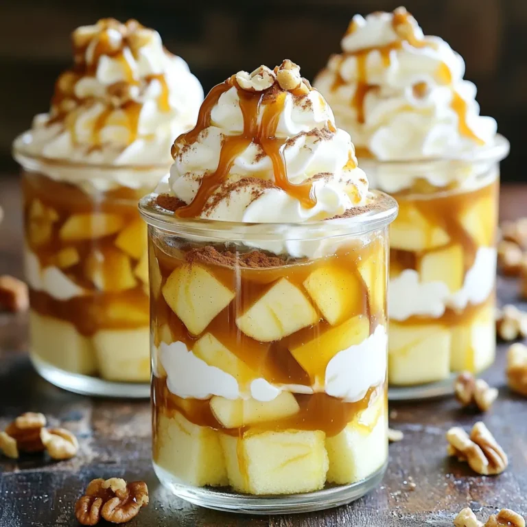 - 3 medium-sized apples, peeled and diced - 1 cup caramel sauce, plus additional for drizzling - 1 teaspoon ground cinnamon - 1 tablespoon fresh lemon juice - 1 cup heavy cream - 1/4 cup powdered sugar - 1 teaspoon pure vanilla extract - 1 cup vanilla sponge cake, cubed - 1/2 cup chopped walnuts or pecans (optional) - Whipped cream for topping The key to a great Caramel Apple Trifle Cup lies in the ingredients. First, choose three medium-sized apples. I like to peel and dice them for texture. The apples bring that fresh crunch we love in fall. Next, we need a cup of caramel sauce. This sweet sauce makes our dessert shine. You can buy it or make it at home. Just remember to keep some extra for drizzling on top. Cinnamon adds warmth and spice. Just a teaspoon will do. Fresh lemon juice brightens the flavor. It helps the apples stay fresh and adds zing. For the creaminess, we use one cup of heavy cream. This will turn into fluffy whipped cream, making our trifle extra special. We mix it with a quarter cup of powdered sugar and a teaspoon of vanilla extract for sweetness and flavor. For the base, we need a cup of vanilla sponge cake, cubed. You can use store-bought or make your own. This cake will soak up all the yummy flavors. If you want, add a half cup of chopped walnuts or pecans. They give a nice crunch and taste. Finally, we top it all with whipped cream to make it look pretty and delicious. With these ingredients, you have a solid base for a delightful fall dessert. The combination of apples, caramel, and cream will make every bite a treat. Start by peeling and dicing three medium-sized apples. Place the diced apples in a bowl. Add one tablespoon of fresh lemon juice, one teaspoon of ground cinnamon, and one cup of caramel sauce. Mix gently until all the apples are well coated. Set this bowl aside for about 10-15 minutes. This step helps the flavors blend nicely. In a separate large bowl, pour one cup of heavy cream. Use an electric mixer to beat the cream on medium speed. Keep mixing until it thickens up. Next, add one-quarter cup of powdered sugar and one teaspoon of pure vanilla extract. Continue mixing until soft peaks form. This whipped cream will be light and fluffy, perfect for your trifle. Grab clear cups or small jars for serving. Begin by adding a layer of cubed vanilla sponge cake at the bottom of each cup. Then, spoon in some of the caramel-coated apple mixture, spreading it evenly. After that, add a layer of the whipped cream you just made. Repeat the layering process until the cups are full. Make sure to finish with a nice layer of whipped cream on top. To make the best whipped cream, start with cold heavy cream. Cold cream whips better and faster. Use an electric mixer and beat the cream at medium speed. Watch for it to thicken. Once it starts to show some form, add the powdered sugar and vanilla extract. Keep mixing until you reach soft peaks. Soft peaks mean that the cream holds shape but still has a smooth texture. This will keep the cream light and fluffy. When you layer your trifle cups, think about balance. Start with a layer of vanilla sponge cake. Make sure to spread it evenly across the bottom. Next, add the caramel-coated apples. Use a spoon to spread them so every bite has flavor. This helps avoid soggy layers. The sponge cake should soak up some apple juice but not too much. You want the layers to stay distinct and beautiful. For a lovely presentation, use clear cups or jars. This allows everyone to see those tasty layers. You can serve the cups on a decorative tray for a nice touch. For added color, garnish each cup with a fresh mint sprig or a thin apple slice. Just before serving, drizzle extra caramel sauce on top. This gives a sweet finish and makes the dessert shine. {{image_4}} You can change the taste of your caramel apple trifle cups by using different apples. Try tart Granny Smith apples for a nice contrast with the sweet caramel. Honeycrisp apples give a crisp bite and sweet flavor. You can mix apple types for a fun taste. Adding spices can make your dessert special. Consider adding nutmeg or allspice for warmth. A dash of ginger will give it a nice kick. These flavors pair well with caramel and apples. If you need gluten-free options, you can use gluten-free sponge cake. Check your local store for ready-made gluten-free cakes. You can also make your own with gluten-free flour. For a vegan version, swap heavy cream for coconut cream. Use coconut milk for a lighter option. You can find vegan caramel sauce in stores, or make your own using coconut sugar and coconut milk. You can customize your trifle cups with tasty toppings. Try adding chocolate chips, crushed graham crackers, or extra nuts for a crunch. Fresh berries can also add a nice touch. Seasonal enhancements can bring a festive feel. In fall, you might add some pumpkin spice. In winter, consider a sprinkle of peppermint or a drizzle of chocolate. These small changes can make a big difference! To keep your caramel apple trifle cups fresh, store them in the fridge. Use airtight containers or cover the cups tightly with plastic wrap. This prevents the layers from drying out. The trifle cups are best eaten within three days for optimal taste and texture. If you want to freeze the trifle, do so by keeping layers separate. Freeze the sponge cake, apples, and whipped cream in different containers. This way, they stay fresh and do not get soggy. When ready to eat, thaw the layers in the fridge overnight. Once thawed, assemble the cups and serve for a delightful treat! To make easy caramel sauce, you need just a few simple steps. Start with: - 1 cup granulated sugar - 6 tablespoons unsalted butter - 1/2 cup heavy cream - A pinch of salt 1. In a medium pot, heat the sugar over medium heat. 2. Stir the sugar gently until it melts and turns golden brown. 3. Add butter and stir until melted. 4. Slowly pour in the cream while mixing. 5. Let it cool before using. This sauce adds rich flavor to your trifle! Yes, you can prepare the trifle cups in advance! Here are some tips: - Apples: Mix them a few hours before serving. They can sit in the fridge. - Whipped Cream: Make it up to one day ahead. Store it in an airtight container. - Assembly: Layer the cups and keep in the fridge. Serve them within a day for best taste. If you need a substitute, try these options: - Dairy options: Whole milk mixed with butter (1 cup milk + 1/3 cup melted butter). - Non-dairy options: Coconut cream or almond milk. They work well for whipped toppings. These substitutes can still create a tasty dessert without heavy cream! This blog post covers a simple apple caramel trifle recipe. You learned about the ingredients, preparation steps, and tips for the best results. Variations and storage tips will help you customize your dessert and keep it fresh. I encourage you to experiment with flavors and toppings. The options are endless! Enjoy creating your own delicious twists and sharing them with friends and family. Happy cooking!