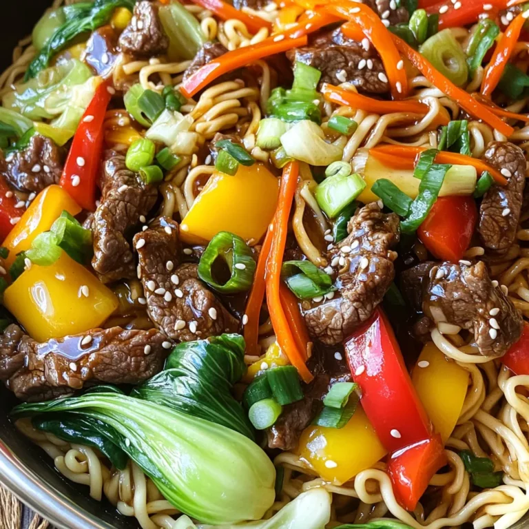 To make a great Beef Chow Mein, you need these main ingredients: - 8 oz (225g) egg noodles - 1 lb (450g) beef sirloin, thinly sliced against the grain - 1 cup bell peppers, thinly sliced (mix red and yellow) - 1 cup bok choy, chopped into bite-sized pieces - 1 cup carrots, julienned - 3 green onions, sliced into rings - 2 cloves garlic, minced - 1 teaspoon ginger, finely minced For flavor, gather these essential seasonings: - 2 tablespoons soy sauce - 1 tablespoon oyster sauce - 2 tablespoons cornstarch - Salt and pepper to taste - 2 tablespoons vegetable oil, divided You can add some garnishes for extra flavor and style: - Additional green onions on top - Toasted sesame seeds for texture - A squeeze of lime juice for brightness These ingredients come together to create a delicious and colorful dish. The balance of flavors and textures makes Beef Chow Mein a hit at dinner. Start by boiling a large pot of water. Add the egg noodles once the water is bubbling. Cook them as per the package instructions until they are al dente. This usually takes about 4 to 6 minutes. Drain the noodles, then rinse them briefly under cold water. This stops the cooking. Place them in a bowl and toss with a little oil. This keeps them from sticking together. In a mixing bowl, combine the thinly sliced beef with soy sauce, oyster sauce, and cornstarch. Use your hands or a spatula to mix everything well. Ensure each slice is coated evenly. Cover the bowl and let it sit for 15 minutes. This helps the beef soak up the flavors, making it tasty. Heat 1 tablespoon of vegetable oil in a large skillet or wok over high heat. When the oil is hot, add the marinated beef in a single layer. Let it sear without stirring for 2-3 minutes. This browns the beef nicely. Flip the beef over to cook the other side for 1-2 minutes. Once browned, remove it from the skillet and place it on a plate. In the same skillet, add the remaining tablespoon of oil. Add minced garlic and ginger right away. Stir them for about 30 seconds to let the aromas fill the air. Then, add bell peppers, bok choy, and carrots. Stir-fry the veggies for about 3-4 minutes. They should be tender but still crisp and colorful. Return the cooked noodles and seared beef to the skillet with the sautéed vegetables. Gently toss all the ingredients together. Ensure the noodles and beef mix well with the vibrant vegetables. This step is key to getting a great mix. Taste your dish and season it with salt, pepper, and a splash of soy sauce if you like. Cook for another 2 minutes, stirring often. This helps everything heat through. Finally, sprinkle in sliced green onions and toss quickly. Serve your Beef Chow Mein in a large bowl. For a nice touch, garnish with more green onions and a sprinkle of toasted sesame seeds. Enjoy! To get real flavor in Beef Chow Mein, use good soy sauce. Opt for a brand that you enjoy. Combine soy sauce with oyster sauce for depth. This mix adds umami and richness. Let your beef marinate for at least 15 minutes. This step boosts flavor and tenderness. Slice your beef sirloin thinly, cutting against the grain. This helps make each bite tender. Use high heat when stir-frying. This quick cooking method seals in juices. Don’t overcrowd your pan; cook in batches if needed. Each piece should have space to sear properly. Use fresh vegetables for the best taste. Bell peppers, bok choy, and carrots keep their crunch. Add them to your pan after the garlic and ginger. Stir-fry them quickly over high heat. Stop cooking when they are tender but still bright. This keeps the veggies vibrant and crisp. {{image_4}} If you want to change things up, consider different proteins. Chicken works well in Beef Chow Mein. Thinly sliced chicken breast cooks quickly and absorbs flavors nicely. Shrimp is another great option. Just make sure to cook them until they turn pink. Tofu is perfect for a vegetarian version. Firm tofu adds a nice texture and soaks up the sauce. Feel free to mix in your favorite veggies. Snow peas add a nice crunch and sweetness. Broccoli brings a hearty bite and looks vibrant. You can also add mushrooms for an earthy flavor. If you like spice, try adding sliced jalapeños or even baby corn. Get creative with whatever veggies you enjoy! Want to kick up the heat? Add some chili paste or crushed red pepper flakes. Stir these in when you sauté the garlic and ginger. You can also use spicy soy sauce or sriracha for extra flavor. This gives the dish a nice kick without overpowering the other ingredients. Enjoy the balance of spice and savory! To keep your Beef Chow Mein fresh, let it cool first. Place the leftovers in an airtight container. Store in the fridge for up to three days. This keeps the flavors intact and the noodles from getting soggy. When you're ready to eat, reheat your chow mein in a skillet. Add a splash of water or soy sauce to keep it moist. Heat over medium until warmed through. You can also microwave it in a bowl. Cover it with a damp paper towel to prevent drying out. If you want to save some for later, you can freeze Beef Chow Mein. Use a freezer-safe container. It lasts up to three months. To thaw, place it in the fridge overnight before reheating. This keeps it tasty and ready for your next meal. The best beef for Chow Mein is beef sirloin. It is tender and flavorful. You can also use flank steak or ribeye if you prefer. Thinly slice the beef against the grain. This helps it stay tender while cooking. Yes, you can make Beef Chow Mein ahead of time. Cook the dish fully, then cool it. Store it in an airtight container in the fridge. For best taste, eat it within three days. Reheat on the stove or in the microwave. To make Beef Chow Mein vegan, swap beef for tofu or tempeh. Use soy sauce or mushroom sauce for flavor. Replace egg noodles with rice noodles or vegan noodles. You can add more veggies for nutrition and taste. Chow Mein and Lo Mein differ mainly in the noodles. Chow Mein uses thin egg noodles that are stir-fried until crispy. Lo Mein uses thicker, softer noodles that are tossed with sauce. Both dishes have similar veggies and flavors. Yes, you can substitute egg noodles with rice noodles or even whole wheat noodles. Just cook them according to package instructions. Make sure to adjust the cooking time to keep them from getting mushy. You now know how to make delicious Beef Chow Mein. We covered key ingredients, from main choices to seasonings and garnishes. I shared step-by-step instructions to guide you through the process. You also discovered tips for authentic flavor and techniques for cooking. Remember, you can customize your dish to fit your tastes. Whether with different proteins or veggies, feel free to get creative! Enjoy your cooking journey and savor every bite of your homemade Chow Mein.