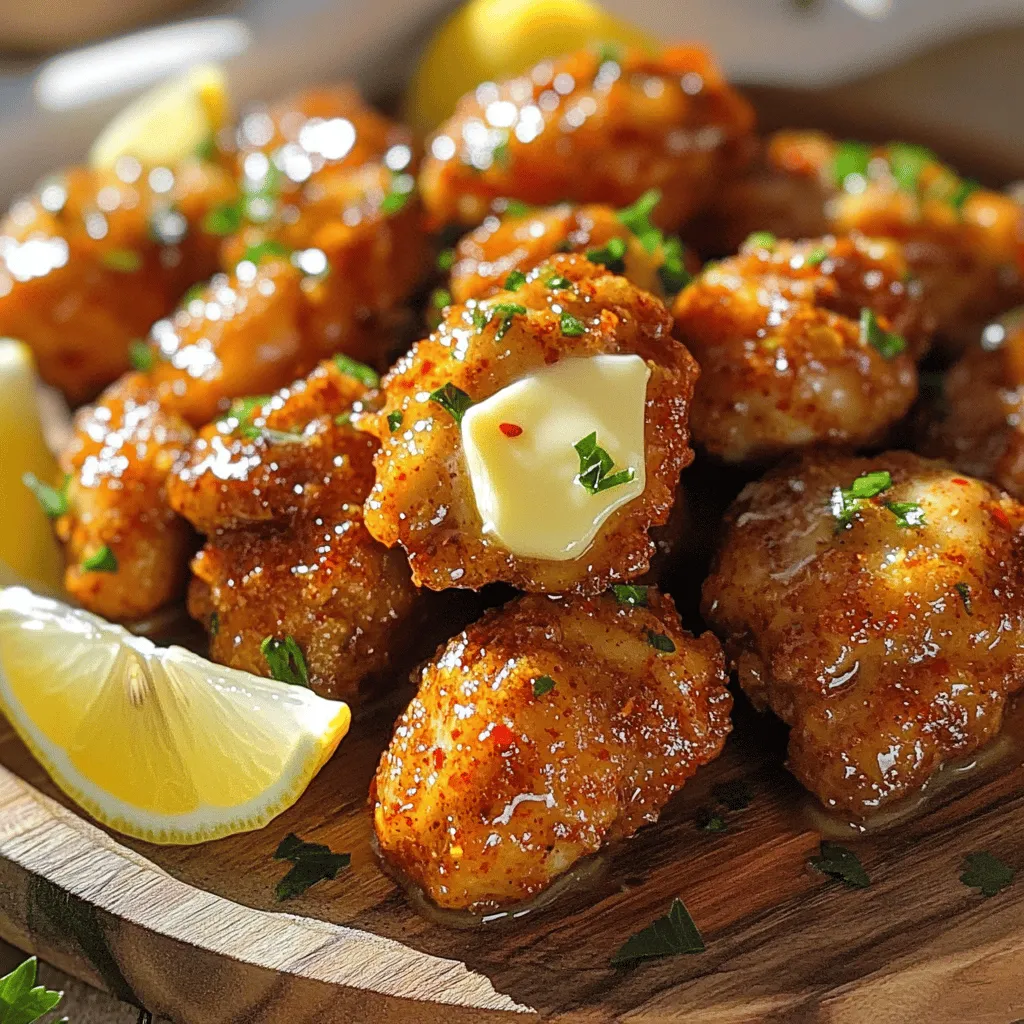 For garlic butter chicken bites, you need: - 1 lb (450g) boneless, skinless chicken breasts, cut into bite-sized pieces - 4 tablespoons unsalted butter - 4 cloves of garlic, finely minced - 2 tablespoons fresh parsley, chopped - 1 teaspoon dried oregano - 1 teaspoon smoked paprika - Salt and freshly ground black pepper, to taste - Juice of 1 fresh lemon These ingredients create a rich flavor. The chicken absorbs the garlic and butter well. You can add more taste with: - 1/4 teaspoon red pepper flakes for a spicy kick This touch of heat brightens the dish. It’s not too spicy but adds depth. If you lack some ingredients, try these swaps: - Chicken breasts can be replaced with chicken thighs for juiciness. - Use olive oil instead of butter for a healthier option. - Replace fresh parsley with dried parsley if fresh isn’t available. - If you don’t have garlic, garlic powder works in a pinch. These substitutes keep the dish tasty. You still get great flavor even with changes. Start by cutting your chicken breasts into small pieces. This makes them easy to cook and eat. Place the chicken pieces in a large bowl. Add smoked paprika, dried oregano, salt, and pepper. Mix them well so each piece gets coated in spices. This step adds great flavor to our bites. Now, heat a large skillet over medium heat. Add the unsalted butter and let it melt. Once melted, add the minced garlic. Stir it for about 30 seconds. You want it fragrant, not burned. Then, raise the heat to medium-high. Put the seasoned chicken pieces into the skillet. Cook for about 5 to 7 minutes. Stir occasionally to cook evenly. The chicken should turn golden brown and reach 165°F inside. When the chicken is cooked, squeeze fresh lemon juice over it. This brightens the flavor. Toss in the chopped parsley and red pepper flakes if you like heat. Mix everything together. Let it sit for a minute off the heat. This helps the flavors blend before serving. To cook chicken just right, start with fresh chicken. Cut it into equal-sized bits. This helps it cook evenly. Use a good skillet and heat it well. Add butter before the chicken goes in. This keeps the chicken moist and tasty. Cook until it's golden brown all over. The chicken should reach 165°F inside. This means it is safe to eat. Garlic butter chicken bites shine with simple flavors. Fresh parsley adds a bright touch. Smoked paprika gives a warm, smoky taste. You can also add lemon juice for zing. For a spicy kick, try red pepper flakes. If you want to mix it up, add other herbs. Thyme or rosemary can work wonders too. Presenting your chicken bites well makes a big impact. Serve them on a rustic platter. Sprinkle extra parsley on top for color. Add lemon wedges for a fresh look. Toothpicks make it easy for guests to grab bites. Pair these with a simple salad or crusty bread. This creates a full meal that everyone will love. {{image_4}} You can easily add heat to garlic butter chicken bites. Just sprinkle in 1/4 teaspoon of red pepper flakes. This small change brings a bold kick to the dish. Adjust the amount based on your spice tolerance. More flakes mean more heat! This simple tweak makes your bites exciting and flavorful. If you're looking for a meat-free option, try plant-based proteins. You can use tofu, tempeh, or seitan. Cut these into bite-sized pieces just like chicken. Season them the same way with smoked paprika and oregano. Cook in garlic butter until they’re golden brown. You’ll still enjoy that rich, savory flavor without the chicken. Herbs can change the whole dish. Instead of just parsley and oregano, think outside the box. You can try basil, thyme, or rosemary. Each herb brings a new flavor twist. Mix and match to find your favorite blend. Just remember to keep the ratios balanced to let the garlic shine through. Store your garlic butter chicken bites in an airtight container. Make sure to let them cool first. This keeps them fresh and tasty. You can keep them in the fridge for up to three days. If you want to keep them longer, freezing is a great option. When reheating, use a skillet over medium heat. Add a little butter to keep the chicken moist. Heat until warm, stirring often. You can also use a microwave. Just cover the dish to keep the moisture in. Heat in short intervals to avoid overcooking. To freeze, place the chicken bites in a single layer on a baking sheet. Freeze until solid, then transfer to a freezer bag. This way, they won't stick together. Use them within three months for the best flavor. When ready to eat, thaw in the fridge overnight before reheating. It takes about 20 minutes to cook garlic butter chicken bites. You spend 10 minutes prepping the chicken. Cooking in the skillet takes another 10 minutes. This quick time makes it a great snack or meal option. Yes, you can use frozen chicken for this recipe. Make sure to thaw it first. Thawing lets the chicken cook evenly. If you start with frozen chicken, cooking time may increase slightly. Always check that the chicken reaches 165°F (75°C) to ensure it is safe to eat. You can serve garlic butter chicken bites with many side dishes. Here are some ideas: - Fresh salad for a light option - Rice or quinoa for a filling side - Garlic bread to soak up the butter - Veggies like carrots or bell peppers for crunch These pairs enhance the meal and add more flavors. You now know the key ingredients and steps to make garlic butter chicken bites. We explored tips for perfect cooking, flavor boosts, and fun variations. Remember, these bites are easy to customize, so get creative! Store leftovers properly for later enjoyment, and always reheat for the best taste. Follow these guidelines, and you'll impress everyone at your next meal. Enjoy your cooking!