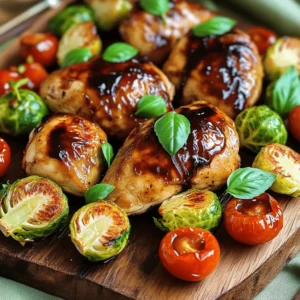 - 4 boneless, skinless chicken breasts - 1 lb Brussels sprouts, halved - 1 cup cherry tomatoes, halved - 1/4 cup balsamic vinegar - 2 tablespoons olive oil - 2 tablespoons honey - 1 teaspoon garlic powder - 1 teaspoon onion powder - Salt and freshly ground black pepper to taste - Fresh basil leaves, for garnish - Calories: 350 - Protein: 30g - Carbohydrates: 20g - Fats: 15g - Fiber: 4g - Sugar: 6g If you're missing an ingredient, don't worry! Here are some easy swaps: - Use chicken thighs instead of breasts for a juicier bite. - Replace Brussels sprouts with green beans for a different texture. - Swap cherry tomatoes with diced bell peppers for added sweetness. - Use maple syrup instead of honey for a vegan option. - Try apple cider vinegar in place of balsamic vinegar for a tangy twist. Feel free to mix and match based on what you have at home! First, preheat your oven to 400°F (200°C). This helps cook the food evenly. While the oven heats, make the glaze. In a small bowl, mix 1/4 cup balsamic vinegar, 2 tablespoons olive oil, and 2 tablespoons honey. Add 1 teaspoon garlic powder and 1 teaspoon onion powder. Season with salt and pepper. Whisk until smooth and fragrant. Next, take 4 boneless, skinless chicken breasts. Place them on a large sheet pan. Make sure to space them apart. Drizzle half of the balsamic glaze over the chicken. Use a brush or a spoon to coat each piece well. This adds flavor and gives a nice shine. Now, let’s prep the veggies. Halve 1 pound of Brussels sprouts and 1 cup of cherry tomatoes. In a separate bowl, toss the veggies with the remaining balsamic glaze. Ensure they are evenly coated. Arrange the Brussels sprouts and tomatoes around the chicken on the sheet pan. This makes the dish colorful and appealing. Place the sheet pan in the preheated oven. Roast everything for 25 to 30 minutes. The chicken needs to reach an internal temperature of 165°F (75°C). The Brussels sprouts should be tender and caramelized. Keep an eye on them for perfect results. Once the timer goes off, remove the pan from the oven. Let the chicken and veggies rest for about 5 minutes. This allows the juices to settle in the chicken. Finally, sprinkle fresh basil leaves over the dish. This adds color and a fresh smell. Serve it up and enjoy! To get juicy chicken, start with even-sized breasts. This helps them cook at the same rate. Use a meat thermometer to check the chicken's temperature. You want it to reach 165°F (75°C). After roasting, let the chicken rest for five minutes. This step keeps all the tasty juices inside. For Brussels sprouts that crunch, cut them in half. This gives more surface area for roasting. Toss them in oil and glaze well. Space them out on the pan. If they are too close, they will steam instead of roast. Roast until they are golden and tender. Want to boost flavor? Add fresh herbs like thyme or rosemary. You can also include garlic cloves for a stronger taste. A pinch of red pepper flakes adds a nice kick. Drizzle more balsamic glaze right before serving for extra richness. These simple tweaks make your dish pop! {{image_4}} You can switch the chicken for other proteins. Pork tenderloin works great here. It cooks well and absorbs the glaze nicely. You can also use tofu for a vegetarian dish. Press the tofu to remove excess water. This helps it soak up the flavors. Each protein brings a new twist to the dish. Feel free to get creative with your veggies. Carrots and bell peppers add sweetness and color. Broccoli or cauliflower can add a nice crunch. As the seasons change, so can your veggies. In summer, use zucchini or corn. In fall, think about adding squash or sweet potatoes. The options are endless! You can change the flavor with different herbs and spices. Fresh rosemary or thyme brightens the dish. A pinch of red pepper flakes adds heat. You could also try a splash of orange juice for a citrus twist. Experiment with these options to find your favorite combination. Each change can make your meal feel new and exciting. After enjoying your balsamic chicken and Brussels sprouts, let the leftovers cool down. Place them in an airtight container. This helps keep the flavors fresh. Store the container in the fridge. Your meal will last for about three days. Just make sure you don’t leave it out too long. To reheat, you can use the oven or the microwave. If using the oven, set it to 350°F (175°C). Place the chicken and veggies on a baking sheet. Heat for about 15-20 minutes, until warm. If using the microwave, place your meal on a microwave-safe plate. Heat in short bursts, about 1-2 minutes, checking often. This way, you keep the chicken juicy. You can freeze leftovers for later. Place the cooled chicken and veggies in a freezer-safe container. Be sure to use a layer of plastic wrap before sealing. This keeps out air and prevents freezer burn. The meal will last about three months in the freezer. When you’re ready to eat, thaw it in the fridge overnight before reheating. This method helps keep the texture nice. The chicken is done when it reaches an internal temperature of 165°F (75°C). Use a meat thermometer to check the thickest part of the chicken. If you don’t have a thermometer, cut into the chicken. The juices should run clear, not pink. It’s best to let the chicken rest for five minutes after roasting. This helps keep it juicy. Yes, you can use frozen Brussels sprouts. However, they may not get as crispy as fresh ones. If using frozen, let them thaw first. Pat them dry to remove excess moisture. This helps them roast better and stay flavorful. You can serve this dish with various sides. Here are some ideas: - Mashed potatoes - Quinoa or rice - A fresh green salad - Crusty bread These sides complement the flavors of the chicken and veggies well. Yes, this recipe is gluten-free. The ingredients used, such as chicken, Brussels sprouts, and balsamic vinegar, do not contain gluten. Always check labels for any added sauces or seasonings. This ensures they meet gluten-free standards. This article covered ingredients, preparation steps, and tips for a delicious dish. You learned how to roast chicken and Brussels sprouts, plus storage and serving advice. I shared various substitutions and variations, making this meal adaptable for your taste. Remember, cooking is fun and a chance to be creative. Use these guidelines to enjoy your time in the kitchen. Explore new flavors and make this recipe your own!