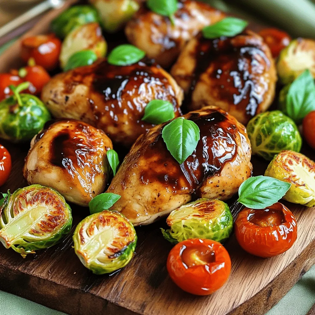 - 4 boneless, skinless chicken breasts - 1 lb Brussels sprouts, halved - 1 cup cherry tomatoes, halved - 1/4 cup balsamic vinegar - 2 tablespoons olive oil - 2 tablespoons honey - 1 teaspoon garlic powder - 1 teaspoon onion powder - Salt and freshly ground black pepper to taste - Fresh basil leaves, for garnish - Calories: 350 - Protein: 30g - Carbohydrates: 20g - Fats: 15g - Fiber: 4g - Sugar: 6g If you're missing an ingredient, don't worry! Here are some easy swaps: - Use chicken thighs instead of breasts for a juicier bite. - Replace Brussels sprouts with green beans for a different texture. - Swap cherry tomatoes with diced bell peppers for added sweetness. - Use maple syrup instead of honey for a vegan option. - Try apple cider vinegar in place of balsamic vinegar for a tangy twist. Feel free to mix and match based on what you have at home! First, preheat your oven to 400°F (200°C). This helps cook the food evenly. While the oven heats, make the glaze. In a small bowl, mix 1/4 cup balsamic vinegar, 2 tablespoons olive oil, and 2 tablespoons honey. Add 1 teaspoon garlic powder and 1 teaspoon onion powder. Season with salt and pepper. Whisk until smooth and fragrant. Next, take 4 boneless, skinless chicken breasts. Place them on a large sheet pan. Make sure to space them apart. Drizzle half of the balsamic glaze over the chicken. Use a brush or a spoon to coat each piece well. This adds flavor and gives a nice shine. Now, let’s prep the veggies. Halve 1 pound of Brussels sprouts and 1 cup of cherry tomatoes. In a separate bowl, toss the veggies with the remaining balsamic glaze. Ensure they are evenly coated. Arrange the Brussels sprouts and tomatoes around the chicken on the sheet pan. This makes the dish colorful and appealing. Place the sheet pan in the preheated oven. Roast everything for 25 to 30 minutes. The chicken needs to reach an internal temperature of 165°F (75°C). The Brussels sprouts should be tender and caramelized. Keep an eye on them for perfect results. Once the timer goes off, remove the pan from the oven. Let the chicken and veggies rest for about 5 minutes. This allows the juices to settle in the chicken. Finally, sprinkle fresh basil leaves over the dish. This adds color and a fresh smell. Serve it up and enjoy! To get juicy chicken, start with even-sized breasts. This helps them cook at the same rate. Use a meat thermometer to check the chicken's temperature. You want it to reach 165°F (75°C). After roasting, let the chicken rest for five minutes. This step keeps all the tasty juices inside. For Brussels sprouts that crunch, cut them in half. This gives more surface area for roasting. Toss them in oil and glaze well. Space them out on the pan. If they are too close, they will steam instead of roast. Roast until they are golden and tender. Want to boost flavor? Add fresh herbs like thyme or rosemary. You can also include garlic cloves for a stronger taste. A pinch of red pepper flakes adds a nice kick. Drizzle more balsamic glaze right before serving for extra richness. These simple tweaks make your dish pop! {{image_4}} You can switch the chicken for other proteins. Pork tenderloin works great here. It cooks well and absorbs the glaze nicely. You can also use tofu for a vegetarian dish. Press the tofu to remove excess water. This helps it soak up the flavors. Each protein brings a new twist to the dish. Feel free to get creative with your veggies. Carrots and bell peppers add sweetness and color. Broccoli or cauliflower can add a nice crunch. As the seasons change, so can your veggies. In summer, use zucchini or corn. In fall, think about adding squash or sweet potatoes. The options are endless! You can change the flavor with different herbs and spices. Fresh rosemary or thyme brightens the dish. A pinch of red pepper flakes adds heat. You could also try a splash of orange juice for a citrus twist. Experiment with these options to find your favorite combination. Each change can make your meal feel new and exciting. After enjoying your balsamic chicken and Brussels sprouts, let the leftovers cool down. Place them in an airtight container. This helps keep the flavors fresh. Store the container in the fridge. Your meal will last for about three days. Just make sure you don’t leave it out too long. To reheat, you can use the oven or the microwave. If using the oven, set it to 350°F (175°C). Place the chicken and veggies on a baking sheet. Heat for about 15-20 minutes, until warm. If using the microwave, place your meal on a microwave-safe plate. Heat in short bursts, about 1-2 minutes, checking often. This way, you keep the chicken juicy. You can freeze leftovers for later. Place the cooled chicken and veggies in a freezer-safe container. Be sure to use a layer of plastic wrap before sealing. This keeps out air and prevents freezer burn. The meal will last about three months in the freezer. When you’re ready to eat, thaw it in the fridge overnight before reheating. This method helps keep the texture nice. The chicken is done when it reaches an internal temperature of 165°F (75°C). Use a meat thermometer to check the thickest part of the chicken. If you don’t have a thermometer, cut into the chicken. The juices should run clear, not pink. It’s best to let the chicken rest for five minutes after roasting. This helps keep it juicy. Yes, you can use frozen Brussels sprouts. However, they may not get as crispy as fresh ones. If using frozen, let them thaw first. Pat them dry to remove excess moisture. This helps them roast better and stay flavorful. You can serve this dish with various sides. Here are some ideas: - Mashed potatoes - Quinoa or rice - A fresh green salad - Crusty bread These sides complement the flavors of the chicken and veggies well. Yes, this recipe is gluten-free. The ingredients used, such as chicken, Brussels sprouts, and balsamic vinegar, do not contain gluten. Always check labels for any added sauces or seasonings. This ensures they meet gluten-free standards. This article covered ingredients, preparation steps, and tips for a delicious dish. You learned how to roast chicken and Brussels sprouts, plus storage and serving advice. I shared various substitutions and variations, making this meal adaptable for your taste. Remember, cooking is fun and a chance to be creative. Use these guidelines to enjoy your time in the kitchen. Explore new flavors and make this recipe your own!