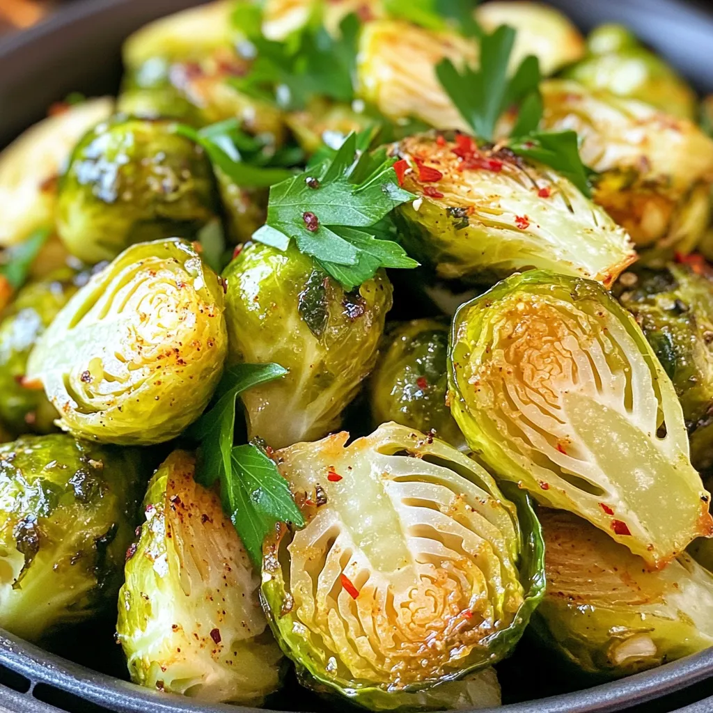 To make Air Fryer Crispy Brussels sprouts, you need simple and fresh ingredients. Here is the list: - 1 pound fresh Brussels sprouts - 3 tablespoons extra-virgin olive oil - 1 teaspoon garlic powder - 1 teaspoon onion powder - 1/2 teaspoon smoked paprika - 1/4 teaspoon red pepper flakes (optional for spice) - Sea salt and freshly cracked black pepper, to taste - 2 tablespoons balsamic vinegar, for drizzling - Fresh parsley, finely chopped for garnish You can easily find these ingredients at your local store. Fresh Brussels sprouts are key for the best taste. If you want a spicy kick, add red pepper flakes. The balsamic vinegar adds a nice tangy flavor. Don't forget the parsley; it makes your dish pop with color and freshness! Set your air fryer to 375°F (190°C). This step is key to getting crispy Brussels sprouts. Heat it for about 5 minutes. This makes sure the air fryer is nice and hot. First, take your fresh Brussels sprouts. Trim off the ends and slice each one in half. Place them in a large bowl. Next, pour in 3 tablespoons of olive oil. Add 1 teaspoon of garlic powder and 1 teaspoon of onion powder. Sprinkle in 1/2 teaspoon of smoked paprika. If you like spice, toss in 1/4 teaspoon of red pepper flakes. Finally, add sea salt and black pepper to taste. Mix everything well. You want the sprouts to be fully coated with the oil and spices. Now, it’s time to cook! Carefully transfer the seasoned Brussels sprouts to the air fryer basket. Make sure to spread them out in a single layer. This helps them cook evenly. If your air fryer is small, you may need to cook them in two batches. Air fry the sprouts for 15 to 18 minutes. Remember to shake the basket halfway through. This helps achieve that perfect crispy texture. They are done when they turn golden brown and crispy. Once cooked, remove them carefully. Drizzle with balsamic vinegar right away. Toss gently to mix the flavors. Enjoy your tasty treat! To get that perfect crisp, even cooking is key. Arrange the Brussels sprouts in a single layer. If they are piled too high, they will steam instead of fry. Cook them for 15 to 18 minutes. Shake the basket halfway through. This step helps them brown evenly. You can boost the flavor with extra spices. Try adding cumin or Italian seasoning for a different taste. A splash of red wine vinegar works well too. It adds a tangy kick. Balsamic vinegar creates a sweet and savory blend. Drizzle it on right after cooking for the best flavor. For serving, use a wide, shallow dish. This allows the Brussels sprouts to shine. Drizzle extra balsamic vinegar in a zig-zag pattern on the plate. It adds a nice touch. Top with fresh parsley for color. This makes your dish look as good as it tastes. {{image_4}} To spice up your Brussels sprouts, add red pepper flakes. Start with 1/4 teaspoon. You can adjust this based on your taste. If you want more heat, just add more flakes. This will give your dish a nice kick. The flavor will blend well with the garlic and smoked paprika. After your Brussels sprouts are cooked, consider adding cheese. You can use grated Parmesan or shredded cheddar. Just sprinkle it on top while they are still hot. The cheese will melt slightly, adding a creamy texture. This makes for a tasty twist on the classic recipe. For a sweet touch, try drizzling your Brussels sprouts with maple syrup or honey. Just a tablespoon will do. Mix it in after they cook. This balance of flavors makes the dish unique. The sweetness pairs well with the savory spices, giving you the best of both worlds. To keep your crispy brussel sprouts fresh, store them in an airtight container. Make sure they cool down first. Place them in the fridge, where they stay good for 3 to 4 days. If you want to keep them longer, consider freezing them. Frozen sprouts can last up to 2 months. To reheat brussel sprouts and keep them crispy, use the air fryer. Set it to 350°F (175°C) and warm them for about 5 minutes. This method helps restore their crunch. Avoid using a microwave, as it makes them soggy. If you must use a microwave, place a paper towel under the sprouts to absorb extra moisture. You should cook Brussels sprouts for 15 to 18 minutes in the air fryer. Check for a golden brown color and a crispy texture. Shake the basket halfway through to help them cook evenly. Yes, you can use frozen Brussels sprouts. However, they may not get as crispy. You should increase the cooking time by a few minutes to ensure they cook through. You can cook many other vegetables alongside Brussels sprouts. Great options include carrots, bell peppers, and broccoli. Just make sure to cut them into similar sizes for even cooking. Yes! This recipe is already vegan-friendly if you skip the balsamic vinegar drizzle or use a vegan alternative. Just ensure all your ingredients are plant-based. Enjoy the crispiness without any animal products! You can make delicious air fryer Brussels sprouts with simple steps. We reviewed the best ingredients, cooking instructions, and tips for perfect crispiness. I shared ways to enhance their flavor and variations to suit personal tastes. Storing and reheating them properly keeps them tasty. Enjoy trying different spices and enjoy a fun dish. You have the tools to impress yourself and others with this simple recipe!
