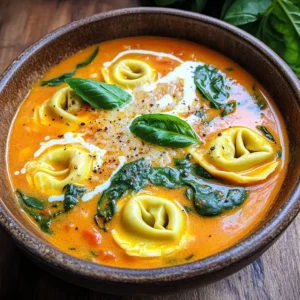 To make a rich and tasty soup, gather these essential items: - 2 tablespoons olive oil - 1 medium onion, diced - 3 cloves garlic, minced - 1 can (28 oz) crushed tomatoes - 4 cups vegetable broth - 1 teaspoon dried basil - 1 teaspoon dried oregano - Salt and freshly cracked black pepper to taste - 1 cup heavy cream - 2 cups cheese tortellini - 2 cups fresh spinach, roughly chopped - Grated Parmesan cheese for serving (optional) - Fresh basil leaves for garnish These ingredients work together to create a creamy, comforting soup. The crushed tomatoes bring a burst of flavor. The heavy cream adds richness, while the tortellini gives it heartiness. You can make this soup your own by adding optional ingredients. Consider these: - A splash of red wine for depth - Crushed red pepper flakes for heat - Chopped carrots or celery for extra veggies - A squeeze of lemon juice for brightness Adding these options can enhance flavors and add variety. Feel free to experiment to find your perfect blend. When choosing tortellini, you have options. I recommend: - Fresh tortellini for a tender bite - Frozen tortellini for quick prep - Whole wheat tortellini for extra fiber Each type works well in this soup. Fresh tortellini offers a soft texture, while frozen is convenient. Whole wheat adds a nice nutty flavor. Choose what fits your taste and needs. To start, gather all your ingredients. This makes cooking smooth and fun. You will need: - 2 tablespoons olive oil - 1 medium onion, diced - 3 cloves garlic, minced - 1 can (28 oz) crushed tomatoes - 4 cups vegetable broth - 1 teaspoon dried basil - 1 teaspoon dried oregano - Salt and freshly cracked black pepper - 1 cup heavy cream - 2 cups cheese tortellini - 2 cups fresh spinach, roughly chopped - Grated Parmesan cheese for serving - Fresh basil leaves for garnish Chop the onion and mince the garlic. Having everything ready makes cooking easier. 1. Heat the oil in a large pot over medium heat for about one minute. 2. Add the diced onion and sauté for 4-5 minutes. It should be soft and clear. 3. Add the minced garlic and stir for 1-2 minutes until fragrant. Don’t let it burn! 4. Pour in the crushed tomatoes and vegetable broth. Add the dried basil, oregano, salt, and pepper. Stir well. 5. Increase the heat to a gentle boil, then lower it to a simmer. Let it cook uncovered for 10 minutes. This is key for flavor. 6. Gradually stir in the heavy cream, mixing it well. Then add the tortellini. Cook based on the package instructions. 7. When the tortellini is done, mix in the chopped spinach. Let it wilt for 1-2 minutes. 8. Remove from heat and taste. Adjust seasoning as needed. 9. Serve in bowls, topping with Parmesan cheese and fresh basil. To save time, prep all ingredients first. This way, you won’t rush while cooking. Use fresh tortellini for a quicker meal. If using frozen tortellini, allow extra time. Cooking should be fun, not stressful! Using fresh herbs can make your soup pop. I recommend adding fresh basil and oregano. Add them near the end of cooking. This keeps their bright taste. If you have fresh herbs, use one tablespoon of each instead of dried. Chop the leaves finely to release their oils. Sprinkle them in right before serving for the best flavor. The key to a creamy soup is the heavy cream. Stir it in slowly after simmering your soup. This prevents curdling. If you want a lighter option, use coconut cream. It adds a sweet note and works well with tomatoes. Blend the soup for an ultra-smooth texture. You can use an immersion blender for ease. Just be careful not to over-blend. One common mistake is not tasting your soup as you cook. Always taste and adjust the seasoning. Too much salt can ruin your soup. Ensure your garlic does not burn. Burnt garlic can make the soup bitter. Lastly, avoid overcooking the tortellini. Follow the package directions closely, so they stay tender. {{image_4}} If you want a dairy-free version of this soup, use coconut cream instead of heavy cream. Coconut cream adds a rich flavor and a creamy texture. It also works well with the tomatoes and herbs. You can find coconut cream in cans at most grocery stores. Just replace the heavy cream with an equal amount of coconut cream in your recipe. This swap keeps the soup delicious and satisfying. You can easily add protein to your soup. Cooked chicken or sausage are great options. If you use chicken, shred it into bite-sized pieces and stir it in after adding the tortellini. For sausage, slice it and sauté it with the onions and garlic. Both choices add heartiness and flavor to your dish. Other proteins like shrimp or beans can also work well. Choose what you love! For a gluten-free meal, use gluten-free tortellini. Many brands offer gluten-free options made from rice, corn, or quinoa. Just follow the package instructions for cooking time. You could also replace the tortellini with gluten-free pasta or even zucchini noodles. This way, you still enjoy a tasty soup without gluten. To keep your creamy tomato tortellini soup fresh, store it in an airtight container. Let the soup cool down before sealing the lid. This step helps prevent moisture buildup. Label your container with the date. This way, you’ll remember when you made it. When reheating the soup, do it gently on the stovetop. Pour the soup into a pot and heat it over low to medium heat. Stir often to avoid sticking. If the soup seems too thick, add a splash of broth or cream. This helps regain the creamy texture. For long-term storage, freeze your soup in portions. Use freezer-safe bags or containers. Make sure to leave some space at the top, as liquids expand when frozen. When ready to eat, thaw it overnight in the fridge. Then, reheat as described above for the best results. Creamy Tomato Tortellini Soup stays fresh for about 3 to 4 days in the fridge. Make sure you store it in an airtight container. This helps keep the flavors intact and prevents spoilage. Always check for any changes in smell or texture before eating leftovers. Yes, you can make this soup ahead of time. It tastes even better after the flavors meld together. Just cook the soup but add the tortellini and spinach when you are ready to eat. This keeps the pasta from getting too soft. Absolutely! You can use fresh tomatoes in this soup. Aim for about 2 pounds of ripe tomatoes. Blanch them in boiling water for a minute, then peel and chop them. This adds a fresh taste, but it may require more cooking time to develop flavors. Yes, you can mix in other vegetables. Carrots, bell peppers, or zucchini work well. Just sauté them with the onions at the start. This adds more color and nutrients to your soup while keeping it delicious. This article covered how to make creamy tomato tortellini soup. We discussed key ingredients, cooking steps, and helpful tips. You learned about dietary variations and storage methods. This soup is easy to make and tastes great. You can switch up ingredients to fit your needs. Enjoy this simple meal, share it with friends, and make it your own!